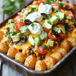 - 1 bag (32 oz) frozen tater tots - 1 cup shredded cheddar cheese - 1 cup shredded Monterey jack cheese - 1 cup cooked ground beef (or turkey) - 1 can (15 oz) black beans, drained and rinsed - 1 cup diced tomatoes (fresh or canned) - 1 jalapeño, sliced (optional for heat) - 1 cup sour cream - 1 avocado, diced - ½ cup sliced black olives - ¼ cup chopped fresh cilantro - 2 tablespoons taco seasoning - Salt and pepper to taste When I prepare Loaded Tailgate Nacho Tater Tot Bake, I focus on using fresh, quality ingredients. The frozen tater tots form a crispy base that everyone loves. The cheeses melt perfectly to create that gooey goodness. I like to use a mix of cheddar and Monterey jack for flavor depth. Adding cooked ground beef or turkey provides protein and heartiness. Black beans boost fiber and taste. The diced tomatoes can be fresh or canned, depending on what you have on hand. If you want a kick, add jalapeños. Now, for toppings: sour cream adds creaminess, while diced avocado gives a fresh touch. Black olives add a nice salty bite, and cilantro brightens the dish. Don't forget the seasoning! Taco seasoning gives it that classic nacho flavor. Adjust salt and pepper to your taste. This mix of ingredients makes each bite exciting and satisfying. You can find the Full Recipe above for detailed instructions! - Preheat oven to 425°F (220°C) - Grease a 9x13 inch baking dish Begin by setting your oven to 425°F (220°C). This temperature gives the tater tots a nice crisp. Next, take your 9x13 inch baking dish and lightly grease it. This step ensures that nothing sticks and makes for easy cleanup later. - Spread tater tots evenly in baking dish - Combine ground beef (or turkey) with taco seasoning - Distribute seasoned meat, black beans, and tomatoes over tater tots Once the oven is ready, it's time to layer the ingredients. Spread the frozen tater tots evenly across the bottom of your greased dish. They should form a nice, even layer. In a bowl, mix your cooked ground beef (or turkey) with taco seasoning. This adds a ton of flavor. Then, distribute the seasoned meat over the tater tots. Next, sprinkle black beans and diced tomatoes on top of the meat. If you like a kick, add sliced jalapeño for some heat. - Layer shredded cheddar and Monterey jack cheese on top - Bake for 25-30 minutes until golden brown and bubbly Now comes the best part: cheese! Layer shredded cheddar and Monterey jack cheese generously over the top. This will melt beautifully. Place the dish in the oven and bake it for 25-30 minutes. You want the tater tots to be golden brown and the cheese to be melty and bubbly. As it bakes, your kitchen will fill with a mouthwatering aroma that will have everyone excited to dig in! To get the best texture, always use frozen tater tots. They hold their shape well and crisp up nicely in the oven. Bake until the cheese is fully melted and bubbly. This ensures a great blend of flavors and the ideal crunch. You can serve the Loaded Tailgate Nacho Tater Tot Bake straight from the dish. Alternatively, you might want to portion it out for easy sharing. For a pop of color, garnish with extra cilantro and jalapeño slices. This makes your dish look great and adds fresh flavor. One common mistake is overcrowding the baking dish. This can lead to uneven cooking and soggy tater tots. Also, don’t skip the seasoning step! Properly seasoning your meat is key to a flavorful dish. Follow these tips to make your bake a hit! {{image_2}} You can make a tasty vegetarian version. Just swap out the ground beef for black beans or lentils. These choices add protein and fiber. You still get that hearty feel without meat. Plus, the spices work great with either option. If you love heat, this variation is for you! Add sliced jalapeños between the layers. They give a nice kick. You can also try spicy cheese varieties. Pepper jack cheese is a great choice. It melts well and adds extra flavor. Feel free to mix things up with toppings. You can use corn for sweetness. Diced bell peppers add crunch and color. Different types of cheese can change the taste too. Try feta or gouda for a unique twist. Experiment to find your favorite combo! To keep your Loaded Tailgate Nacho Tater Tot Bake fresh, store leftovers in an airtight container. Place it in the fridge, and enjoy it within 3 days. This keeps the flavors intact and the dish safe to eat. For best results, reheat your nacho tater tot bake in the oven. Set it to 350°F (175°C) and warm it for about 15 minutes. This way, the tater tots stay crispy and the cheese melts nicely. If you're in a hurry, use the microwave. Heat it on high for 1-2 minutes, checking to see if it’s warm throughout. If you want to save some for later, you can freeze it. Assemble the dish but do not bake it. Wrap it well and freeze for up to 2 months. When you’re ready to eat, bake it from frozen. Just add extra cooking time, around 10-15 minutes, until it's hot and bubbly. Yes, you can assemble the dish and refrigerate it before baking. This makes it easy to serve at a party or gathering. Just remember to bake it when you’re ready to eat. You can serve the nacho tater tot bake with extra toppings. Think about chips, guacamole, or even a fresh side salad. Each adds a nice touch and makes your meal even better. To make this dish gluten-free, check all your ingredients. Ensure that the tater tots, taco seasoning, and any other items are certified gluten-free. This way, everyone can enjoy it without worry. For the complete preparation steps, refer to the detailed Full Recipe section above. It includes every step you need to create this tasty dish. In this blog post, we explored the tasty Loaded Tailgate Nacho Tater Tot Bake. I shared the main ingredients, which include frozen tater tots, cheese, and ground beef. You learned how to layer these ingredients and bake them to perfection. I also offered tips for crispiness and serving ideas. When you try this dish, remember to have fun with it. Mixing in your favorite toppings or variations can make it unique. Enjoy your delicious creation!