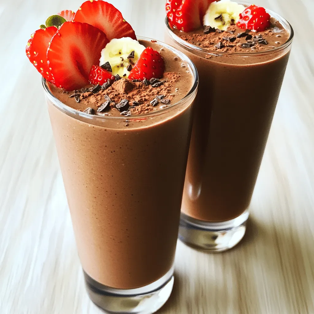 To make a delicious mocha strawberry smoothie, you need the following key ingredients: - 1 cup fresh or frozen strawberries - 1 ripe banana - 1 cup unsweetened almond milk (or any milk of choice) - 1 tablespoon cocoa powder - 1 tablespoon instant coffee granules - 1 tablespoon honey or maple syrup (adjust to taste) - ½ teaspoon vanilla extract - Ice cubes (optional, for a thicker smoothie) These ingredients blend together to create a rich flavor and creamy texture. The strawberries give a fruity taste. The banana adds sweetness and creaminess. Cocoa powder and coffee bring a lovely mocha flavor. Almond milk makes it smooth and light. You can customize your smoothie with these optional ingredients: - Nut butter (like almond or peanut butter) for extra creaminess - Greek yogurt for added protein - Chia seeds or flaxseeds for fiber and healthy fats - Spinach or kale for a green boost Adding these can change the taste and nutrition. Feel free to mix and match based on what you like. Here’s a quick look at the nutrition each key ingredient offers: - Strawberries: Full of vitamins and antioxidants, they support heart health. - Banana: A great source of potassium, it helps with muscle function and energy. - Almond milk: Low in calories and high in vitamin E, it’s good for skin health. - Cocoa powder: Rich in antioxidants, it may boost mood and heart health. - Instant coffee: Provides caffeine for energy and may enhance fat burning. Understanding these benefits helps you appreciate what you're putting in your body. This smoothie is not just tasty but also packed with nutrients. For the full recipe, check out the details above. Start by gathering your ingredients. You need: - 1 cup fresh or frozen strawberries - 1 ripe banana - 1 cup unsweetened almond milk (or any milk of choice) - 1 tablespoon cocoa powder - 1 tablespoon instant coffee granules - 1 tablespoon honey or maple syrup (adjust to taste) - ½ teaspoon vanilla extract - Ice cubes (optional) Wash the strawberries well. If you use frozen strawberries, there is no need to thaw them. Peel the ripe banana and break it into pieces. This makes blending easier. Measure out the almond milk, cocoa powder, and instant coffee granules. You will mix all these tasty ingredients to create a smooth blend. Add all the prepared ingredients to a blender. Start with the almond milk, then add the strawberries, banana, cocoa powder, and instant coffee granules. Next, add the honey or maple syrup and vanilla extract. Blend on high speed. You want the smoothie to be creamy and smooth. If you like a thicker smoothie, toss in a handful of ice cubes. Blend again until the ice breaks down completely. Taste your smoothie. If it needs more sweetness, add a bit more honey or syrup. Blend once more to mix it well. Pour the smoothie into tall glasses. It should look rich and inviting. For a fun twist, top your smoothie with sliced strawberries or a sprinkle of cocoa powder. This makes it look fancy and adds a bit of extra flavor. Enjoy your Mocha Strawberry Smoothie as a snack or a treat any time of day! You can find the full recipe for this delicious drink in the main article. To make a smooth and creamy mocha strawberry smoothie, start with ripe fruit. Fresh or frozen strawberries work well. Use a ripe banana for natural sweetness and creaminess. If your smoothie is too thick, add a splash of almond milk. If it’s too thin, toss in ice cubes. Blend until everything is combined and silky. You can boost the mocha flavor by adding more cocoa powder. Try using dark cocoa for a richer taste. For a sweeter touch, mix in a bit more honey or maple syrup. To give it a twist, add a scoop of peanut butter or almond butter. You can even throw in a handful of spinach for added nutrients without changing the flavor much. One common mistake is not blending long enough. If you stop blending too soon, you may end up with chunks of fruit. Another mistake is using too much sweetener. Always start with a little and taste as you go. Finally, avoid using non-fresh ingredients. Old bananas or wilted strawberries will impact the flavor. For the full recipe, check out the details above. {{image_2}} You can easily make this smoothie vegan. Use almond milk, coconut milk, or oat milk. These options keep it creamy. They also add unique flavors. If you want a richer taste, try coconut milk. It makes the smoothie feel like a treat! If you want less sugar, use stevia or agave syrup. These sweeteners give you a tasty twist. You can also swap honey for maple syrup. It adds a nice depth. For extra flavor, try adding cinnamon or nutmeg. These spices pair well with mocha and strawberries. Want to boost your smoothie? Add spinach or kale for extra greens. They blend well and add nutrients without changing the taste. You can also include chia seeds or flaxseeds for fiber. These tiny seeds pack a big punch. If you want protein, add a scoop of your favorite protein powder. It makes the smoothie filling and keeps you energized. For the full recipe, check out the Mocha Strawberry Delight Smoothie section! After making your mocha strawberry smoothie, you might have some left. Store it in an airtight container. Glass jars work well. Place it in the fridge. Use it within 24 hours for the best taste. If you wait too long, the smoothie may separate. Give it a good shake before drinking. If you have extra smoothies, consider freezing them. Pour the smoothie into ice cube trays or freezer-safe bags. This way, you can enjoy it later. When you want a quick treat, just take out a few cubes. To thaw your frozen smoothie, move it to the fridge for several hours. If you're in a rush, place the container under warm water. Once thawed, blend it again to get a creamy texture. You may need to add a splash of milk to help it blend smoothly. Enjoy your tasty treat! You can use any milk you like. Some good options include soy milk, oat milk, or cow's milk. Each type brings its own flavor. Choose a milk that fits your diet or taste. For a nut-free option, try coconut milk. It adds a nice twist to the smoothie. Yes, you can make this smoothie ahead. Just blend and store it in the fridge for a few hours. It tastes best when fresh, but you can save it for later. If it separates, just give it a quick stir before drinking. For longer storage, freeze it in an airtight container. To reduce sweetness, cut back on honey or syrup. You can also skip the sweetener entirely if you prefer. Add more strawberries or banana instead. These fruits give natural flavor without added sugar. Another option is to use unsweetened cocoa powder. This adds rich taste without the extra sweetness. In this article, we explored how to make a mocha strawberry smoothie. We covered the key and optional ingredients. You learned step-by-step directions for preparation and blending. Tips helped you avoid common mistakes. Feel free to customize the recipe for your taste. Remember, smoothies can fit any diet. With the right storage, you won’t waste any leftovers. Now, grab your ingredients and enjoy your delicious smoothie!