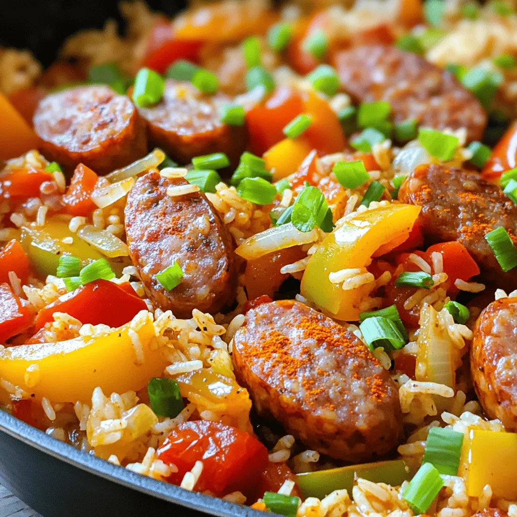 To make a flavorful Cajun Sausage and Rice Skillet, you need these key items: - 1 pound smoked sausage, sliced (you can use chicken or turkey sausage for a healthier option) - 1 cup long-grain rice - 2 cups chicken broth - 1 bell pepper (red or green), chopped - 1 medium onion, diced - 2 cloves garlic, minced - 1 cup diced tomatoes (canned or fresh) - 2 teaspoons Cajun seasoning - 1 teaspoon paprika - ½ teaspoon cayenne pepper (adjust to taste) - 1 cup frozen peas - 2 tablespoons olive oil - Salt and pepper, to taste - Chopped green onions, for garnish These ingredients come together to create a warm, comforting dish that’s packed with flavor. If you want to make this dish lighter, swapping the smoked sausage for chicken or turkey sausage keeps the taste while cutting some fat. Cajun seasoning is the heart of this dish. It brings a mix of herbs and spices that create that classic Cajun flavor. This blend usually includes paprika, cayenne pepper, garlic powder, and other spices. You can adjust the heat by changing the amount of cayenne pepper. If you like it mild, reduce the cayenne. If you want a kick, add more! Using spice blends lets you personalize the dish to your taste. Just remember, the right spice mix makes all the difference in your Cajun Sausage and Rice Skillet. For the Full Recipe, click here! 1. Start by heating the olive oil in a large skillet over medium heat. 2. Slice the smoked sausage into rounds. Add it to the hot skillet. Cook it until browned, about 5-7 minutes. Stir it often to cook evenly. 3. While the sausage cooks, chop the bell pepper and dice the onion. Mince the garlic. This makes it easier to add them later. 4. Once the sausage is browned, remove it from the skillet. Set it aside on a plate. 5. In the same skillet, add the chopped bell pepper, diced onion, and minced garlic. Sauté these for about 3-4 minutes until softened. 6. Measure out the rice and prepare the chicken broth. Have the diced tomatoes and spices ready too. Timing is key. You want the sausage and veggies to cook just right. If you let them cook too long, they may burn. But if you don’t cook them enough, they will be raw. 1. Stir the rice into the skillet with the veggies. Toast it for about 2 minutes. This brings out its flavor. 2. Next, pour in the chicken broth and add the diced tomatoes. Add the Cajun seasoning, paprika, and cayenne pepper. 3. Bring this mixture to a boil. Once boiling, reduce the heat to low. Cover the skillet with a lid. Let it simmer for 15-18 minutes. This allows the rice to cook and soak up the flavors. 4. After the rice is cooked, add the browned sausage and frozen peas back to the skillet. Stir gently to combine. Heat this for another 3-5 minutes. 5. Season with salt and pepper to taste. Adjust the spices if you want more heat. 6. Remove the skillet from heat. Let it sit, covered, for 5 minutes. This helps all the flavors meld together. Using sautéing gives the sausage a nice crust. Simmering allows the rice to absorb the broth, making it flavorful. You can watch the rice cook. It should be fluffy and tender when done. For some visual guidance on this process, I recommend checking out a quick cooking video. Seeing the steps can make it easier to follow along. You can find helpful links on popular cooking sites. For the full recipe, refer to the original instructions mentioned earlier. To make your Cajun Sausage and Rice Skillet shine, focus on your ingredients. Use high-quality smoked sausage for rich flavor. I prefer chicken or turkey sausage for a healthier touch. Fresh vegetables, like bell peppers and onions, add crunch and sweetness. Timing is key for perfect rice. Rinse the rice before cooking to remove excess starch. This helps keep the grains separate and fluffy. Toast the rice in oil for a couple of minutes before adding liquids. This step enhances its flavor and texture. One common mistake is overcooking the rice. Keep an eye on the heat, and don’t lift the lid while it simmers. Letting the steam escape can lead to uneven cooking. Another pitfall is not adjusting the seasoning. Taste your dish before serving. If you like it spicier, add more cayenne pepper or hot sauce. You can also swap out the Cajun seasoning for a milder blend if you want. Always follow the [Full Recipe]. It provides a great guide for your cooking adventure! {{image_2}} You can easily customize the Cajun Sausage and Rice Skillet. If you need a veggie dish, swap the sausage for tofu or tempeh. Use vegetable broth instead of chicken broth for a full vegetarian meal. You can change the meat too. Try shrimp or chicken for a different taste. If you like heat, add more cayenne pepper or some diced jalapeños. For a milder dish, skip the cayenne and use sweet bell peppers. Mix in other veggies like zucchini or corn to add color and nutrients. This dish pairs well with many sides. A simple green salad balances the rich flavors. Serve it with crusty bread to scoop up the rice. You can also try cornbread for a Southern twist. If you have leftovers, make stuffed peppers by filling halved bell peppers with the skillet mix. You can also top nachos with it for a tasty snack or quick meal. Think outside the box and enjoy your Cajun Sausage and Rice Skillet in fun new ways. For the full recipe, check out our detailed cooking guide. To store your Cajun Sausage and Rice Skillet, let it cool first. This helps prevent moisture buildup. Place leftovers in airtight containers. Glass or plastic containers work great. Make sure to seal them well. Store in the fridge for up to four days. If you want to keep it longer, consider freezing it. When you're ready to enjoy your leftovers, you want to heat them well. The best way is on the stovetop. Add a splash of water or broth to keep it moist. Stir occasionally until hot. You can also use the microwave. Place the food in a microwave-safe bowl. Cover it to keep moisture in. Heat in short bursts, stirring in between, until warm. This helps keep the flavors and texture just right. To add more heat, use extra cayenne pepper. You can also try adding sliced jalapeños. For a smoky kick, include a dash of hot sauce. These tips help boost the flavor without losing the dish's essence. Yes, you can make Cajun Sausage and Rice Skillet ahead of time. Cook the dish and let it cool completely. Store it in an airtight container in the fridge for up to three days. When you are ready to eat, reheat it gently on the stove or in the microwave. If you need a substitute for chicken broth, use vegetable broth for a vegetarian option. You can also try beef broth for a richer taste. Water can work in a pinch, but it may lack depth. For a boost, add a splash of soy sauce or herbs. Cajun Sausage and Rice Skillet is a tasty dish full of rich flavors. We covered the key ingredients, including healthier sausage options. You learned about essential spices and how to adjust the heat. I provided step-by-step cooking instructions and tips for an authentic taste. Avoid common mistakes and explore variations to make it your own. Proper storage and reheating keep the dish fresh. Now, you can enjoy a flavorful meal, share with friends, and explore new ingredients. Get cooking, and have fun making it your own!