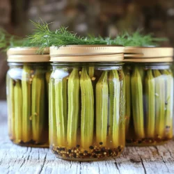 - 1 pound fresh okra, washed and trimmed - 2 cups apple cider vinegar - 1 cup water - 1 tablespoon kosher salt - 2 tablespoons sugar - 2 cloves garlic, peeled - 1 teaspoon black peppercorns - 1 teaspoon coriander seeds - 1 teaspoon dill seeds - 1/2 teaspoon crushed red pepper flakes (adjust for heat) - Fresh dill sprigs (for garnish, optional) When I make pickled okra, I focus on fresh ingredients. Fresh okra shines in this recipe. Look for firm, vibrant pods. They should not be limp. The apple cider vinegar gives the okra its tang. Water helps balance the acidity. For spices, kosher salt adds flavor without being too strong. Sugar balances the tang. Garlic brings depth. I love to add black peppercorns, coriander seeds, and dill seeds. They create a nice flavor mix. Crushed red pepper flakes let you control the heat. You can skip them if you prefer mild pickles. Fresh dill sprigs make a lovely garnish. You can find the full recipe for my pickled okra above. Enjoy the process! Sterilizing the jars Start by cleaning two pint-sized canning jars. Place them in boiling water for ten minutes. This kills germs and keeps your pickled okra safe. After ten minutes, carefully remove the jars and let them cool. Cooking the brine mixture In a medium saucepan, mix two cups of apple cider vinegar, one cup of water, one tablespoon of kosher salt, and two tablespoons of sugar. Heat over medium until it boils. Stir until the salt and sugar dissolve completely. This brine gives the okra its tangy flavor. Adding spices to the brine Once your brine is boiling, add the spices: two cloves of peeled garlic, one teaspoon of black peppercorns, one teaspoon of coriander seeds, one teaspoon of dill seeds, and half a teaspoon of crushed red pepper flakes. Let it simmer for five minutes. This step adds depth and warmth to the brine. Packing the okra into jars Take your fresh, trimmed okra and pack it tightly into the cooled jars. Leave about half an inch of space at the top. This allows the brine to cover the okra fully, ensuring every piece gets flavor. Pouring brine over okra Carefully pour the hot brine over the okra. Make sure each piece is submerged. Leave a little headspace at the top of each jar. This helps with sealing. Sealing the jars and processing options Wipe the rims of the jars with a clean cloth to remove any spills. Place the lids on and screw on the bands until they are fingertip-tight. If you want long-term storage, process the jars in a boiling water bath for ten minutes. If you prefer to refrigerate, let them cool to room temperature first. Enjoy your pickled okra after at least 24 hours for the best taste. For canned okra, store in a cool, dark place for two weeks before eating for the best flavor. For the full recipe, check the details above. To get the best taste from your pickled okra, marinate it for at least 24 hours. This time allows the okra to soak up the tangy brine fully. If you want more heat, add extra crushed red pepper flakes. You can also include sliced jalapeños for a spicy kick. Adjust the heat to your liking by balancing the peppers with the other spices. When canning, always check that your jar seals well. After sealing, press down on the center of each lid. If it pops back, the jar did not seal properly. For safety, process your jars in a boiling water bath for 10 minutes. If you prefer not to can, store your pickled okra in the fridge. It will stay fresh for about a month in an airtight container. Pickled okra pairs well with many Southern dishes. Try serving it alongside fried chicken or collard greens. You can also get creative by adding pickled okra to cocktails like a Bloody Mary. It adds a nice crunch and tang. For appetizers, serve it on a charcuterie board or as a snack. This way, everyone can enjoy its unique flavor! {{image_2}} You can change the flavor of your pickled okra by adding different herbs and spices. Try adding a few bay leaves or mustard seeds for a new twist. You can also play with heat levels. Want it hotter? Add more crushed red pepper flakes or even a sliced jalapeño. If you prefer a hint of sweetness, consider adding a touch of honey or maple syrup. These changes allow you to create a unique taste that suits your mood and meals. For those looking for vegan options, simply skip the sugar or replace it with agave nectar. You can also use a sugar substitute like erythritol or stevia. If you need low-sodium alternatives, use less kosher salt or switch to a low-sodium salt blend. These modifications help everyone enjoy pickled okra without worry about dietary needs. Serving pickled okra can be fun and creative. You can serve them in a colorful bowl or on a charcuterie board. For a charming gift, can them in decorative jars. Wrap the jars with a ribbon or add a personalized label. This makes pickled okra a delightful addition to any table or a thoughtful gift for friends. For the full recipe, check out the details I shared earlier! You can store pickled okra in two main ways: in the fridge or canned. If you keep your pickled okra in the fridge, it stays fresh for a while. Always seal your jars tightly. For canned okra, store them in a cool, dark place. If you notice any bubbles or a foul smell, toss it out. Refrigerated pickled okra lasts about 2 to 3 months. Canned okra can last up to a year if stored well. To extend shelf life, keep jars sealed and away from light. Also, check for any signs of spoilage before you eat. You can reuse jars for pickling, but clean them well first. Start by washing jars in hot, soapy water. Next, sterilize them by boiling for at least 10 minutes. This step helps to avoid germs. Make sure the lids are also clean to ensure a good seal. Pickled okra lasts a long time. If you store it in the fridge, it stays good for about 1 month. If you can it properly, it can last up to a year. Just check for any signs of spoilage before you eat it. Using frozen okra is not ideal for pickling. Frozen okra tends to be soft after cooking. This can lead to mushy pickles. For the best results, always use fresh okra. Fresh okra gives that nice crunch we all love. Pickled okra is quite versatile! You can use it in salads for some zing. It also works great as a garnish for cocktails, like a Bloody Mary. You can even chop it up and mix it into a pimento cheese spread. The tangy flavor adds a fun twist. Absolutely! You can change the brine to suit your taste. If you like it sweeter, add more sugar. For more heat, toss in extra crushed red pepper flakes. You can even try different herbs like thyme or basil. The options are endless! You can find ready-made pickled okra at many stores. Brands like Mt. Olive and B&G Foods offer quality products. You can also check local farmers' markets for homemade options. Many shops sell unique flavors, so explore your area for tasty finds. Pickling okra is simple and fun. We covered fresh ingredients, spices, and preparation steps to ensure tasty results. Remember to adjust spices for your preferred heat. Storage tips help keep your pickled okra fresh longer. Explore variations to match your diet or taste. Use these tips to impress friends with your homemade pickled dishes. Enjoy getting creative as you make unique flavors. Pickled okra can brighten any meal or snack. Embark on this flavorful journey today.