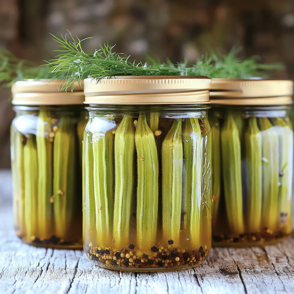 - 1 pound fresh okra, washed and trimmed - 2 cups apple cider vinegar - 1 cup water - 1 tablespoon kosher salt - 2 tablespoons sugar - 2 cloves garlic, peeled - 1 teaspoon black peppercorns - 1 teaspoon coriander seeds - 1 teaspoon dill seeds - 1/2 teaspoon crushed red pepper flakes (adjust for heat) - Fresh dill sprigs (for garnish, optional) When I make pickled okra, I focus on fresh ingredients. Fresh okra shines in this recipe. Look for firm, vibrant pods. They should not be limp. The apple cider vinegar gives the okra its tang. Water helps balance the acidity. For spices, kosher salt adds flavor without being too strong. Sugar balances the tang. Garlic brings depth. I love to add black peppercorns, coriander seeds, and dill seeds. They create a nice flavor mix. Crushed red pepper flakes let you control the heat. You can skip them if you prefer mild pickles. Fresh dill sprigs make a lovely garnish. You can find the full recipe for my pickled okra above. Enjoy the process! Sterilizing the jars Start by cleaning two pint-sized canning jars. Place them in boiling water for ten minutes. This kills germs and keeps your pickled okra safe. After ten minutes, carefully remove the jars and let them cool. Cooking the brine mixture In a medium saucepan, mix two cups of apple cider vinegar, one cup of water, one tablespoon of kosher salt, and two tablespoons of sugar. Heat over medium until it boils. Stir until the salt and sugar dissolve completely. This brine gives the okra its tangy flavor. Adding spices to the brine Once your brine is boiling, add the spices: two cloves of peeled garlic, one teaspoon of black peppercorns, one teaspoon of coriander seeds, one teaspoon of dill seeds, and half a teaspoon of crushed red pepper flakes. Let it simmer for five minutes. This step adds depth and warmth to the brine. Packing the okra into jars Take your fresh, trimmed okra and pack it tightly into the cooled jars. Leave about half an inch of space at the top. This allows the brine to cover the okra fully, ensuring every piece gets flavor. Pouring brine over okra Carefully pour the hot brine over the okra. Make sure each piece is submerged. Leave a little headspace at the top of each jar. This helps with sealing. Sealing the jars and processing options Wipe the rims of the jars with a clean cloth to remove any spills. Place the lids on and screw on the bands until they are fingertip-tight. If you want long-term storage, process the jars in a boiling water bath for ten minutes. If you prefer to refrigerate, let them cool to room temperature first. Enjoy your pickled okra after at least 24 hours for the best taste. For canned okra, store in a cool, dark place for two weeks before eating for the best flavor. For the full recipe, check the details above. To get the best taste from your pickled okra, marinate it for at least 24 hours. This time allows the okra to soak up the tangy brine fully. If you want more heat, add extra crushed red pepper flakes. You can also include sliced jalapeños for a spicy kick. Adjust the heat to your liking by balancing the peppers with the other spices. When canning, always check that your jar seals well. After sealing, press down on the center of each lid. If it pops back, the jar did not seal properly. For safety, process your jars in a boiling water bath for 10 minutes. If you prefer not to can, store your pickled okra in the fridge. It will stay fresh for about a month in an airtight container. Pickled okra pairs well with many Southern dishes. Try serving it alongside fried chicken or collard greens. You can also get creative by adding pickled okra to cocktails like a Bloody Mary. It adds a nice crunch and tang. For appetizers, serve it on a charcuterie board or as a snack. This way, everyone can enjoy its unique flavor! {{image_2}} You can change the flavor of your pickled okra by adding different herbs and spices. Try adding a few bay leaves or mustard seeds for a new twist. You can also play with heat levels. Want it hotter? Add more crushed red pepper flakes or even a sliced jalapeño. If you prefer a hint of sweetness, consider adding a touch of honey or maple syrup. These changes allow you to create a unique taste that suits your mood and meals. For those looking for vegan options, simply skip the sugar or replace it with agave nectar. You can also use a sugar substitute like erythritol or stevia. If you need low-sodium alternatives, use less kosher salt or switch to a low-sodium salt blend. These modifications help everyone enjoy pickled okra without worry about dietary needs. Serving pickled okra can be fun and creative. You can serve them in a colorful bowl or on a charcuterie board. For a charming gift, can them in decorative jars. Wrap the jars with a ribbon or add a personalized label. This makes pickled okra a delightful addition to any table or a thoughtful gift for friends. For the full recipe, check out the details I shared earlier! You can store pickled okra in two main ways: in the fridge or canned. If you keep your pickled okra in the fridge, it stays fresh for a while. Always seal your jars tightly. For canned okra, store them in a cool, dark place. If you notice any bubbles or a foul smell, toss it out. Refrigerated pickled okra lasts about 2 to 3 months. Canned okra can last up to a year if stored well. To extend shelf life, keep jars sealed and away from light. Also, check for any signs of spoilage before you eat. You can reuse jars for pickling, but clean them well first. Start by washing jars in hot, soapy water. Next, sterilize them by boiling for at least 10 minutes. This step helps to avoid germs. Make sure the lids are also clean to ensure a good seal. Pickled okra lasts a long time. If you store it in the fridge, it stays good for about 1 month. If you can it properly, it can last up to a year. Just check for any signs of spoilage before you eat it. Using frozen okra is not ideal for pickling. Frozen okra tends to be soft after cooking. This can lead to mushy pickles. For the best results, always use fresh okra. Fresh okra gives that nice crunch we all love. Pickled okra is quite versatile! You can use it in salads for some zing. It also works great as a garnish for cocktails, like a Bloody Mary. You can even chop it up and mix it into a pimento cheese spread. The tangy flavor adds a fun twist. Absolutely! You can change the brine to suit your taste. If you like it sweeter, add more sugar. For more heat, toss in extra crushed red pepper flakes. You can even try different herbs like thyme or basil. The options are endless! You can find ready-made pickled okra at many stores. Brands like Mt. Olive and B&G Foods offer quality products. You can also check local farmers' markets for homemade options. Many shops sell unique flavors, so explore your area for tasty finds. Pickling okra is simple and fun. We covered fresh ingredients, spices, and preparation steps to ensure tasty results. Remember to adjust spices for your preferred heat. Storage tips help keep your pickled okra fresh longer. Explore variations to match your diet or taste. Use these tips to impress friends with your homemade pickled dishes. Enjoy getting creative as you make unique flavors. Pickled okra can brighten any meal or snack. Embark on this flavorful journey today.