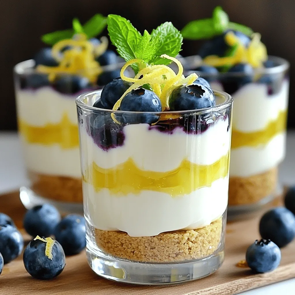- 1 cup crushed graham crackers - 4 tablespoons unsalted butter, melted - 16 oz cream cheese, softened - 1 cup powdered sugar - 1 teaspoon vanilla extract - 1 cup heavy whipping cream - Zest of 2 lemons - 1/4 cup fresh lemon juice - 2 cups fresh blueberries - 2 tablespoons honey (optional) Gathering the right ingredients is key to making the best No Bake Lemon Blueberry Cheesecake Parfaits. Each one plays an important role in flavor and texture. The crushed graham crackers form the base, giving a nice crunch. Melted butter helps bind the crumbs together to create a sturdy crust. Cream cheese adds creaminess, while powdered sugar sweetens the mix. Vanilla extract brings depth and warmth to the flavors. Heavy whipping cream lightens the cheesecake, making it fluffy. Zest and juice from lemons give that bright, fresh taste. Fresh blueberries provide a burst of sweetness and color. If you want extra sweetness, honey is a great choice. - Medium mixing bowl - Electric mixer - Serving glasses or parfait cups - Whisk or spatula Using the right equipment makes cooking easier and more fun. A medium mixing bowl is perfect for your cheesecake filling. An electric mixer helps whip the cream cheese smooth quickly. Serving glasses or parfait cups showcase the layers beautifully. A whisk or spatula makes mixing and folding easy, giving you the best texture. For the full recipe, check out the complete instructions. - First, combine 1 cup of crushed graham crackers and 4 tablespoons of melted butter in a medium bowl. Mix them well until the crumbs are coated. - Next, take your serving glasses or parfait cups. Press the graham cracker mixture into the bottom to form a crust. - In a large bowl, beat 16 oz of softened cream cheese with an electric mixer until smooth and creamy. - Gradually mix in 1 cup of powdered sugar, 1 teaspoon of vanilla extract, the zest of 2 lemons, and 1/4 cup of fresh lemon juice. Blend until everything is well combined. - In a separate bowl, whip 1 cup of heavy cream until stiff peaks form. This step is key for a light and airy texture. - Gently fold the whipped cream into the cream cheese mixture. Be careful not to deflate the cream. - Spoon or pipe a generous layer of the cheesecake mixture over the crust in each glass. - Add a layer of fresh blueberries on top of the cheesecake mix. If you like, drizzle a little honey over the blueberries for extra sweetness. - Repeat these layers until the cups are filled, making sure to finish with a layer of blueberries. - Finally, chill the parfaits in the refrigerator for at least 2 hours. This helps them set and enhances the flavors. After chilling, they're ready to enjoy! For the complete recipe, check out [Full Recipe]. To get the best texture, you must soften the cream cheese. Cold cream cheese is hard to mix. Leave it out for about 30 minutes before mixing. This step helps you achieve a smooth filling. Next, let’s focus on the whipped cream. Whipping it until stiff peaks form creates a light texture. Use a cold bowl and cold beaters for best results. Beat on high speed until the cream thickens and holds its shape. This will keep your cheesecake light and fluffy. Presentation is key to any dessert. I love to garnish my parfaits with fresh mint and lemon zest. This adds color and freshness. The mint gives a nice aroma, and the zest adds a pop of flavor. When choosing serving glasses, look for clear ones. This way, you can see the beautiful layers of cheesecake, blueberries, and crust. Small parfait cups work great for individual servings. They make the dessert feel special. Making these parfaits in advance is a smart move. You can prep the layers the day before. Just assemble and chill them overnight. This allows the flavors to blend well. Store the parfaits in the fridge for up to two days. Use airtight containers to keep them fresh. This way, you can enjoy a delicious dessert ready to serve anytime. For the full recipe, check out the details above. {{image_2}} You can switch up the flavor of these parfaits easily. If you want a change from blueberries, try using raspberries or strawberries. Both fruits add a fresh taste and look great in layers. Another fun option is to add different citrus flavors. You can try lime or orange zest instead of lemon. This change can brighten the taste and create a new twist. For those who need gluten-free options, find gluten-free graham crackers. They work just as well in the crust. You can also use crushed nuts or oats for a unique base. If you are vegan, there are great substitutes for cream cheese and heavy cream. Look for dairy-free cream cheese and whipped coconut cream. These work well and keep the parfaits creamy. To make these parfaits even better, pair them with fruit sauces. A drizzle of raspberry or strawberry sauce adds more flavor and color. You can also serve these parfaits with other desserts. They go well with cookies or brownies, making a fun dessert platter. Enjoy sharing these tasty treats! For the complete recipe, check out the Full Recipe. To keep your No Bake Lemon Blueberry Cheesecake Parfaits fresh, store them in the fridge. They will stay good for about 3 days. Use airtight containers to prevent drying out. I recommend glass jars or plastic containers with lids. These containers help keep the parfaits from absorbing other fridge smells. You can freeze no-bake desserts like these parfaits, but it’s not always best. Freezing can change the texture of the cream cheese and whipped cream. If you do freeze them, wrap each parfait tightly. Use plastic wrap or a freezer-safe container. To serve, thaw the parfaits in the fridge overnight. Once thawed, enjoy them cold for the best taste. These parfaits last up to three days in the fridge. Store them in an airtight container. Keeping them covered helps maintain their fresh taste and texture. Avoid leaving them out at room temperature for too long. If you want to keep them longer, consider freezing them. Yes, you can use low-fat cream cheese. However, the taste and texture may differ. Low-fat cream cheese can be less creamy than regular. This may impact how rich the cheesecake feels. You might need to adjust the sugar to balance the flavors. If you don't like blueberries, try other fruits. Raspberries, strawberries, and blackberries work well. You can also mix different fruits for a fun twist. Consider using peaches or mangoes for a tropical feel. Each fruit adds its unique taste and color. Yes, you can make it dairy-free. Use dairy-free cream cheese and coconut cream instead of heavy cream. Almond or cashew cream can also work well. Ensure that your graham crackers are dairy-free, too. The taste will change slightly, but it can be just as delicious. If you want an alternative crust, use crushed cookies or nuts. Almonds or oats can create a nice base. You can also try coconut flakes for added flavor. Even gluten-free crackers can work if you're avoiding gluten. Each option brings a different taste and texture to the parfaits. For the full recipe, check the detailed instructions included earlier. This blog post shared a simple recipe for No-Bake Lemon Blueberry Cheesecake Parfaits. We covered the main ingredients, needed tools, and steps to create a delicious treat. You learned tips for perfecting texture and ideas for serving. You can easily adjust flavors and accommodate various diets. These parfaits are fun to make and great for sharing. Enjoy your creation and make it your own with different flavors!