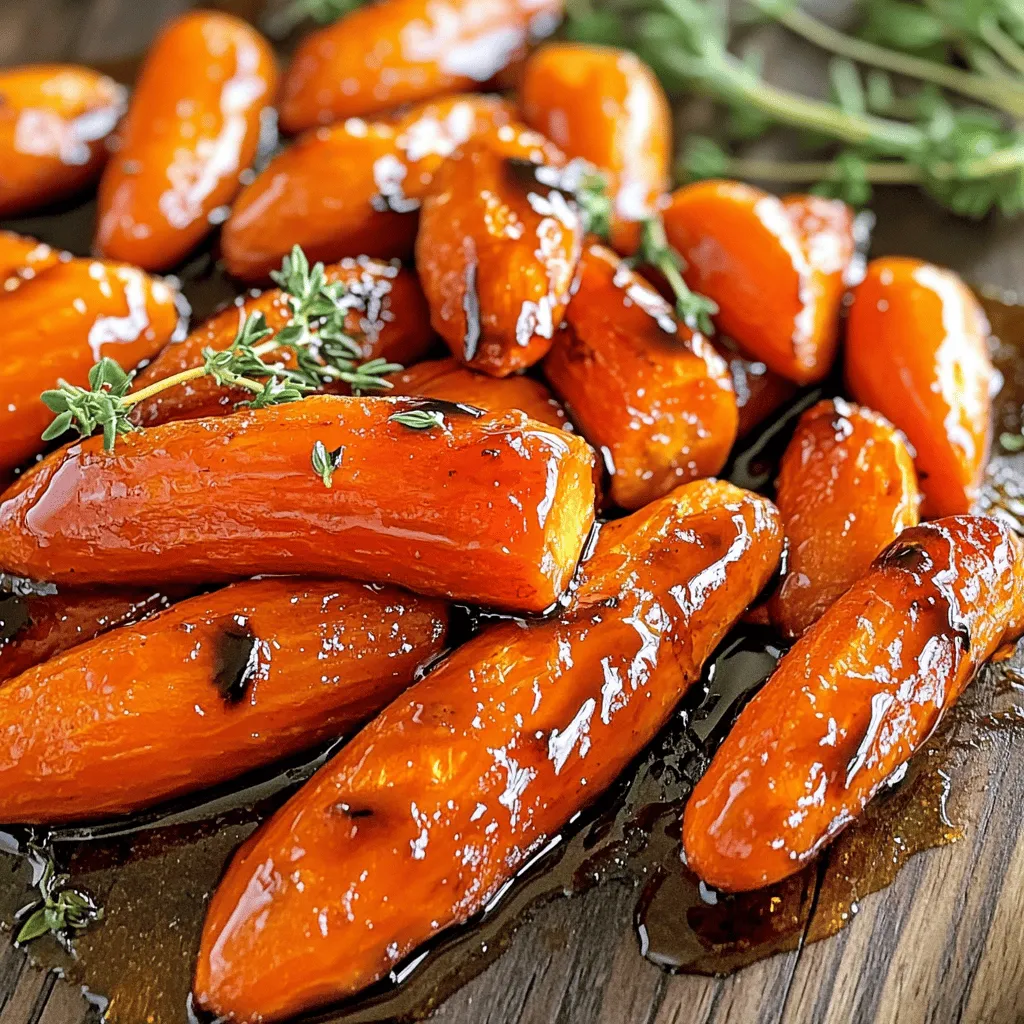 To make Honey Balsamic Roasted Carrots, you need: - 1 pound baby carrots (or regular carrots, peeled and cut into sticks) - 3 tablespoons balsamic vinegar - 2 tablespoons honey - 2 tablespoons olive oil - 1 teaspoon garlic powder - ½ teaspoon salt - ½ teaspoon black pepper - Fresh thyme leaves (for garnish) You can swap baby carrots for regular ones. Just peel and cut them into sticks. Use red or white balsamic vinegar if you want a different taste. Maple syrup can replace honey for a vegan option. Olive oil can be switched with melted butter or avocado oil. Adjust spices to your liking; try adding a pinch of cayenne for heat. While baby carrots are sweet, you can try different types. Rainbow carrots add color and flavor. Purple carrots are tasty and fun. You can also use sweet potatoes or parsnips for a twist. Each type brings its own unique flavor to the dish. Mix and match for a colorful and flavorful side! For the full recipe, check out the [Full Recipe]. First, gather all your ingredients. You need: - 1 pound baby carrots (or regular carrots, peeled and cut into sticks) - 3 tablespoons balsamic vinegar - 2 tablespoons honey - 2 tablespoons olive oil - 1 teaspoon garlic powder - ½ teaspoon salt - ½ teaspoon black pepper - Fresh thyme leaves (for garnish) Next, preheat your oven to 425°F (220°C). In a large bowl, mix the balsamic vinegar, honey, olive oil, garlic powder, salt, and black pepper. Whisk until the mixture is smooth. This step blends the sweet and tangy flavors. Now, add the carrots to the bowl. Toss them well, coating each carrot in the honey-balsamic mix. Make sure every piece gets some flavor. Spread the carrots in a single layer on a baking sheet lined with parchment paper. This helps with cleanup and ensures even cooking. Place the baking sheet in your preheated oven. Roast the carrots for 20-25 minutes. Remember to shake the pan halfway through cooking. This step helps them cook evenly. You want the carrots to be tender and slightly caramelized. The roasting time can vary based on the size of your carrots. Keep an eye on them as they cook. Once done, take the carrots out of the oven. Let them cool for a few minutes. Drizzle any extra sauce from the baking sheet over the carrots. This adds more flavor. For a pop of color and taste, garnish with fresh thyme leaves. Serve these honey balsamic roasted carrots as a side dish. They pair well with meats and grains. Enjoy the sweet and tangy taste in every bite! For the full recipe, check the details above. To get the best roasted carrots, choose fresh ones. Baby carrots work well, but regular carrots taste great too. Peel and cut them into sticks if using regular carrots. This helps them cook evenly. Spread them out on the baking sheet. If they are too close, they will steam instead of roast. For added depth, try using fresh garlic instead of garlic powder. You can also mix in some crushed red pepper for heat. Fresh herbs like rosemary or parsley can brighten the dish. A squeeze of lemon juice right before serving can also lift the flavors. Don't shy away from experimenting; each addition can change your dish's taste. Avoid overcrowding the baking sheet. Too many carrots can lead to uneven cooking. Also, check the oven temperature. If it’s too low, the carrots won’t caramelize as well. Lastly, don’t skip the thyme. It adds a beautiful aroma and taste to the dish. Follow these tips, and you'll create a side dish everyone will love. For the complete cooking process, you can refer to the Full Recipe. {{image_2}} You can switch up the carrots in this recipe. Try using parsnips, sweet potatoes, or beets. Each veg adds its own flavor and texture. For instance, parsnips have a sweet, nutty taste. Beets bring a beautiful color and earthiness to the dish. Just cut them into similar sizes as the carrots for even cooking. Feel free to get creative with spices and herbs. You can add a pinch of cayenne pepper for some heat. Fresh rosemary or oregano can also enhance the flavor. These herbs pair well with the sweet and tangy notes. You might even try adding a bit of cumin for a warm, earthy twist. If you want to change the sweetener, plenty of options exist. Maple syrup works great for a different flavor profile. Agave nectar is also a good choice and is vegan. You can even use brown sugar, but adjust the amount to taste. Each sweetener will give a unique touch to your roasted carrots. For the full recipe, check the section above. After roasting, let the carrots cool completely. Place them in an airtight container. They will stay fresh for about 3 to 5 days in the fridge. If you want to keep them longer, consider freezing. To reheat, you can use the oven or microwave. For the oven, preheat to 350°F (175°C). Spread the carrots on a baking sheet and heat for about 10 minutes. In the microwave, place them in a bowl and cover. Heat in 30-second bursts until warm. To freeze, first cool the carrots. Spread them on a baking sheet in a single layer. Freeze for a few hours until firm, then transfer to a freezer bag. They can last up to 3 months in the freezer. When ready to use, thaw in the fridge overnight before reheating. For the full recipe, refer to the ingredient list. Roast your carrots for 20 to 25 minutes. Check for tenderness by piercing them with a fork. They should be soft and slightly caramelized. This roasting time works well to bring out their natural sweetness. I recommend using fresh carrots for the best flavor. Frozen carrots can turn mushy when roasted. If you must use frozen, thaw them and dry them well before cooking. This will help maintain some of their texture. These roasted carrots pair nicely with many dishes. They go great with grilled chicken, steak, or fish. You can also serve them alongside a hearty grain, like quinoa or rice. They add a sweet touch to any meal. Yes, this recipe is perfect for meal prep. You can roast a big batch and store them. Place them in an airtight container in the fridge for up to four days. Reheat them in the oven or microwave when you're ready to eat. For the full recipe, check out the section above! Roasting carrots is simple and fun. We covered key ingredients, step-by-step instructions, and helpful tips. You learned how to enhance flavors and avoid common mistakes. Explore variations with different veggies and spices. Storing and reheating are easy, ensuring you enjoy your dish later. Remember to adjust cooking times based on your oven and carrot size for best results. Enjoy your delicious roasted carrots as a versatile side dish!