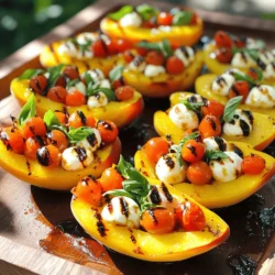 - 4 ripe peaches, halved and pitted - 1 cup fresh mozzarella balls (bocconcini), halved - 1 cup cherry tomatoes, halved - 1/4 cup fresh basil leaves, chopped - 2 tablespoons balsamic glaze - 1 tablespoon olive oil - Salt and pepper to taste For this recipe, you want ripe peaches. They should feel soft but firm. The fresh mozzarella adds a creamy texture. Cherry tomatoes bring a burst of flavor. Basil gives freshness to each bite. The balsamic glaze adds a sweet-tart finish that pairs perfectly with the peaches. You can change the amount of salt and pepper based on your taste. This dish is all about balance. Use good quality olive oil for the best taste. The basil should be fresh and fragrant. You can find it at local markets or grocery stores. This dish is simple yet elegant. It makes a great appetizer or side. You can serve it at a barbecue or a fancy dinner. For the full recipe, check out the detailed instructions. - Preheat your grill to medium heat. - Brush halved peaches with olive oil. First, set your grill to medium heat. This will help cook your peaches evenly. While the grill heats up, take your ripe peaches. Cut them in half and remove the pits. Brush the cut sides with olive oil. This step adds flavor and helps prevent sticking on the grill. - Grill peaches cut side down for 4-5 minutes. - Flip peaches and fill with Caprese mixture. Now it’s time to grill! Place the peach halves on the grill with the cut side down. Grill them for about 4-5 minutes. You want them to have nice grill marks and start to soften. After that, use tongs to flip the peaches over gently. Now, it's time to fill each peach half with your Caprese mixture. This mixture includes fresh mozzarella, halved cherry tomatoes, and chopped basil. - Close grill lid and cook until cheese melts. - Drizzle balsamic glaze before serving. With the peaches filled, close the grill lid. Cook for another 3-4 minutes. You want the cheese to melt and the peaches to become tender. Once done, remove them from the grill and drizzle some balsamic glaze over the top. This adds a sweet and tangy flavor that makes each bite special. Enjoy your Caprese stuffed grilled peaches! For the full recipe, check the details above. To get the best grilled peaches, you need ripe ones. Look for peaches that are slightly soft when you press them. They should have a nice, sweet smell. The size matters too. For medium peaches, grill them for about 4-5 minutes. If your peaches are larger, give them an extra minute. You can add a twist to your Caprese stuffed grilled peaches. Try using feta cheese or goat cheese for a different taste. You can even mix in some chili flakes for heat. When using balsamic glaze, drizzle it generously. It adds a rich flavor that pairs well with the sweetness of peaches. For a beautiful presentation, serve the peaches warm on a large platter. Garnish with fresh basil leaves. This adds color and freshness. Pair your dish with a light white wine, like Pinot Grigio, or a crisp salad. These will complement the rich flavors of the grilled peaches. For more details, check the Full Recipe. {{image_2}} You can switch up the cheese in your Caprese stuffed grilled peaches. Try using feta or goat cheese for a new flavor. Both options add a unique twist and pair well with peaches. You can also mix in different fruits or herbs. Fruits like raspberries or mint can create a fresh taste. Let your imagination run wild! If you want to enjoy this dish year-round, baking is a great option. Set your oven to 375°F (190°C). Place the stuffed peaches in a baking dish. Bake for about 15-20 minutes. You'll still get that warm, gooey cheese. For indoor grilling, a grill pan works well, too. Just heat the pan over medium heat, add the peaches, and cook them as you would on the outdoor grill. You can make this recipe gluten-free and vegan. For a gluten-free option, simply use gluten-free balsamic glaze. To make it vegan, swap mozzarella for a plant-based cheese. You can also replace the balsamic glaze with a mix of olive oil and lemon juice. For low-calorie versions, cut back on the cheese or use low-fat options. These changes keep the dish tasty while fitting your diet. For the full recipe, check the Caprese Stuffed Grilled Peaches section above! To keep grilled peaches fresh, store them in an airtight container. Place parchment paper between layers to avoid sticking. You can refrigerate them for up to three days. If you want to enjoy them later, make sure they cool to room temperature before sealing. To reheat grilled peaches, use a skillet over medium heat. This method warms them through without losing texture. You can also place them in the microwave for 20-30 seconds. If using a microwave, cover them loosely to keep moisture in. Avoid high heat; it can make the peaches mushy. Enjoy your Caprese stuffed grilled peaches warm, as they taste best fresh! For the full recipe, check out the details above. Can I use canned or frozen peaches in this recipe? No, I do not recommend this. Fresh peaches taste best. They have a nice texture and sweetness that canned or frozen peaches lack. Grilling fresh peaches enhances their flavor and gives them a great smoky taste. How do I know when grilled peaches are done? Grilled peaches are done when they are soft and have nice grill marks. This usually takes about 4-5 minutes on each side. You want them to be tender but not mushy. What type of mozzarella works best for this dish? I prefer fresh mozzarella balls, also known as bocconcini. They are soft and creamy. They melt well and pair perfectly with the peaches. You can find them in most grocery stores. Can I substitute balsamic glaze with something else? Yes, you can use a balsamic vinegar reduction if you want. It adds a nice tang. You could also try a honey drizzle for sweetness. Is it necessary to oil the grill grates before grilling? Yes, oiling the grill grates helps prevent sticking. It also gives the peaches a nice char. Just brush some olive oil on the grates before you start grilling. How do I prevent peaches from sticking to the grill? To prevent sticking, brush the cut sides of the peaches with olive oil. This creates a barrier that helps them release easily from the grill. It also adds flavor. Grilling peaches brings a fun twist to summer dishes. You learned about key ingredients, including juicy peaches, creamy mozzarella, and fresh herbs. I provided tips for grilling and suggested ways to enhance flavors. You can store leftovers properly to keep them tasty. Explore different fillings or cooking methods to suit your taste. Feel free to ask questions as you try this recipe. Enjoy your delicious grilled peaches!
