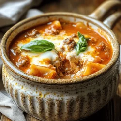 To make the best Crockpot Lasagna Soup, you'll need simple ingredients. Here’s the list: - 1 pound ground beef or Italian sausage - 1 onion, diced - 3 cloves garlic, minced - 1 (28-ounce) can crushed tomatoes - 4 cups beef broth - 1 (15-ounce) can ricotta cheese - 1 (8-ounce) package cream cheese, softened - 1 teaspoon dried oregano - 1 teaspoon dried basil - Salt and pepper to taste - 8 lasagna noodles, broken into pieces - 1 cup shredded mozzarella cheese - Fresh basil leaves for garnish Each ingredient plays a role in creating rich flavor. The ground beef or sausage adds heartiness. Diced onion and minced garlic give a warm base. Crushed tomatoes and beef broth make a tasty soup. Ricotta and cream cheese add creaminess. Dried oregano and basil bring in classic Italian notes. Salt and pepper round out the taste. Remember, lasagna noodles break up easily in the soup. They soak up flavors while cooking. The mozzarella melts perfectly into each bowl, making each bite delightful. Finally, fresh basil leaves on top add a bright touch. For the full recipe, check out Cozy Crockpot Lasagna Soup. It’s a true comfort meal you’ll want to share! - First, brown 1 pound of ground beef or Italian sausage in a skillet over medium heat. - After cooking, drain any extra fat. Add 1 diced onion and 3 minced garlic cloves to the skillet. Sauté these for 3-4 minutes until the onion looks clear. - Next, transfer the meat and veggies to the crockpot. Add a 28-ounce can of crushed tomatoes, 4 cups of beef broth, 1 can of ricotta cheese, and 1 package of softened cream cheese. - Sprinkle in 1 teaspoon of dried oregano, 1 teaspoon of dried basil, and add salt and pepper to taste. Stir everything together. - Cook on low for 6-8 hours or on high for 3-4 hours. This gives all the flavors time to mix. - About 30 minutes before you want to eat, add 8 broken lasagna noodles to the crockpot. Stir them gently into the soup. - Once the noodles cook through, stir in 1 cup of shredded mozzarella cheese. This makes the soup creamy and cheesy. - Serve the soup hot, right from the crockpot. - Garnish each bowl with fresh basil leaves for a pop of color and taste. - You can also serve it with a side of crusty bread or a simple salad for a complete meal. For this cozy lasagna soup, I recommend a 6-quart crockpot. This size works well for the recipe and serves several people. If you have a smaller family, a 4-quart crockpot can still do the job, but you might need to adjust the ingredient amounts. When buying a crockpot, look for these features: - Programmable settings: These let you set cooking times easily. - Keep warm function: This keeps your soup warm until you’re ready to eat. - Removable insert: A removable insert makes cleaning a breeze. If you want to swap out the beef or sausage, try ground turkey or chicken. Both are leaner options and still add great flavor. For a vegetarian version, you can use mushrooms or lentils. For cheese, you can replace ricotta with cottage cheese or tofu for a lighter taste. If you want a creamier texture, mascarpone works beautifully. If you need gluten-free options, use gluten-free lasagna noodles. They cook well in the soup and keep the dish hearty and satisfying. To kick up the flavor, consider adding extra spices like red pepper flakes or smoked paprika. These add depth and warmth to the soup. For a creamier finish, mix in a bit more cream cheese or even a splash of heavy cream just before serving. This small touch makes the soup rich and indulgent. For the full recipe, check out the Cozy Crockpot Lasagna Soup. {{image_2}} You can make a meatless Crockpot Lasagna Soup by skipping the meat. Use plant-based protein, like lentils or mushrooms. These ingredients add great texture and flavor. For a tasty mix, try these vegetables: - Zucchini, diced - Spinach, chopped - Bell peppers, diced - Carrots, shredded These veggies add color and nutrition. They also blend well with the rich broth and cheese. Add some heat to your soup with red pepper flakes or spicy sausage. You can also use spicy Italian sausage for a kick. For more heat, consider these extras: - Jalapeños, diced - Hot sauce, to taste - Chipotle powder for smoky flavor These ingredients make the soup lively and fun. Adjust the spice level to fit your taste. To make a slow carb version, reduce the pasta and add more veggies. Replace traditional noodles with these low-carb options: - Zucchini noodles - Cauliflower rice - Sliced eggplant These swaps keep the meal filling but lower in carbs. You can still enjoy that rich lasagna flavor without the extra pasta. For the best taste, adjust the broth and cheese as needed. Explore the full recipe for more ideas on making this cozy dish! To store leftovers, let the soup cool first. Transfer it to an airtight container. Make sure the lid is on tight to keep air out. You can keep it in the fridge for up to four days. If you want it to last longer, think about freezing it. When you freeze lasagna soup, it stays fresh longer. Use a freezer-safe container or bag. Leave some space at the top for the soup to expand. You can freeze it for up to three months. When you're ready to eat, thaw it overnight in the fridge. To reheat the soup, use a pot on the stove. Heat it over medium heat and stir often. This helps keep the texture nice. You can also use a microwave. Place it in a microwave-safe bowl and heat in short bursts. Stir in between to heat it evenly. Yes, you can use different meats in this recipe. Ground turkey or chicken works well. You can also try Italian sausage for a spicier kick. If you want a richer flavor, use beef. Each option changes the taste, so pick what you like best. Leftovers will last about 3 to 4 days in the fridge. Store the soup in an airtight container. Be sure to let it cool before sealing. If you want to keep it longer, you can freeze it for up to 3 months. Just make sure to label the container. Yes, you can prep this soup in advance. You can chop the veggies and cook the meat a day before. Store them in the fridge until you are ready to cook. This way, you save time on busy days. Add the noodles about 30 minutes before serving for the best taste. This blog post covered a delicious Crockpot Lasagna Soup recipe. We discussed all the ingredients you need, from ground beef to fresh basil. I shared simple steps for cooking, along with tips for choosing a crockpot and ingredient swaps. I also mentioned variations for meatless or spicy options, plus how to store leftovers. Make this soup your own by changing the flavors and ingredients. Enjoy the comfort of a warm bowl, knowing there are many ways to fit it to your taste!