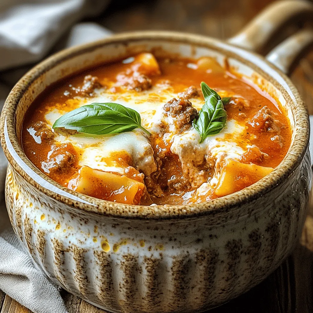 To make the best Crockpot Lasagna Soup, you'll need simple ingredients. Here’s the list: - 1 pound ground beef or Italian sausage - 1 onion, diced - 3 cloves garlic, minced - 1 (28-ounce) can crushed tomatoes - 4 cups beef broth - 1 (15-ounce) can ricotta cheese - 1 (8-ounce) package cream cheese, softened - 1 teaspoon dried oregano - 1 teaspoon dried basil - Salt and pepper to taste - 8 lasagna noodles, broken into pieces - 1 cup shredded mozzarella cheese - Fresh basil leaves for garnish Each ingredient plays a role in creating rich flavor. The ground beef or sausage adds heartiness. Diced onion and minced garlic give a warm base. Crushed tomatoes and beef broth make a tasty soup. Ricotta and cream cheese add creaminess. Dried oregano and basil bring in classic Italian notes. Salt and pepper round out the taste. Remember, lasagna noodles break up easily in the soup. They soak up flavors while cooking. The mozzarella melts perfectly into each bowl, making each bite delightful. Finally, fresh basil leaves on top add a bright touch. For the full recipe, check out Cozy Crockpot Lasagna Soup. It’s a true comfort meal you’ll want to share! - First, brown 1 pound of ground beef or Italian sausage in a skillet over medium heat. - After cooking, drain any extra fat. Add 1 diced onion and 3 minced garlic cloves to the skillet. Sauté these for 3-4 minutes until the onion looks clear. - Next, transfer the meat and veggies to the crockpot. Add a 28-ounce can of crushed tomatoes, 4 cups of beef broth, 1 can of ricotta cheese, and 1 package of softened cream cheese. - Sprinkle in 1 teaspoon of dried oregano, 1 teaspoon of dried basil, and add salt and pepper to taste. Stir everything together. - Cook on low for 6-8 hours or on high for 3-4 hours. This gives all the flavors time to mix. - About 30 minutes before you want to eat, add 8 broken lasagna noodles to the crockpot. Stir them gently into the soup. - Once the noodles cook through, stir in 1 cup of shredded mozzarella cheese. This makes the soup creamy and cheesy. - Serve the soup hot, right from the crockpot. - Garnish each bowl with fresh basil leaves for a pop of color and taste. - You can also serve it with a side of crusty bread or a simple salad for a complete meal. For this cozy lasagna soup, I recommend a 6-quart crockpot. This size works well for the recipe and serves several people. If you have a smaller family, a 4-quart crockpot can still do the job, but you might need to adjust the ingredient amounts. When buying a crockpot, look for these features: - Programmable settings: These let you set cooking times easily. - Keep warm function: This keeps your soup warm until you’re ready to eat. - Removable insert: A removable insert makes cleaning a breeze. If you want to swap out the beef or sausage, try ground turkey or chicken. Both are leaner options and still add great flavor. For a vegetarian version, you can use mushrooms or lentils. For cheese, you can replace ricotta with cottage cheese or tofu for a lighter taste. If you want a creamier texture, mascarpone works beautifully. If you need gluten-free options, use gluten-free lasagna noodles. They cook well in the soup and keep the dish hearty and satisfying. To kick up the flavor, consider adding extra spices like red pepper flakes or smoked paprika. These add depth and warmth to the soup. For a creamier finish, mix in a bit more cream cheese or even a splash of heavy cream just before serving. This small touch makes the soup rich and indulgent. For the full recipe, check out the Cozy Crockpot Lasagna Soup. {{image_2}} You can make a meatless Crockpot Lasagna Soup by skipping the meat. Use plant-based protein, like lentils or mushrooms. These ingredients add great texture and flavor. For a tasty mix, try these vegetables: - Zucchini, diced - Spinach, chopped - Bell peppers, diced - Carrots, shredded These veggies add color and nutrition. They also blend well with the rich broth and cheese. Add some heat to your soup with red pepper flakes or spicy sausage. You can also use spicy Italian sausage for a kick. For more heat, consider these extras: - Jalapeños, diced - Hot sauce, to taste - Chipotle powder for smoky flavor These ingredients make the soup lively and fun. Adjust the spice level to fit your taste. To make a slow carb version, reduce the pasta and add more veggies. Replace traditional noodles with these low-carb options: - Zucchini noodles - Cauliflower rice - Sliced eggplant These swaps keep the meal filling but lower in carbs. You can still enjoy that rich lasagna flavor without the extra pasta. For the best taste, adjust the broth and cheese as needed. Explore the full recipe for more ideas on making this cozy dish! To store leftovers, let the soup cool first. Transfer it to an airtight container. Make sure the lid is on tight to keep air out. You can keep it in the fridge for up to four days. If you want it to last longer, think about freezing it. When you freeze lasagna soup, it stays fresh longer. Use a freezer-safe container or bag. Leave some space at the top for the soup to expand. You can freeze it for up to three months. When you're ready to eat, thaw it overnight in the fridge. To reheat the soup, use a pot on the stove. Heat it over medium heat and stir often. This helps keep the texture nice. You can also use a microwave. Place it in a microwave-safe bowl and heat in short bursts. Stir in between to heat it evenly. Yes, you can use different meats in this recipe. Ground turkey or chicken works well. You can also try Italian sausage for a spicier kick. If you want a richer flavor, use beef. Each option changes the taste, so pick what you like best. Leftovers will last about 3 to 4 days in the fridge. Store the soup in an airtight container. Be sure to let it cool before sealing. If you want to keep it longer, you can freeze it for up to 3 months. Just make sure to label the container. Yes, you can prep this soup in advance. You can chop the veggies and cook the meat a day before. Store them in the fridge until you are ready to cook. This way, you save time on busy days. Add the noodles about 30 minutes before serving for the best taste. This blog post covered a delicious Crockpot Lasagna Soup recipe. We discussed all the ingredients you need, from ground beef to fresh basil. I shared simple steps for cooking, along with tips for choosing a crockpot and ingredient swaps. I also mentioned variations for meatless or spicy options, plus how to store leftovers. Make this soup your own by changing the flavors and ingredients. Enjoy the comfort of a warm bowl, knowing there are many ways to fit it to your taste!