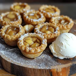 To make these mini muffin tin apple pies, you need some simple ingredients. Here’s the list: - Pre-made or Homemade Pie Crust - Fresh Apples - Brown Sugar - Spices: Cinnamon and Nutmeg - Lemon Juice - All-purpose Flour - Egg for Egg Wash - Optional: Vanilla ice cream or whipped cream for serving Using fresh apples makes a big difference. I love Granny Smith apples for their tartness. They balance well with the sweet brown sugar. You can use a pre-made pie crust to save time. However, making your own crust can add a special touch. If you choose homemade, make sure it is chilled before rolling it out. The spices, cinnamon and nutmeg, create a warm flavor. Just a pinch of nutmeg adds depth. Lemon juice brightens the taste of the apples. It keeps them from browning too. All-purpose flour helps thicken the apple filling. It keeps the filling from being too runny. The egg wash gives a lovely golden color to the crust. It makes the pies look more appealing. When serving, consider adding a scoop of vanilla ice cream or whipped cream. It pairs perfectly with the warm pies, making them even more delightful. For the full recipe, check out the cooking instructions later in the article. 1. Preheat your oven to 400°F (200°C). Grease a mini muffin tin with non-stick spray. This helps the pies come out easily. 2. Roll out the pie crust on a lightly floured surface. Use a round cookie cutter or a glass to cut out small circles. Make sure they fit your muffin tin. 3. Gently press the circles into each muffin cavity. This will form small crusts at the bottom. 4. In a mixing bowl, combine the diced apples, brown sugar, cinnamon, nutmeg, lemon juice, and flour. Stir until the apples are well coated. This mixture will make your filling flavorful. 5. Spoon the apple filling evenly into each muffin tin crust. Fill them about 3/4 full to allow room for bubbling. 6. Optional: Roll out any leftover pie crust. Cut out small stars or hearts to place on top of the filling. This adds a decorative touch. 1. Beat the egg in a small bowl. Brush the tops of the mini pies with the egg wash. This gives them a golden color as they bake. 2. Bake in the preheated oven for 15-20 minutes. Watch closely until the crust is golden brown and the apple filling is bubbling. 1. Remove the muffin tin from the oven. Allow the mini pies to cool for a few minutes. This makes them easier to handle. 2. Carefully remove the mini pies from the tin. Serve warm or at room temperature. You can add a scoop of vanilla ice cream or a dollop of whipped cream. These make great toppings! For the Full Recipe, check the ingredients and detailed steps to make these delightful treats. Selecting the Best Apples For great flavor, I love using a mix of sweet and tart apples. Granny Smith adds a nice tang, while Honeycrisp brings sweetness. You can also try Fuji or Braeburn for a different taste. Adjusting Sweetness and Spices Taste your apples before adding sugar. If they’re sweet, cut back on the brown sugar. For spice, start with a teaspoon of cinnamon and a pinch of nutmeg. You can always add more, but you can't take it out! Tips for a Flakier Crust Keep your pie crust cold. If it warms up, it won’t be flaky. Use cold butter and chill your dough before rolling. Also, don't overwork the dough. Just mix until combined for the best texture. Decorative Serving Ideas Serve your mini pies on a pretty platter. Dust them with powdered sugar for a touch of elegance. You can even arrange them with some fresh apple slices around the edges for color. Using Ice Cream or Whipped Cream Add a scoop of vanilla ice cream or a dollop of whipped cream on the side. The creamy texture pairs well with the warm apple filling. It makes each bite even better! For the full recipe, check out the link above. {{image_2}} Caramel Apple Mini Pies You can add a twist by using caramel. Just drizzle some caramel sauce over the apple filling. Mix it in gently before you fill the crusts. This gives each bite a sweet and rich flavor. Kids and adults love this treat! Nutty Adding: Pecans or Walnuts Chop up some pecans or walnuts for added crunch. Mix them with the apples and spices. This makes the pies more interesting. The nuts give a nice texture and a rich taste. Adding Dried Fruit You can also use dried fruits like raisins or cranberries. They add a chewy texture and extra sweetness. Just mix them into the apple filling. This variation is fun and adds a new flavor layer. Gluten-Free Options If you need a gluten-free option, use gluten-free pie crust. There are many good store-bought choices. You can also make your own using gluten-free flour. This way, everyone can enjoy these mini pies. Vegan Substitutes To make these mini pies vegan, skip the egg wash. Instead, brush the tops with almond milk or a bit of maple syrup. You can also replace the butter in the crust with coconut oil. This keeps the flavor rich while being plant-based. For the Full Recipe, make sure to follow the steps closely for a delightful treat! Room Temperature Storage Store your mini apple pies at room temperature. Place them in an airtight container. They will stay fresh for up to two days. If you want to keep them longer, refrigeration is best. Refrigeration Guidelines For longer storage, keep the mini pies in the fridge. They can last up to a week when stored this way. Make sure to wrap each pie in plastic wrap. This helps keep them moist and fresh. Best Methods for Reheating Reheat your mini apple pies in the oven for the best results. Preheat the oven to 350°F (175°C). Place the pies on a baking sheet and warm them for about 10 to 15 minutes. This method keeps the crust nice and flaky. Tips for Maintaining Crispiness To keep your mini apple pies crispy, avoid microwaving them. If you must use a microwave, heat them for only a short time. This helps prevent the crust from becoming soggy. Enjoy your pies warm, fresh out of the oven! Can I use frozen apples for this recipe? Yes, you can use frozen apples. Just thaw them first. Drain any extra liquid to avoid a soggy crust. Frozen apples work well in pies because they soften during baking. How long do these mini pies last? These mini pies last about 3 days at room temperature. If you store them in the fridge, they can last up to a week. Just keep them in an airtight container to stay fresh. Can I make these ahead of time? Yes, you can make these pies ahead of time. Prepare them, bake, and let them cool. Store them in the fridge. Reheat them in the oven before serving for the best taste. Why did my pie crust shrink? Your pie crust may shrink if it’s too warm when baking. Make sure to chill the dough before rolling it out. If the dough is too wet, it can also shrink. Use the right amount of flour when rolling. How do I prevent the filling from leaking? To prevent leaking, ensure you mix the apples with flour. The flour helps absorb juice. Also, don't overfill the mini crusts. Fill them about 3/4 full for the best results. What drinks pair well with mini apple pies? Mini apple pies pair well with warm cider or vanilla-flavored tea. You can also serve them with a scoop of ice cream. A cup of coffee is a nice choice too. Can I use a different fruit for these mini pies? Absolutely! You can use peaches, cherries, or berries. Just adjust the sugar and spices to match the fruit's natural taste. Each fruit adds a unique twist to the mini pies. In this blog post, we explored how to make delicious mini apple pies. We discussed the best ingredients, step-by-step instructions, and helpful tips for success. You learned about different flavor variations and how to store your pies properly. Mini apple pies are fun to make and share. With practice, your skills will grow. Enjoy baking, and don't hesitate to try new ideas. Bringing joy through food is always worth it!