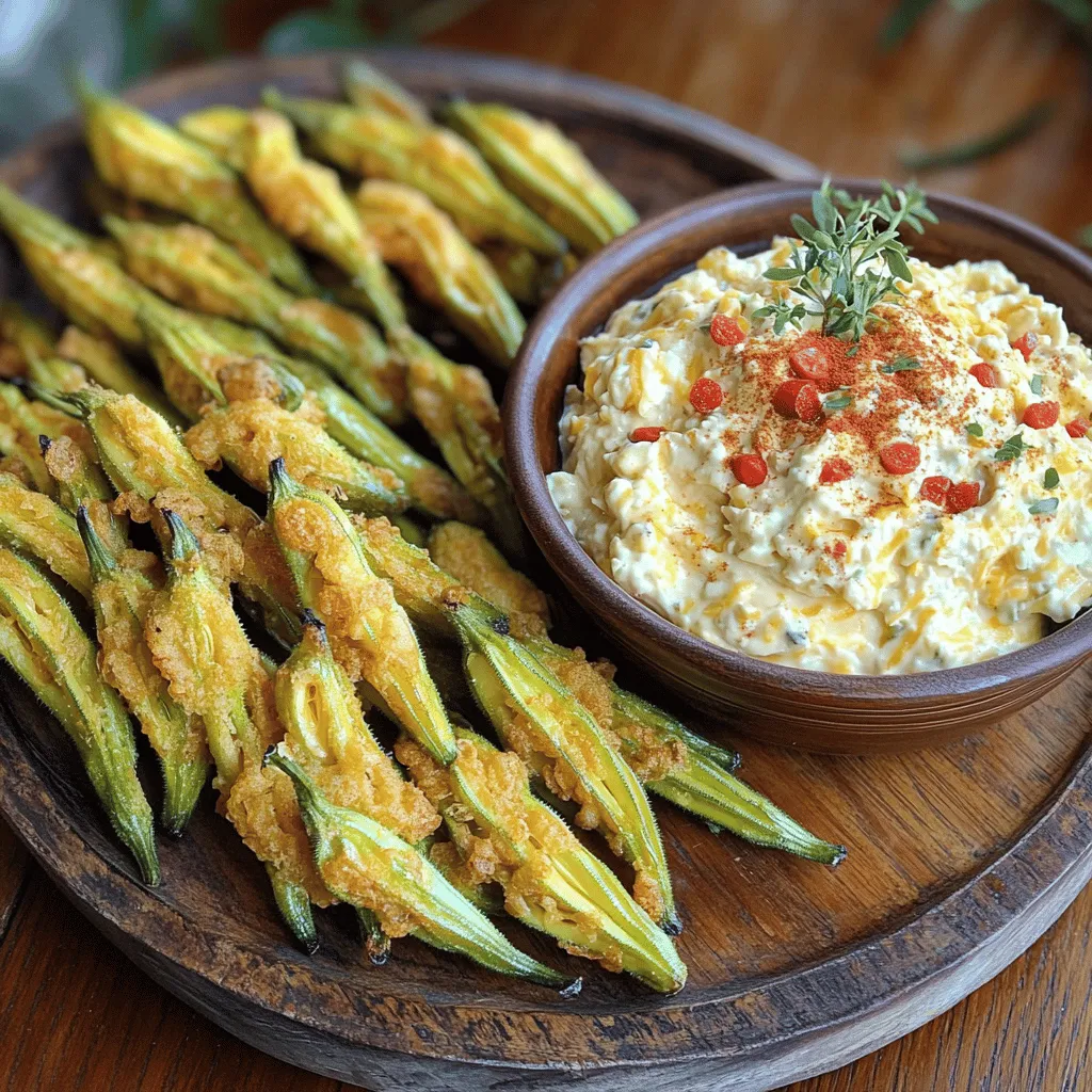 - 1 cup pickled okra - 1 cup buttermilk - 1 cup cornmeal - 1/2 cup all-purpose flour - 1 teaspoon paprika - 1/2 teaspoon cayenne pepper - Oil for frying - 1 cup shredded sharp cheddar cheese - 1/2 cup cream cheese, softened - 1/4 cup mayonnaise - 1/4 cup diced pimentos, drained - 1 tablespoon Worcestershire sauce - 1 teaspoon garlic powder - Use gluten-free flour and cornmeal if needed. - For a vegan version, swap dairy ingredients with plant-based ones. - Adjust spice levels with milder seasonings if desired. Fried pickled okra is a fun dish. The crunch pairs well with creamy pimento cheese. You can find the full recipe above for more details. To make pimento cheese, start by combining all the cheese ingredients in a medium bowl. You need shredded sharp cheddar cheese, softened cream cheese, mayonnaise, diced pimentos, Worcestershire sauce, and garlic powder. Mix these until you have a smooth and creamy texture. After mixing, season with salt and pepper to your liking. Cover the bowl and refrigerate the mixture until it's time to serve. This wait allows the flavors to blend beautifully. Next, set up two stations for the breading. In one bowl, pour your buttermilk. In another bowl, mix cornmeal, all-purpose flour, paprika, cayenne pepper, salt, and pepper. Make sure the dry mixture is well combined. This setup helps with a clean and easy coating process for the okra. When you are ready, dip each pickled okra piece into the buttermilk first. Let any excess buttermilk drip off before dredging it in the cornmeal mixture. Ensure each piece is fully coated, then shake off any extra breading. Now it’s time to fry. Heat oil in a large skillet or deep frying pan. You want the oil to reach about 350°F (175°C). To test if the oil is ready, drop a small pinch of the cornmeal mixture into it. If it sizzles right away, you are good to go. Carefully add the coated okra to the hot oil. Fry in batches to avoid overcrowding, which can lead to soggy okra. Cook each batch for about 3 to 4 minutes, turning occasionally until they are golden brown and crispy. Once fried, use a slotted spoon to remove the okra and place it on a paper towel-lined plate. This step helps drain excess oil and keeps your fried pickled okra crispy. Enjoy with the creamy pimento cheese from the Full Recipe! To get the best crispiness, start with the right oil temperature. Heat the oil to 350°F (175°C). This is key for that perfect crunch. Use a thermometer to check. If you don’t have one, just drop a pinch of the cornmeal mixture in. It should sizzle right away. Time is also important while frying. Fry the okra in batches of 4-6 pieces. This keeps the oil hot and helps them cook evenly. Fry them for about 3-4 minutes until they turn golden brown. Keep an eye on them, turning occasionally. Boost the flavor with spices. Besides paprika and cayenne, try adding garlic powder or even some cumin for a twist. Each spice adds a unique kick. For the pimento cheese, you can mix it up too. Try replacing some cheddar with pepper jack for heat. Or add fresh herbs like chives or dill for a fresh taste. These changes can make the dip even more exciting. Plating matters! Use a bright white plate to make the colors pop. Arrange the fried okra in a circle around a small bowl of pimento cheese. A sprinkle of paprika on the cheese adds a nice touch. For garnishing, consider fresh herbs like parsley or cilantro. You can also add lemon wedges on the side. They give a nice zing when squeezed over the okra. Serve with a side of pickled jalapeños for extra flavor. Enjoy your Fried Pickled Okra with Pimento Cheese Delight! For the full details, check the Full Recipe. {{image_2}} You can choose different ways to cook your okra. Air frying gives you a crispy result with less oil. It takes about 12-15 minutes at 400°F (200°C). Just shake the basket halfway through. Deep frying makes the okra very crispy, but it uses more oil. If you want a lighter option, consider baking. Spread the breaded okra on a baking sheet. Bake at 425°F (220°C) for about 20-25 minutes, flipping halfway. This results in a healthier dish while still being tasty. Pimento cheese can have many flavors. You can switch the sharp cheddar for pepper jack for a spicy kick. Or try gouda for a smoky taste. You might even use a mix of cheeses for depth. Adding herbs can make it unique. Fresh dill or chives can brighten the flavor. Mixing in roasted garlic gives a rich twist. This way, you can customize your pimento cheese to match your mood. The South has many ideas for adding to this dish. You can mix in crumbled bacon for a savory touch. Diced jalapeños or bell peppers can add color and flavor. Try using Old Bay seasoning for a taste of the coast. Or add a blend of Cajun spices for a kick. Each region has its special flair, making this dish versatile. You can create a new favorite every time you make it! To keep fried pickled okra fresh, store it in a single layer. Use a shallow container and place paper towels at the bottom. This helps absorb moisture. Cover the container with a lid or plastic wrap. For pimento cheese, use an airtight container. Make sure it is sealed tight to keep it fresh longer. When reheating fried okra, you want it crispy. The best method is to use the oven. Preheat your oven to 375°F (190°C). Spread the okra on a baking sheet in a single layer. Heat for about 10-15 minutes. Check to see if it's hot and crispy. Avoid using the microwave, as it can make the okra soggy. Fried pickled okra can last about 2 to 3 days in the fridge. Pimento cheese will stay fresh for about 4 to 5 days. Always check for signs of spoilage. If the okra looks dull or has an off smell, it's best to toss it. For pimento cheese, if you see mold or it smells sour, do not eat it. Yes, you can prepare the fried pickled okra before serving. Follow these steps for storage: - Fry the Okra: Cook the okra as per the recipe. - Cool Completely: Let the okra cool on a paper towel. - Store: Place it in an airtight container. - Refrigerate: Keep it in the fridge for up to two days. To reheat, use an oven or air fryer. This way, you will regain some crispiness. Avoid microwaving, as it will make it soggy. If you can't find pickled okra, there are great alternatives: - Pickled Green Beans: They offer a similar crunch and tang. - Pickled Jalapeños: These add heat and flavor. - Crispy Dill Pickles: A classic choice with a familiar taste. These options will provide a similar flavor profile for your dish. Yes, you can easily make a gluten-free version. Here’s how: - Flour Substitutes: Use almond flour or a gluten-free flour blend. - Cornmeal: Make sure it is labeled gluten-free. - Check Ingredients: Ensure all other ingredients are gluten-free, especially sauces. With these adjustments, you can enjoy this dish without gluten! Fried pickled okra with pimento cheese makes a tasty snack. We discussed key ingredients, cooking steps, and variations. You now know how to achieve crispiness and enhance flavors. Remember, you can adapt recipes based on your diet and preferences. Keep the pimento cheese fresh for best taste. Proper storage ensures you enjoy these delights longer. Explore different methods like air frying for a healthier take. Enjoy creating these dishes and impress your friends at your next gathering!