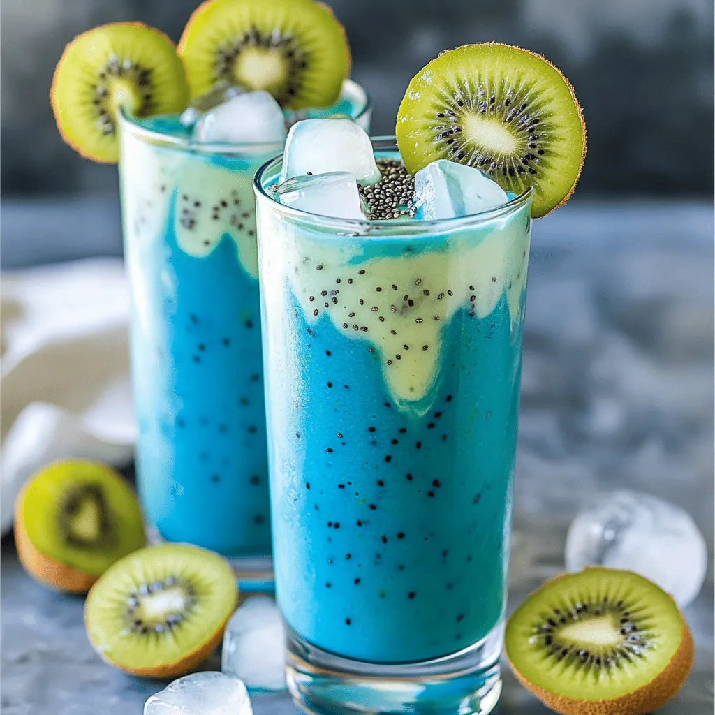 - Ripe mango: peeled and diced - Ripe kiwi: peeled and sliced - Frozen banana: sliced - Coconut milk: or any preferred plant-based milk - Blue spirulina powder: for color and nutrition - Chia seeds: for added health benefits - Sweetener: honey or maple syrup (optional) - Ice cubes: for a refreshing chill Gathering your ingredients is the first step to making a blue spirulina mango kiwi smoothie. Using fresh, ripe fruit makes a big difference in taste. The mango adds sweetness, while the kiwi brings a nice tartness. Blue spirulina powder is not just for color; it packs many nutrients. It gives your smoothie a vibrant blue hue that is visually stunning. Plus, it adds protein and antioxidants. Chia seeds also boost your smoothie’s health benefits. They provide fiber and omega-3 fatty acids. If you like your smoothie a bit sweeter, consider adding honey or maple syrup. You can adjust this to your taste. Ice cubes are optional, but they make your smoothie colder and more refreshing, especially on warm days. For the full recipe, check out the entire section to ensure you have everything ready for a delicious treat. - Step 1: Combine the fruits in a blender. Start with 1 ripe mango, 1 ripe kiwi, and 1 frozen banana. Cut them into small pieces for easy blending. - Step 2: Add coconut milk and blue spirulina. Pour in 1 cup of coconut milk and 1 teaspoon of blue spirulina powder. This gives your smoothie a bright color and boosts nutrition. - Step 3: Incorporate chia seeds and optional sweetener. Add 1 tablespoon of chia seeds. If you like it sweeter, include 1 tablespoon of honey or maple syrup. - Blend until smooth and creamy. Let the blender run on high until all the fruits blend well. - Adjust thickness with additional coconut milk as needed. If your smoothie is too thick, add more coconut milk slowly. - Incorporate ice cubes for colder texture. For an extra chill, toss in a few ice cubes and blend again. - Pour into glasses and garnish with a kiwi slice and chia seeds. This adds a nice touch and makes your smoothie look great. Enjoy your refreshing blue spirulina mango kiwi smoothie right away! To make your smoothie taste even better, consider natural sweeteners like honey or maple syrup. These add a nice touch of sweetness without being too overpowering. You can also play around with the fruit ratios. If you want it sweeter, add more mango. If you like a tangy taste, use a bit more kiwi. Trust your taste buds! For a smooth blend, ensure your fruits are ripe. Ripe fruits blend easier. Start by blending on a low setting. Gradually increase the speed for a creamy texture. If the smoothie feels too thick, add more coconut milk. You can also toss in some ice cubes for a colder drink. This gives it a refreshing chill, perfect for hot days! Blue spirulina is packed with nutrients. It’s rich in antioxidants and can boost energy. This bright blue powder also supports your immune system. Chia seeds are another star ingredient. They provide healthy omega-3 fatty acids and fiber. These tiny seeds help keep you full longer. Together, blue spirulina and chia seeds make this smoothie both tasty and good for you! You can find the full recipe [here](#). {{image_2}} You can switch up the fruits in your smoothie. Try using pineapple or papaya instead of mango. These fruits bring their own sweet and tangy flavors. If you love berries, mix in strawberries or blueberries. They add a vibrant color and a burst of taste. The type of milk you use can change the flavor. Almond milk is nutty and light. Soy milk gives it a creamy texture. Oat milk is smooth and rich, great for a filling smoothie. Choose the milk that matches your taste. Want to boost nutrition? Add superfoods to your smoothie. Maca powder gives energy and a nutty flavor. Protein powder is perfect for a post-workout drink. You can also use flaxseed for added fiber. Just mix in one or two tablespoons to your blend. For the full recipe, check out the [Full Recipe]. To store leftover smoothie, pour it into an airtight container. Glass jars work great. Make sure to seal the lid tightly. This will help keep the smoothie fresh. You can also use plastic containers, but glass is better for taste. If you want to freeze your smoothie, pour it into ice cube trays. This way, you can blend the cubes later. To thaw, just leave them out for a bit. You can also microwave them for quick use. Just be careful not to heat too long. The smoothie stays fresh for up to 24 hours in the fridge. After that, it may lose flavor. If you freeze it, it can last for about one month. Just remember, the sooner you enjoy it, the better it will taste! For the full recipe, check out the original guide. Blue spirulina is a blue-green algae. It comes from a type of cyanobacteria. This superfood is rich in nutrients. It has protein, vitamins, and antioxidants. These nutrients help boost your energy and support your immune system. The bright blue color comes from phycocyanin, a pigment with many health benefits. Blue spirulina may help improve your mood and reduce inflammation. You can easily add it to smoothies, like our Blue Spirulina Mango Kiwi Smoothie. Yes, you can make this smoothie in advance. However, it tastes best when fresh. If you want to prepare it early, store it in the fridge. Use an airtight container to keep it fresh. Shake or stir before drinking. You can also freeze it in ice cube trays. When ready, blend the cubes into a smooth drink. This method keeps the flavors bright and tasty. This smoothie is vegan-friendly. All the ingredients are plant-based. The coconut milk and fruits provide natural sweetness. If you choose maple syrup, it keeps everything vegan. Just avoid honey if you want a strict vegan option. This makes the smoothie a great choice for anyone on a vegan diet. To lower the calories, you can make a few simple swaps. Use less coconut milk or choose a low-calorie milk. You can skip the sweetener or use less. Opt for a smaller banana, too. These changes will not hurt the flavor much. You can still enjoy the creamy goodness of your Blue Spirulina Mango Kiwi Smoothie with fewer calories. There are a few common allergens in this recipe. The smoothie contains coconut milk, which can cause allergies in some people. Chia seeds can also be a concern for others. If you have nut allergies, ensure your plant-based milk is safe. Always check ingredient labels when trying new foods. By being aware, you can enjoy the smoothie without worry. This blog post detailed a vibrant smoothie that packs flavor and nutrition. We listed key ingredients like ripe mango, kiwi, and blue spirulina, plus easy steps for preparation. We shared tips to enhance flavor and achieve the perfect consistency. You can also mix things up with different fruits and milks. In closing, this smoothie is healthy and fun to make. Try it out and enjoy the refreshing taste! Your body will thank you.