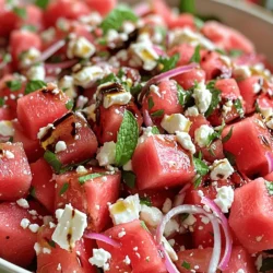For a fresh and tasty Watermelon Feta Salad, gather these key ingredients: - 4 cups of seedless watermelon, cubed - 1 cup of feta cheese, crumbled - ½ cup of fresh mint leaves, chopped - ¼ cup of red onion, thinly sliced - 2 tablespoons of balsamic reduction - 1 tablespoon of olive oil - Salt and pepper to taste These ingredients blend to give you a sweet and salty flavor. The watermelon brings a juicy burst, while the feta adds creaminess. To make the salad, you will need a few simple tools: - A large mixing bowl - A sharp knife - A cutting board - A spatula or wooden spoon These tools help you prepare the salad easily. A sharp knife ensures clean cuts, and a mixing bowl can hold all the ingredients well. Choosing the best ingredients makes your salad shine. Here are some tips: - Watermelon: Look for a heavy, firm melon with a uniform shape. The spot where it rested on the ground should be yellow. - Feta Cheese: Buy creamy, crumbly feta for the best taste. If possible, choose cheese packed in brine. - Mint Leaves: Pick bright green leaves without spots. Fresh mint adds a great aroma. - Red Onion: Choose firm onions with a vibrant color. They should not feel soft or have sprouts. By selecting fresh ingredients, you ensure your Watermelon Feta Salad tastes its best. For the full recipe, check the section above. To start, wash your watermelon well. This step is very important for cleanliness. Next, cut the watermelon into cubes. You want them to be bite-sized. Place these cubes in a large mixing bowl. Now, take the feta cheese and crumble it. Add the crumbled feta cheese to the bowl. This cheese adds a nice salty taste to the sweet watermelon. Now it's time to mix. First, thinly slice the red onion. Add the slices to the bowl for a bit of crunch. Then, chop the fresh mint leaves. The mint adds a bright flavor. Sprinkle the mint into the bowl. After that, drizzle olive oil and balsamic reduction over the mixture. These will give a nice depth to the salad. Gently mix all the ingredients. Use a spatula or wooden spoon to toss. Be careful not to mash the watermelon. You want the pieces to stay whole. Once mixed, season with salt and pepper. Adjust it to your taste. Let your salad sit for about 10 minutes. This time helps the flavors blend well. When you're ready to serve, use a large, shallow bowl. This makes it look beautiful. Garnish with extra mint leaves on top for a pop of color. You can also add more feta for decoration. This salad is not just tasty; it looks great too! For the full recipe, check out the details above. To make your watermelon feta salad pop, focus on balance. The sweet watermelon pairs nicely with salty feta. Fresh mint adds a cool note, while red onion gives a mild bite. For extra depth, try adding a sprinkle of lime juice. This brightens the dish and enhances the flavors. Always taste as you go, adjusting to find what you love. Feel free to tweak the recipe based on your likes. For a sweeter touch, add honey or agave nectar. If you like spice, toss in some diced jalapeño. Prefer a different herb? Basil or cilantro work well too. This salad is all about you and your taste. Don’t hesitate to experiment! Cutting watermelon can be tricky, but here's a simple way. Start by slicing it in half. Then, cut each half into long strips. Finally, cube the strips. This method saves time and gives you even pieces. To keep your prep quick, use pre-crumbled feta. You can also chop mint leaves in a stack for speed. The goal is to enjoy the process and the fresh flavors. For the full recipe, check out the detailed steps and serve up a refreshing delight. {{image_2}} You can boost the texture by adding nuts. I love using toasted walnuts or almonds. They add a nice crunch and flavor. Simply chop them coarsely and sprinkle on top. This small change makes a big difference. Mix in seasonal fruits for extra zest. Berries, peaches, or mango bring vibrant colors and new tastes. Just chop them and fold them gently into the salad. This makes it even more refreshing. Plus, it gives you a chance to use what’s fresh. Feta is great, but feel free to try other cheeses. Goat cheese adds creaminess, while mozzarella gives a mild taste. Just crumble or slice and mix it in. Each cheese brings its unique twist, making your salad exciting every time. For the Full Recipe, check the instructions above and enjoy! Store any leftover watermelon feta salad in an airtight container. This keeps it fresh and safe. Make sure to place it in the fridge right after serving. Avoid leaving it out, as it can spoil quickly. If you have any leftover dressing, store that separately. This way, the salad stays crisp. Watermelon feta salad lasts about three days in the fridge. After that, the watermelon may become mushy. The feta can also lose its flavor. Always check for any signs of spoilage before eating. If it smells off or looks strange, do not consume it. You do not need to reheat this salad. It tastes best cold. However, you can use leftovers in many dishes. Try adding it to wraps or grain bowls. You can also blend it into smoothies for a tasty twist. Just remember to enjoy it while it’s fresh for the best flavor! You can use goat cheese or ricotta for a creamy texture. Both options add a unique flavor. If you want a dairy-free option, try using crumbled tofu mixed with lemon juice. This works well in salads. Yes! You can prep the salad a few hours before serving. Just keep the dressing separate until you’re ready to serve. This keeps the salad fresh and crunchy. This salad is low in calories and packed with nutrients. Watermelon hydrates you, while feta offers protein. Mint adds vitamins, and onions provide antioxidants. It's a tasty way to enjoy healthy ingredients. Absolutely! This salad is great for meal prep. Just store it in airtight containers. It stays fresh for up to three days. Just remember to add the dressing before eating. Good news! This salad is naturally gluten-free. All the ingredients, like watermelon and feta, are safe. Just ensure that any added dressings are also gluten-free. Always check labels to be sure. For the complete recipe, check out the [Full Recipe]. Watermelon Feta Salad is easy to make and delicious. We explored key ingredients, tools, and tips to find fresh items. The steps to prepare and mix the salad bring bright flavors together. With variations, you can customize it to your liking. Plus, proper storage keeps leftovers fresh longer. Enjoy this simple dish for a healthy boost. Make it your own, and share it with friends. You'll love how refreshing it is!