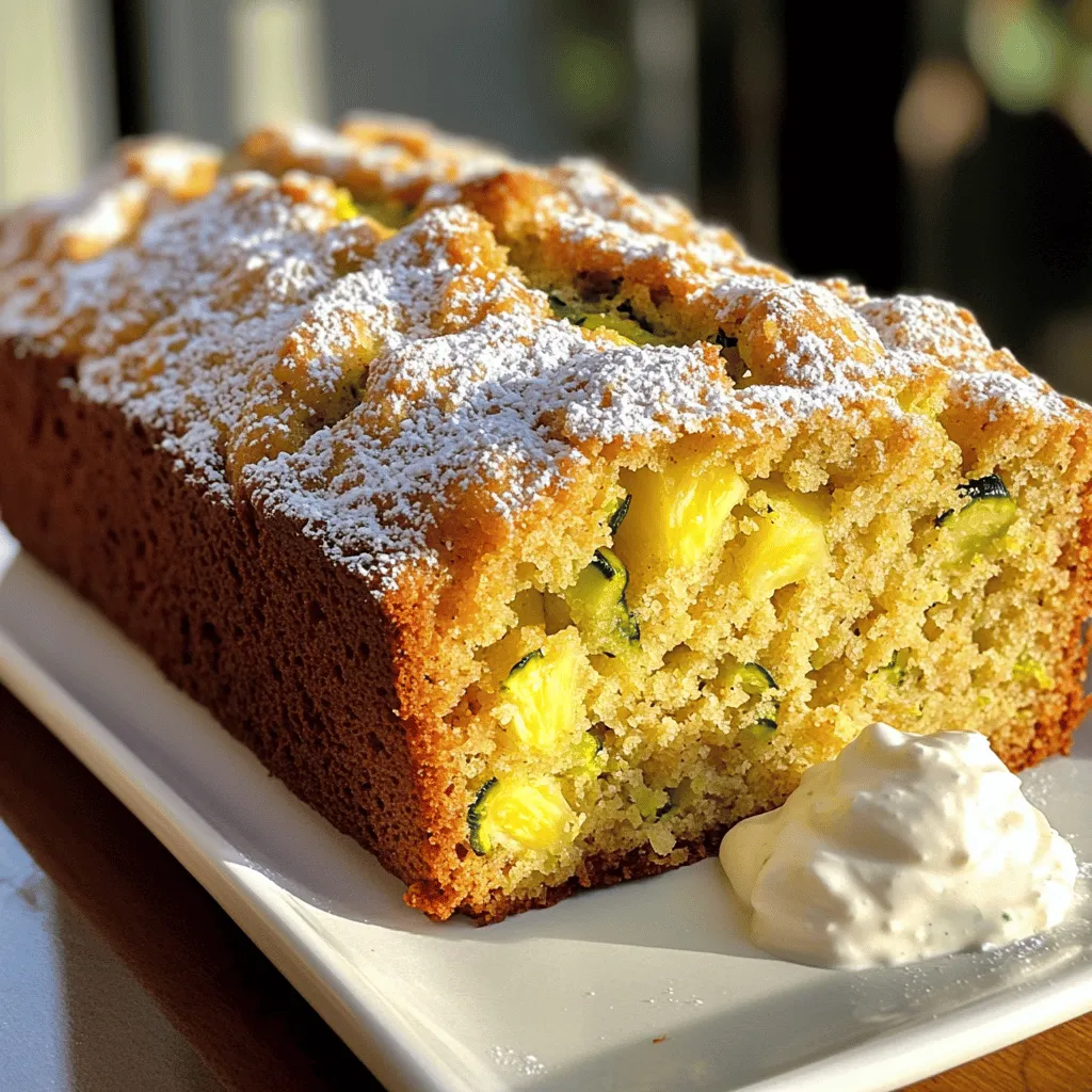 To make Pineapple Zucchini Bread, you'll need simple and fresh ingredients. Here’s what you should gather: - 1 cup grated zucchini (about 1 medium zucchini) - 1 cup crushed pineapple in juice, drained - 1/2 cup unsweetened applesauce - 1/2 cup brown sugar, packed - 1/4 cup granulated sugar - 1/3 cup vegetable oil - 2 large eggs - 1 teaspoon vanilla extract - 1 1/2 cups all-purpose flour - 1 teaspoon baking soda - 1/2 teaspoon baking powder - 1/2 teaspoon salt - 1 teaspoon ground cinnamon - 1/2 teaspoon ground nutmeg - 1/2 cup chopped walnuts or pecans (optional) These ingredients come together to create a moist and flavorful bread. The zucchini adds moisture, while the pineapple gives a sweet and tangy twist. Applesauce helps keep the bread soft. The combination of spices makes each bite special. If you want to try the recipe, check out the Full Recipe. Enjoy the process as you create this delicious treat! 1. Preheat your oven to 350°F (175°C). This step is key for even baking. 2. In a large mixing bowl, mix the wet ingredients. Combine the grated zucchini, crushed pineapple, and applesauce. Add the brown sugar, granulated sugar, vegetable oil, eggs, and vanilla extract. Stir until everything blends well. 3. In another bowl, combine the dry ingredients. Whisk together the flour, baking soda, baking powder, salt, cinnamon, and nutmeg. This helps the bread rise well and adds flavor. 1. Gradually add the dry ingredients to the wet mixture. Stir gently until just combined. The batter should remain slightly lumpy. 2. To avoid overmixing, use a folding motion. This keeps the bread light and fluffy. 1. Pour the batter into the greased loaf pan. Spread it evenly for a nice rise. 2. Bake in the preheated oven for 50-60 minutes. Check doneness by inserting a toothpick in the center. If it comes out clean, your bread is ready! For the full recipe, follow along with the steps above. Enjoy the delightful taste of pineapple zucchini bread! To get the best texture, follow these steps: - Use fresh zucchini. Grate it just before mixing. - Drain the pineapple well. Too much juice makes the bread soggy. - Mix dry and wet ingredients separately. This helps avoid lumps. - Do not overmix the batter. A few lumps are fine. Common mistakes can ruin your bread: - Overbaking can dry it out. Check with a toothpick at 50 minutes. - Skipping the greasing step can lead to sticking. Always prepare your pan. - Forgetting to drain the pineapple leads to extra moisture. This affects the rise. You can enhance your bread with fun add-ins: - Nuts like walnuts or pecans add crunch. Use about 1/2 cup. - A dash of ginger or cloves can boost flavor. Use these spices sparingly. - Try adding chocolate chips for a sweet twist. They make every bite fun. Serving Pineapple Zucchini Bread can be fun for any occasion: - For breakfast, serve warm with butter. It’s a cozy start to the day. - At a brunch, slice and arrange on a platter. Dust with powdered sugar for flair. - Pair it with coffee or tea for a lovely afternoon snack. It complements both drinks well. For a special touch, serve with cream cheese spread. It adds creaminess and richness to each slice. {{image_2}} You can swap some ingredients to suit your taste. If you want to replace the sugars, use honey or maple syrup. They add a nice flavor and sweetness. You can also try coconut sugar for a different taste. If you need a gluten-free option, use almond flour or a gluten-free blend. Just make sure to check the measurements. Gluten-free flour can change how your bread rises. Feel free to change fruits based on the season. In summer, try adding fresh berries. In fall, apples or pears can add a lovely taste. Just adjust the moisture by adding less pineapple. You can also spice it up with seasonal spices. Nutmeg and cinnamon work great in fall. In winter, add ginger or cloves for warmth. These changes keep your bread exciting all year long. You can store pineapple zucchini bread in two main ways: at room temperature or in the fridge. If you choose the room temperature method, wrap the bread in plastic wrap. This keeps it moist and fresh. Make sure to place it in a cool, dry area. If you prefer refrigeration, place the wrapped bread in the fridge. This method extends its freshness but can make the bread denser. For long-term storage, freezing is the best option. Wrap the cooled bread tightly in plastic wrap and then in aluminum foil. This prevents freezer burn. It can stay fresh in the freezer for up to three months. Pineapple zucchini bread will last about 3 to 5 days at room temperature. In the fridge, it can last up to a week. To check for spoilage, look for changes in smell or texture. If the bread becomes very dry or develops mold, it’s time to toss it. By following these storage tips, you can enjoy your delicious pineapple zucchini bread longer! For the full recipe, be sure to check out the details above. Can I use fresh pineapple instead of canned? Yes, you can use fresh pineapple. Just chop it finely and squeeze out the juice. This will add a fresh taste to your bread. You might need to adjust the sugar since fresh pineapple can be less sweet than canned. How can I make it vegan? To make this bread vegan, swap the eggs for flax eggs. Mix one tablespoon of ground flaxseed with three tablespoons of water for each egg. Let it sit until it thickens. You can also use a plant-based oil for the same great flavor. What to do if the bread is too moist? If your bread is too moist, try adding a bit more flour next time. You can also drain the pineapple better. This will help balance the moisture. Baking it a little longer can also help dry it out. Tips if it doesn’t rise properly If your bread does not rise, check your baking powder and soda. They should be fresh and active. Also, don’t overmix the batter. This can make the bread dense and heavy instead of light and fluffy. Calories per slice Each slice of Pineapple Zucchini Bread has about 150 calories. This makes it a tasty snack without too many calories. Breakdown of carbs, fats, and proteins - Carbohydrates: 22 grams - Fats: 6 grams - Protein: 2 grams These numbers can change based on any add-ins or swaps you make in the recipe. Enjoy the bread while keeping an eye on these values! This blog post covers all you need for delicious zucchini bread. You learned about key ingredients, step-by-step instructions, and handy tips. We explored ways to customize your recipe with add-ins and variations. You now know the best ways to store your bread, ensuring it stays fresh. Finally, I answered common questions and offered solutions to potential issues. With this knowledge, you are ready to bake a tasty, moist loaf. Enjoy the process and the results!