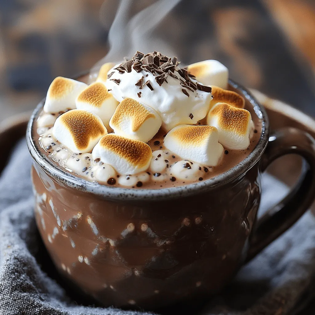 To make my toasted marshmallow hot cocoa, you need: - 2 cups milk (whole or your choice of milk alternative) - 2 tablespoons cocoa powder - 2 tablespoons sugar (adjust to taste) - 1 teaspoon vanilla extract - Pinch of salt - 1 cup marshmallows (mini or regular) - Whipped cream (optional, for topping) - Chocolate shavings or cocoa powder (for garnish) These ingredients blend together to create a rich, creamy drink. The cocoa powder gives the drink its chocolatey flavor, while the sugar adds sweetness. The vanilla extract enhances the taste, making every sip delightful. If you want to try something different, consider these milk alternatives: - Almond milk - Oat milk - Soy milk - Coconut milk Each option adds its unique flavor. For example, almond milk offers a nutty taste, while coconut milk adds a hint of tropical sweetness. Feel free to experiment until you find your favorite! You can make your hot cocoa even more special with these toppings: - Whipped cream - Chocolate shavings - Extra marshmallows - A sprinkle of cinnamon These extras add texture and flavor. Whipped cream brings a creamy touch, while chocolate shavings give a rich finish. You can customize your drink to match your taste! Try different combinations to find what you love best. For the full recipe, check out the Toasted Marshmallow Hot Cocoa recipe. Enjoy crafting your perfect cup! To start, I heat 2 cups of milk in a saucepan. I set the heat to medium-low. This warms the milk but does not let it boil. I stir it often to keep it from scalding. In a small bowl, I mix 2 tablespoons of cocoa powder, 2 tablespoons of sugar, and a pinch of salt. Once the milk is warm, I add this dry mix. I whisk it until it’s smooth and fully mixed. Next, I stir in 1 teaspoon of vanilla extract. After that, I remove the saucepan from the heat. Now, I prepare to toast the marshmallows. I preheat my broiler to high. I place my marshmallows on a baking sheet lined with parchment paper. I keep an eye on them while they broil for 1-2 minutes. The goal is to get them golden brown and toasted. It's essential to watch closely so they don’t burn. Once they look perfect, I take them out and let them cool a bit. I pour the hot cocoa into mugs. If I want, I add whipped cream on top. Then, I carefully place the toasted marshmallows right on top. For a final touch, I sprinkle some chocolate shavings or a light dusting of cocoa powder. This extra step makes the drink look fancy and fun. Enjoying this hot cocoa is a delightful treat, perfect for cozy days! You can find the full recipe for this delicious drink and make it at home. To get that perfect toasted flavor, use fresh marshmallows. Their texture and taste make a big difference. Place them on a baking sheet lined with parchment paper. The parchment helps prevent sticking. Broil them until they turn golden brown. Keep a close eye on them! They can go from brown to burnt in seconds. If you like a smoky taste, try adding a bit of smoked sea salt to your hot cocoa. Sweetness can make or break your cocoa. Start with 2 tablespoons of sugar. You can always add more if needed. If you want richer chocolate, use dark cocoa powder. This adds depth to your drink. For a milder flavor, use less sugar or a sweetener like honey. Taste as you go to find your perfect balance. For this recipe, you’ll need just a few tools: - A medium saucepan for heating milk - A whisk to mix your cocoa and sugar - A baking sheet for toasting marshmallows - Measuring cups and spoons for accuracy - Mugs for serving With these tools, you can easily whip up this cozy drink. Enjoy the process! {{image_2}} You can use many kinds of marshmallows in your hot cocoa. Mini marshmallows melt quickly and mix well. Regular marshmallows give a nice, chewy bite. If you want a twist, try flavored marshmallows like chocolate or strawberry. Each type adds its own fun taste and texture to your drink. Flavored syrups can take your hot cocoa to a new level. A splash of peppermint syrup gives it a wintery feel. Hazelnut or caramel syrup adds a rich taste. You can also use extracts. A drop of almond or orange extract brings a unique twist. Experiment with flavors that you love. If you want a dairy-free version, use plant-based milk. Almond, oat, or coconut milk works great. For creaminess, try adding a bit of coconut cream. You can still enjoy a rich and tasty drink without dairy. Just follow the Full Recipe and swap the milk as needed. After you make your toasted marshmallow hot cocoa, you might have some left. You can store it in an airtight container. Let it cool to room temperature first. Then, place it in the fridge. It stays fresh for about 3 days. When you want to enjoy it again, you can heat it up. To reheat your hot cocoa, pour it into a saucepan. Heat it on low. Stir often to keep it smooth. You can also use a microwave. Heat it in 30-second bursts. Stir well after each burst. This way, it warms evenly and does not scorch. You can freeze hot cocoa for later. Pour it into ice cube trays or a freezer-safe container. Once frozen, it can keep for up to 2 months. When you're ready to use it, thaw it in the fridge overnight. Then, reheat it as mentioned above. This method is great for quick treats on cold days. For the full recipe, check out the Toasted Marshmallow Hot Cocoa section. Yes, you can prepare the cocoa mix ahead. Just store the warm cocoa in a sealed container. Keep it in the fridge for up to two days. When ready to serve, heat it gently on the stove. Make sure to stir well to mix any settled cocoa. Toast the marshmallows fresh for the best taste. This keeps them soft and gooey on top. I recommend using unsweetened cocoa powder for this hot cocoa. It gives a rich chocolate flavor without being too sweet. Look for high-quality brands that use pure cocoa beans. Dutch-processed cocoa offers a smoother taste and darker color. Both options work well, so choose what you like best. To make this recipe vegan, simply swap the milk for a plant-based milk. Almond, oat, or coconut milk are great choices. Use vegan marshmallows instead of regular ones. Most brands offer delicious vegan options. This way, you still enjoy a creamy and rich hot cocoa. It’s a great treat for everyone! For the complete recipe, check the [Full Recipe]. Toasted marshmallow hot cocoa offers warm comfort and joy. We explored key ingredients, milk options, and tasty toppings. You learned the steps for a perfect cocoa and how to toast marshmallows just right. Tips helped you adjust sweetness and discover the right tools. Variations keep things fun, whether you want flavored syrups or a dairy-free treat. Finally, storage info ensures your leftovers last. Enjoy creating your own delicious moment!
