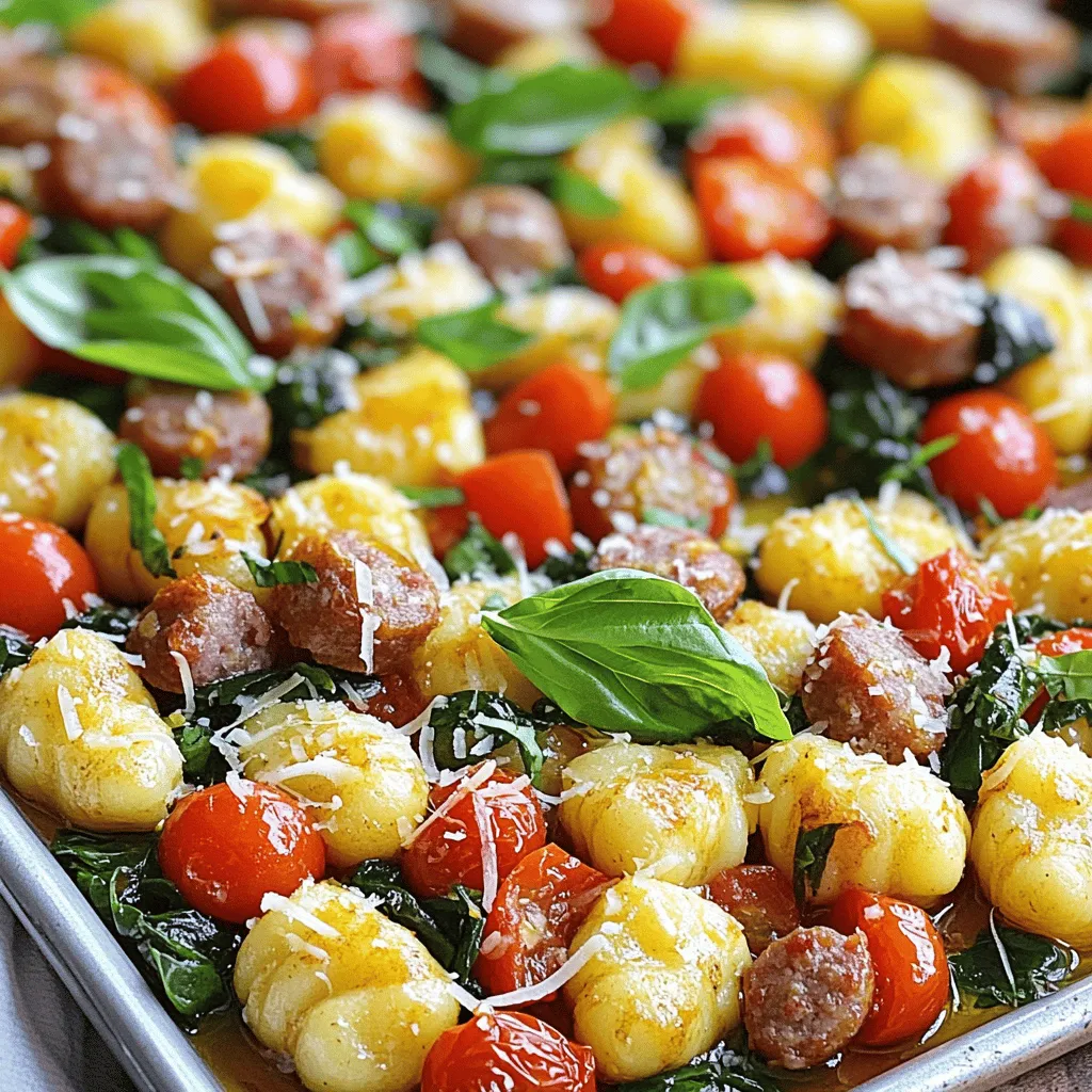 This dish combines gnocchi with sausage, fresh veggies, and rich flavors. It’s simple yet tasty. You can make it in just one pan. The meal is colorful and full of life. - 1 pound shelf-stable gnocchi - 1 pound Italian sausage (mild or spicy, casing removed) - 1 cup cherry tomatoes, halved - 1 red bell pepper, diced - 2 cups fresh spinach - 4 cloves garlic, minced - 2 tablespoons olive oil - 1 teaspoon Italian seasoning - Salt and pepper to taste - Grated Parmesan cheese for garnish - Fresh basil leaves for garnish Each ingredient adds a unique touch. The gnocchi gets crispy, while the sausage brings savory depth. Cherry tomatoes burst with sweetness, and spinach adds a fresh note. Garlic and Italian seasoning tie it all together. You can play with the recipe to match your taste. Here are some ideas: - Use turkey or chicken sausage for a lighter option. - Swap out bell pepper for zucchini or mushrooms. - Add olives for a briny kick. - Toss in some red pepper flakes for heat. These options let you create your own flavor blast. The Full Recipe gives you the steps to make this delicious dish. Start by preheating your oven to 425°F (220°C). This step is key for getting a crisp finish. While the oven heats, grab a large baking sheet. Use one that has raised edges to keep everything in place. A non-stick surface works best, but parchment paper can help too. Now, let's get to mixing. On your baking sheet, spread out 1 pound of shelf-stable gnocchi. Next, add 1 pound of Italian sausage with the casing removed. I prefer using mild sausage, but spicy works great too! Then, toss in 1 cup of halved cherry tomatoes and 1 diced red bell pepper for color and flavor. Drizzle 2 tablespoons of olive oil over the mix. This will help everything roast nicely. Now, sprinkle 4 cloves of minced garlic and 1 teaspoon of Italian seasoning on top. Don’t forget to add salt and pepper to taste. Using your hands, toss everything together. Make sure each piece is well-coated with oil and spices. This step ensures all the flavors blend beautifully while baking. Once everything is mixed, it’s time to bake. Place the sheet in your preheated oven and set your timer for 20-25 minutes. Halfway through, give the mixture a good stir. This helps the gnocchi and sausage cook evenly. You want the sausage cooked through and the gnocchi golden and crispy. When the timer goes off, check for doneness. If it looks good, pull it out and add 2 cups of fresh spinach. Toss the spinach in with the hot ingredients until it wilts. This adds freshness and color to the dish. Now, you’re ready to serve! Top your creation with grated Parmesan cheese and fresh basil leaves for that finishing touch. Enjoy each bite of this flavorful feast! For the complete recipe, check the Full Recipe section. To get that great crisp, start with a hot oven. Preheat it to 425°F (220°C). Spread the gnocchi out evenly on the sheet. This helps them cook well. Toss them with oil and seasoning before baking. Halfway through, remember to stir. This ensures every piece gets that nice, golden crunch. Want to take the taste up a notch? Add fresh herbs like rosemary or thyme. They bring out the best in the sausage and veggies. A squeeze of lemon juice at the end brightens the dish. You can also try a sprinkle of red pepper flakes for heat. Mix and match what you love best! Avoid overcrowding the pan. If the gnocchi and sausage are too close, they steam instead of roast. This makes them less crispy. Also, don't skip the oil. It helps with browning and flavor. Lastly, always check your sausage is cooked through. Use a meat thermometer if needed. Aim for 160°F (70°C) for safety. {{image_2}} If you want a vegetarian twist, swap the sausage for plant-based protein. Options like lentils, chickpeas, or veggie sausage work great. They add texture and flavor. You can still enjoy the same rich taste. Just remember to adjust the cooking time. Make sure everything cooks through. Feel free to mix and match your veggies. Zucchini, eggplant, or mushrooms can all shine in this dish. Each adds its own flavor and texture. You can even try using seasonal veggies for freshness. Just chop them up and toss them in. They will roast beautifully alongside the gnocchi. If you love heat, add red pepper flakes or diced jalapeños. They can elevate the dish to a new level. Just a pinch can add an exciting kick. You can also try spicy Italian sausage if you want more flavor. Adjust the heat level to fit your taste. Enjoy the bold flavors and have fun with it! For the complete cooking process, check the Full Recipe. To store your leftovers, wait until the dish cools. Then, place the gnocchi and sausage in an airtight container. This keeps the flavors fresh and prevents drying out. Store it in the fridge for up to three days. When you’re ready to enjoy your leftovers, use the oven for the best taste. Preheat your oven to 350°F (175°C). Spread the gnocchi and sausage on a baking sheet. Heat for about 15-20 minutes until warm. This method keeps the gnocchi crispy. If you want to freeze the dish, it’s simple! Place the cooled gnocchi and sausage in a freezer-safe container. It can last up to three months in the freezer. When ready to eat, thaw it overnight in the fridge before reheating. For the best taste, I recommend eating it fresh, but freezing works too! Check out the Full Recipe for more details. You can use potato dumplings or pasta for gnocchi. Both options work well. You can also try store-bought alternatives like tortellini or ravioli. These substitutes will alter the taste, but they’ll still be delicious. Yes, you can use frozen sausage and vegetables. Just remember to thaw the sausage first. This ensures it cooks evenly. You can also add the frozen veggies directly to the pan. They’ll cook perfectly in the oven. This dish lasts up to four days in the fridge. Store it in an airtight container. When you’re ready to eat, reheat it in the oven or microwave. Enjoy the flavors just as much as the first day. For the full recipe, check out the earlier section. This blog post shared a complete guide to delicious gnocchi. We discussed key ingredients, step-by-step baking, and tips for great results. You learned about variations to fit your taste and how to store leftovers properly. Remember, perfecting your gnocchi is all about practice and creativity. Try different flavors and textures until you find your favorite. With these handy tips, your gnocchi will impress everyone! Enjoy your cooking!