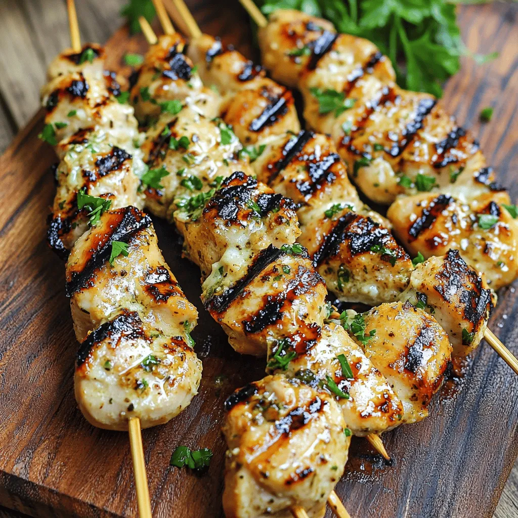 - 1 lb chicken breast, cut into cubes - 3 tablespoons olive oil - 4 cloves garlic, minced - 1/2 cup grated Parmesan cheese - 1 teaspoon dried oregano - 1 teaspoon paprika - 1/2 teaspoon black pepper - 1/2 teaspoon salt - Fresh parsley, chopped (for garnish) - Skewers (wooden or metal) You need these simple ingredients for this dish. The chicken breast is the star of the show. It should be fresh and cut into bite-sized cubes. Next, use olive oil to add richness. Garlic gives a punch of flavor, and Parmesan adds a nice cheesy touch. Oregano and paprika bring warmth and depth to each bite. Black pepper and salt enhance all these flavors. Finally, chop fresh parsley for a pop of color and taste. Each serving has about 300 calories. It has around 30 grams of protein, 18 grams of fat, and 6 grams of carbs. This meal is protein-packed, making it great for a filling dinner. If you want a change, you can swap chicken for shrimp or tofu. Both options work well with the same marinade. For a vegan twist, use chickpeas instead. If you prefer a dairy-free option, try nutritional yeast or a vegan cheese substitute. These changes can give you new flavors while keeping the dish delicious. To make the marinade, you need to mix several simple ingredients. In a bowl, combine: - 3 tablespoons olive oil - 4 cloves garlic, minced - 1/2 cup grated Parmesan cheese - 1 teaspoon dried oregano - 1 teaspoon paprika - 1/2 teaspoon black pepper - 1/2 teaspoon salt Stir these until they blend well. You want a thick paste-like mix. To enhance flavor, let it sit for a few minutes. This helps the garlic and herbs infuse into the oil. Once your marinade is ready, it’s time to marinate the chicken. Cut 1 pound of chicken breast into 1-inch cubes. Add these to your marinade and mix until all pieces are covered. Let this sit in the fridge for at least 30 minutes. You can marinate it for up to 2 hours for more flavor. Remember, longer is better, but don’t exceed two hours. Chicken can get mushy if left too long. Before cooking, preheat your grill to medium-high heat. This step is key for getting nice grill marks on the chicken. While the grill heats, thread the marinated chicken onto skewers. Leave space between each piece. This allows for even cooking. Cook the skewers on the grill for about 10 to 12 minutes. Turn them occasionally to ensure even cooking. The chicken should reach an internal temperature of 165°F. Once cooked, let them sit for a few minutes before serving. For a nice touch, garnish with fresh parsley. For more detailed instructions, check out the Full Recipe. To avoid sticking on the grill, here are a few tips: - Use oil: Brush your grill with oil before placing the skewers on it. This helps create a non-stick surface. - Preheat properly: Make sure your grill is hot before adding the skewers. This helps sear the chicken quickly. Spacing chicken pieces is key for even cooking. Leave a small gap between each piece. This allows the heat to circulate better. It also helps the chicken cook through without burning. Serve Garlic Parmesan Chicken Skewers with some tasty sides: - Fresh salad: A light green salad complements the rich flavors. - Rice or quinoa: Both add a nice texture and soak up any juices. For dipping sauces, consider these options: - Ranch dressing: It pairs well with the garlic and cheese. - Tzatziki sauce: This cool dip offers a nice contrast to the warm skewers. For marination, adjust the time based on your needs. Marinate the chicken for at least 30 minutes. If you have more time, let it sit for up to 2 hours. This enhances the flavor. Assembling skewers in advance is easy. You can prepare them a few hours before grilling. Just cover them and keep them in the fridge. This way, they will be ready to cook when you are. You can find the full recipe for Garlic Parmesan Chicken Skewers to follow these tips easily. {{image_2}} You can spice up your Garlic Parmesan Chicken Skewers in many ways. One fun option is Spicy Garlic Parmesan Chicken Skewers. To make them spicy, add red pepper flakes to the marinade. This adds heat without losing the garlic and cheese flavors. You can also try herb-infused alternatives. Adding fresh herbs like rosemary or thyme brings freshness. These herbs pair well with garlic and Parmesan, giving a new twist to the dish. There are different ways to cook these skewers aside from grilling. You can bake them in the oven. Just set your oven to 400°F and bake for about 20-25 minutes. This method makes them tender and juicy. Another option is air-frying. Air-fried Garlic Parmesan Chicken Skewers cook quickly and get crispy. Set your air fryer to 375°F and cook for 10-12 minutes. Both methods keep the flavors intact while offering a healthier twist. Adding vegetables to your skewers makes them more colorful and healthy. Bell peppers, zucchini, and cherry tomatoes work great. They not only add nutrition but also enhance the taste. You can also switch up the cheese types for unique flavors. Try using feta or mozzarella for a different taste. Adding spices like smoked paprika or Italian seasoning can elevate the dish. These small changes can turn a simple recipe into something special. For the full recipe, check the details above. Store your leftover garlic parmesan chicken skewers in an airtight container. This keeps them fresh. You can refrigerate them for up to three days. If you want to keep them longer, freeze the skewers. They freeze well for up to three months. Just make sure to wrap them tightly in plastic wrap before placing them in a freezer bag. This helps prevent freezer burn. To reheat chicken skewers, use an oven or a stovetop pan. Preheat the oven to 350°F. Place the skewers on a baking sheet and cover them with foil. Heat for about 10-15 minutes. This method keeps the chicken juicy. On the stove, warm them in a pan over medium heat. Add a splash of broth to help keep the moisture in. Avoid using a microwave, as it can dry out the chicken. You can easily add garlic parmesan chicken skewers to your weekly meal prep. Pair them with rice, salad, or roasted veggies for a complete meal. They also make a great addition to wraps or sandwiches. For a fun twist, chop the leftover skewers and toss them in pasta or a salad. This way, you enjoy the flavors in new ways throughout the week. For the full recipe, check back to keep it fresh in your meal rotation! To check if the chicken is done, use a meat thermometer. The safe cooking temperature is 165°F (75°C). Insert the thermometer into the thickest part of the chicken. If it reads 165°F, your chicken is safe to eat. If you don’t have a thermometer, cut a piece of chicken in half. The meat should be white, and the juices should run clear. No pink should remain. Yes, you can use frozen chicken. Just make sure to thaw it first. To thaw chicken safely, place it in the fridge overnight. If you're short on time, you can also use the cold water method. Seal the chicken in a bag and submerge it in cold water. Change the water every 30 minutes until thawed. Once thawed, you can follow the recipe as usual. If your chicken turns out dry, there are ways to fix that. First, make sure you marinate the chicken long enough. This adds flavor and moisture. If you have already cooked it, try adding a sauce. A garlic butter sauce or ranch dressing can add moisture. Another tip is to let the chicken rest after cooking. This allows the juices to redistribute and keeps it moist. You learned how to make tasty chicken skewers with simple ingredients. We covered the marinade, cooking tips, and how to serve them. Remember, marination is key for flavor. You can even try different meats or veggies. Leftovers are easy to store and reheat well. Experiment with new flavors to keep it fun. Enjoy making these skewers and impressing your friends and family!