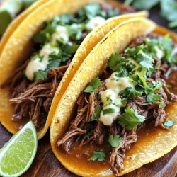 - 2 lbs beef chuck roast - 4 dried guajillo peppers - 2 dried ancho peppers - 4 cloves garlic, minced - 1 onion, quartered - 1 tablespoon ground cumin - 1 tablespoon dried oregano - 2 cups beef broth - 1 tablespoon apple cider vinegar - Salt and pepper to taste To make these tacos special, I suggest using fresh ingredients. The beef chuck roast gives the tacos a rich taste. The dried guajillo and ancho peppers add depth and warmth. Garlic and onion bring a savory note, while cumin and oregano add a nice kick. The beef broth keeps everything moist and tasty. This blend of flavors brings life to your meal. - Corn tortillas - Fresh cilantro, chopped - Lime wedges - Shredded mozzarella or queso fresco For the best experience, serve your tacos on warm corn tortillas. The tortillas are soft and hold the filling well. I love adding fresh cilantro for a pop of color and flavor. Lime wedges are great for squeezing over the tacos, adding zest. If you want extra creaminess, sprinkle on mozzarella or queso fresco. These toppings enhance the flavors and make your tacos even better. You can find the full recipe [here]. To start, we need to rehydrate the guajillo and ancho peppers. Boil two cups of water in a saucepan. Add the dried peppers and let them simmer for ten minutes. This softens the peppers. Once done, drain the water and let them cool. Next, we blend the sauce ingredients for flavor. In a blender, combine the softened peppers, garlic, onion, cumin, oregano, and apple cider vinegar. If the mix is too thick, add a splash of beef broth. Blend until you get a smooth sauce. Now it's time to prepare the meat. Take the beef chuck roast and season it with salt and pepper. Place the beef chunks into the crockpot. Pour the blended pepper sauce over the meat. Then, combine the sauce and beef broth in the crockpot. Make sure the meat is submerged in the liquid. This will help the beef soak up all the great flavors. You can choose how to cook your Birria tacos. Cook on low for eight hours or on high for four to five hours. The meat should be tender and shred easily when done. After cooking, remove the beef from the crockpot. Use two forks to shred the beef. Return the shredded beef to the pot so it can soak in the flavorful broth. Now, you are ready to assemble your tacos. Enjoy the rich flavor of your Birria tacos! For the full recipe, check the earlier section. To get the best flavor, use good spices and fresh ingredients. The spice blend is key. You want a mix of rich and warm flavors. This makes your birria stand out. Rehydrating dried peppers: - Start by boiling two cups of water. - Add four dried guajillo and two dried ancho peppers. - Simmer for about ten minutes. - When they soften, take them off the heat, drain, and let them cool. This method helps bring out the pepper's full taste. Use these peppers in your sauce for rich flavor. Heating corn tortillas right is very important. To do this: - Heat a skillet over medium heat. - Place the tortillas one by one for about 30 seconds on each side. This makes them soft and warm, perfect for holding your fillings. Garnishing for Presentation: - Use fresh cilantro to add color and flavor. - You can also add shredded mozzarella or queso fresco for creaminess. - Serve with lime wedges for a zesty kick. This not only looks nice but also brings out the dish's full taste. Want to explore more? Check out the Full Recipe for more tips and ideas! {{image_2}} You can swap beef with lamb, pork, or chicken for Birria. Each protein brings its unique taste. Lamb has a rich flavor that pairs well with spices. Pork is juicy and adds a slightly sweet note. Chicken is lean and absorbs flavors well. Cooking times change based on the protein. Lamb and pork may need a bit longer to cook. Chicken cooks faster, so check for doneness after 3 to 4 hours on high. Don't forget to adjust the spices to match the protein's taste. To make your Birria tacos gluten-free, use corn tortillas. They are tasty and perfect for holding the juicy filling. If you are low-carb, try lettuce wraps instead. They provide a fresh crunch and cut down on carbs. For vegetarian options, substitute the meat with jackfruit or mushrooms. Jackfruit mimics the texture of shredded meat. Mushrooms add a deep, earthy flavor. Use the same spices and cooking method for a delightful dish. After you enjoy your Crockpot Birria Tacos, store any leftovers in the fridge. First, let the food cool to room temperature. Then, place the Birria in an airtight container. This helps keep the flavors fresh. Leftovers will last about 3 to 4 days in the fridge. If you want to save some for later, freezing is a great option. Start by shredding the beef and separating the broth. Place the beef and broth in separate freezer bags. Make sure to remove as much air as possible. This helps prevent freezer burn. When you’re ready to eat, thaw the beef and broth overnight in the fridge. To reheat, warm the beef on the stove. Heat the broth in a pot until it's hot. This way, you keep the taste just like fresh. Birria tacos come from Mexico. This dish started in the state of Jalisco. It features tender meat, often beef, cooked in a rich broth. The broth is made with dried peppers, spices, and herbs. People serve the tacos with the broth on the side for dipping. This meal is a favorite at parties and celebrations. It blends culture, flavor, and history in every bite. Yes, you can cook birria tacos on the stove. Start by searing the meat in a pot. Then, add the blended sauce and beef broth. Cover and simmer on low heat for about two to three hours. Stir occasionally to avoid sticking. This method cooks the meat faster but still gives great flavor. To make birria less spicy, you can remove the seeds from the peppers before blending. You can also use fewer peppers in your recipe. Adding more beef broth can help tone down the heat. Lastly, serve the tacos with sour cream or avocado. Both can help balance the spice. Birria tacos pair well with many sides. Consider serving them with: - Mexican rice - Refried beans - Grilled corn - Fresh salsa - Guacamole - Chopped onions and cilantro These sides add variety and flavor. They also complement the rich taste of the tacos. Crockpot Birria Tacos are a tasty dish made with simple steps. You learned how to prepare key ingredients like beef and spices. I shared tips for getting great flavor and perfecting your tacos. You can even try different meats or make them vegetarian. As you cook, remember that these tacos bring bold flavors to any meal. Enjoy sharing them with family and friends, and don't forget about the garnishes! Happy cooking!