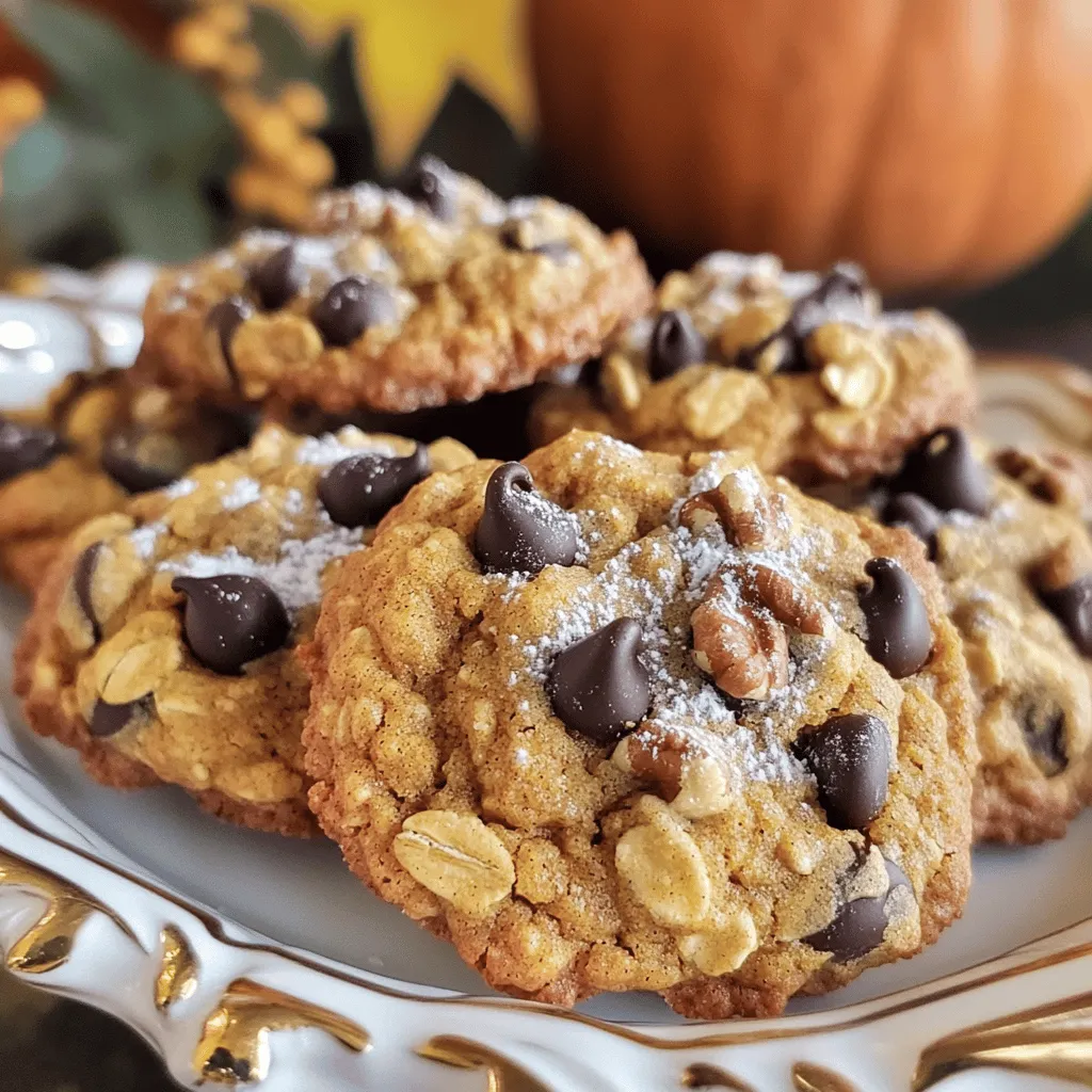 To make delicious pumpkin oatmeal cookies, gather these simple ingredients: - 1 cup canned pumpkin puree - 1/2 cup unsalted butter, softened - 1 cup brown sugar, packed - 1/2 cup granulated sugar - 1 large egg - 1 teaspoon vanilla extract - 1 1/2 cups rolled oats - 1 cup all-purpose flour - 1 teaspoon baking soda - 1 teaspoon ground cinnamon - 1/2 teaspoon ground nutmeg - 1/2 teaspoon salt - 1/2 cup dark chocolate chips (optional) - 1/2 cup chopped walnuts (optional) You can customize your cookies with fun add-ins. Here are some ideas to try: - Dried fruit: Add raisins or cranberries for sweetness. - Nuts: Use pecans or almonds for crunch. - Spices: Try ginger or allspice for extra warmth. - Chocolate: Mix in white or milk chocolate chips for a twist. These cookies are both tasty and satisfying. A single cookie has around: - Calories: 120 - Fat: 6g - Carbohydrates: 18g - Protein: 2g - Fiber: 1g This recipe makes about 24 cookies, so you can enjoy them while sharing with friends! You can find the full recipe to get started on your baking adventure! To start, gather your ingredients. This makes the process smooth and fun. First, preheat your oven to 350°F (175°C). Line a baking sheet with parchment paper. In a big bowl, cream the softened butter with brown sugar and granulated sugar. Keep mixing until it is light and fluffy. Next, add the canned pumpkin puree, egg, and vanilla extract. Beat this mixture until it is well combined. In another bowl, whisk the rolled oats, all-purpose flour, baking soda, cinnamon, nutmeg, and salt. Slowly mix the dry ingredients into the wet mixture. Stir gently until just combined. If you like, fold in dark chocolate chips or chopped walnuts for more flavor. Once your dough is ready, drop heaping tablespoons onto the lined baking sheet. Space each dollop about 2 inches apart. This helps them bake evenly. Now, place the baking sheet in the oven. Bake for 12-15 minutes. The edges should be lightly golden. The centers may look a bit underbaked, but don't worry! They will firm up as they cool. To bake perfect cookies, remember these tips. Use room temperature butter for easy mixing. Don't overmix the dough; this keeps cookies soft. If you want chewier cookies, chill the dough for 30 minutes before baking. Lastly, let the cookies cool on the baking sheet for 5 minutes. Then, move them to a wire rack to cool completely. These steps will help you achieve delicious and beautiful pumpkin oatmeal cookies. For the full recipe, you can refer to the link above. When baking cookies, there are some common mistakes to watch for. First, don’t skip the creaming step. Creaming butter and sugars well makes cookies fluffy. If you mix too long, your cookies might flatten. Measure your flour correctly. Too much flour makes cookies dry. Always check your oven's temperature. An oven that's too hot can burn the edges. Finally, let your cookies cool too. Cooling helps them firm up. To make chewy cookies, use more brown sugar. Brown sugar has moisture that keeps cookies soft. Adding an egg yolk also helps with chewiness. If you want crisp cookies, use more granulated sugar. You can also bake them longer. The edges should be golden brown. For a mix, bake for the right time and use both sugars. This gives you a nice balance of chewy and crispy. Mix-ins can take your cookies to a new level! Try adding chocolate chips, nuts, or dried fruit. Each adds a unique taste and texture. For a fun twist, add spices like ginger or clove. You can also use seeds like pumpkin or sunflower for crunch. If you want a sweet kick, sprinkle in some toffee bits. This variety makes each bite exciting. Check out the full recipe to explore these options! {{image_2}} To make gluten-free pumpkin oatmeal cookies, swap regular flour for a gluten-free blend. Look for a blend that includes xanthan gum. This will help bind the cookies together. You can also check if your oats are certified gluten-free. They often contain traces of gluten from processing. The flavor will remain rich and delicious, ensuring everyone can enjoy them. For vegan pumpkin oatmeal cookies, replace the egg with a flax egg. Mix one tablespoon of flaxseed meal with three tablespoons of water. Let it sit for five minutes to thicken. Use coconut oil or vegan butter instead of regular butter. This keeps the cookies moist and flavorful. You will still get that lovely pumpkin taste, and they will be a hit at any gathering. You can add different spices to your cookies for a unique twist. Try ginger, allspice, or cloves for more warmth. Adjust the sweetness by using maple syrup or honey instead of granulated sugar. If you want a hint of chocolate, add cocoa powder or dark chocolate chips. These small changes create a fun flavor adventure while keeping the cookies soft and chewy. For the full recipe, check out the details above. To keep your pumpkin oatmeal cookies fresh, store them in an airtight container. Use a container that seals well to block moisture and air. Layer parchment paper between the cookies to prevent them from sticking together. This method helps them stay soft and delicious longer. You can freeze these cookies for later enjoyment. To freeze, let the cookies cool completely. Then, place them in a single layer on a baking sheet. Freeze until solid, then transfer them to a freezer-safe bag. Make sure to remove as much air as possible. To thaw, simply leave them at room temperature for about 30 minutes. You can also microwave them for a few seconds if you're in a hurry. If stored properly, pumpkin oatmeal cookies stay fresh for about a week at room temperature. In the refrigerator, they can last up to two weeks. When frozen, they remain good for about three months. Enjoy your cookies while they are fresh for the best taste! For the full recipe, check out the details above. You can use coconut oil or applesauce. Both add moisture and flavor. Coconut oil gives a nice richness. Applesauce makes the cookies softer. You can also try vegan butter. Just keep the same amount for best results. If you want less fat, applesauce is a great choice. Yes, you can use quick oats. They will change the texture a bit. Quick oats make softer cookies. Rolled oats add a chewier bite. If you like a softer cookie, quick oats work well. Just remember, the cooking time may be shorter. Keep an eye on the cookies while baking. To make these cookies healthier, you can reduce the sugar. Try using half the amount of brown sugar. You can also use whole wheat flour instead of all-purpose flour. Adding nuts or seeds boosts nutrition too. For a lower fat option, use applesauce instead of butter. These changes keep the cookies tasty! Don't forget to check out the Full Recipe for more tips. You learned how to make tasty pumpkin oatmeal cookies by following our step-by-step guide. We covered key ingredients, baking tips, and helpful variations. Don't be afraid to try new flavors or add-ins. Remember, storing your cookies properly will keep them fresh longer. Enjoy your baking journey! It’s fun to make treats that taste good and feel good. Happy baking!