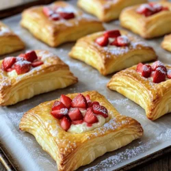 - 1 package of refrigerated puff pastry (2 sheets) - 8 oz cream cheese, softened - 1/3 cup powdered sugar - 1 tsp vanilla extract - 1 cup fresh strawberries, diced To make this Easy Strawberry Cream Cheese Danish, you need three main things. First, you use refrigerated puff pastry. It puffs up nice and flaky when baked. Next, you need cream cheese mixed with sweeteners. This filling adds a smooth taste. Lastly, fresh strawberries bring a burst of flavor and color. They make the danish even more appealing. - 1 egg, beaten (for egg wash) - 1 tbsp milk (optional, for a glossy finish) - Extra powdered sugar for dusting You can add some optional things for extra flair. An egg wash gives the pastry a golden finish. If you want a glossy look, use a splash of milk. After baking, dust with extra powdered sugar. This adds sweetness and makes the danish look pretty. First, preheat your oven to 400°F (200°C). Line a baking sheet with parchment paper. This step helps the danishes bake evenly. Next, take the puff pastry out of the fridge to thaw. Follow the package instructions for thawing. Once thawed, roll it out on a lightly floured surface to make it smooth and easy to work with. Now, let’s make the filling. In a mixing bowl, add 8 oz of softened cream cheese. Then, mix in 1/3 cup of powdered sugar and 1 teaspoon of vanilla extract. Beat these together until the mixture is creamy and smooth. This will be the sweet surprise inside your danishes! Next, cut the puff pastry into squares, about 4x4 inches. You should have about 6-8 squares in total. Place 2 tablespoons of the cream cheese mixture in the center of each square. Now, add some diced strawberries on top of the cream cheese. This adds freshness and a pop of flavor. It’s time to fold the pastry. Fold the corners of each square over the filling. You can pinch them to seal or leave them open for a rustic look. This makes each danish unique! After that, brush the tops with the beaten egg. If you want a glossy finish, add a splash of milk to the egg wash. Now, place the danishes in the oven. Bake them for 15-20 minutes or until they are golden brown and puffed. The smell will be amazing! Once they are done, let them cool for a bit. Finally, dust with extra powdered sugar before you serve. Enjoy your Easy Strawberry Cream Cheese Danish! For the full recipe, check the recipe section above. To get a flaky texture, handle the dough gently. Roll it out lightly on a floured surface. This helps keep the layers intact. You want air pockets to form while baking. A few good brands of puff pastry are Pepperidge Farm and Trader Joe's. These brands work well for easy cooking. Look for puff pastry that is cold but not frozen. This ensures it puffs nicely in the oven. To enhance the cream cheese filling, consider adding lemon zest or a pinch of salt. These small changes can boost the flavor. You can also use honey instead of powdered sugar for a different taste. If you have leftover filling, store it in an airtight container. It will last in the fridge for about three days. Use it for other treats like fruit dip or on toast. {{image_2}} You can use different fruits for your danish. Blueberries or raspberries work well. They add a nice burst of flavor. You can even mix fruits together. This creates a fun flavor combo that brightens your treat. Want to switch things up? Add lemon zest for a tangy kick. Almond extract also gives a nice nutty taste. You can change the sweetness, too. Using brown sugar or coconut sugar can add a new depth of flavor. Each choice brings a unique twist to your Easy Strawberry Cream Cheese Danish. Check out the Full Recipe for more details! Store your leftover danishes in an airtight container. Keep the container in the fridge. They stay fresh for about 2-3 days. If you use a plate, cover it with plastic wrap. This keeps the pastry from drying out. You can freeze assembled danishes. Wrap each one tightly in plastic wrap. Then, place them in a freezer bag. This helps prevent freezer burn. They can stay in the freezer for up to 2 months. To reheat, take a danish out and let it thaw in the fridge overnight. Then, bake it in a preheated oven at 350°F (175°C) for about 10-15 minutes. This makes the pastry warm and flaky again. Enjoy your Easy Strawberry Cream Cheese Danish anytime! A Strawberry Cream Cheese Danish is a tasty pastry. It has a flaky crust filled with sweet cream cheese and fresh strawberries. The dish has roots in Denmark, where pastries are a big part of their culture. This treat became popular in the U.S. thanks to bakeries that wanted to share a bit of that joy. It is perfect for breakfast or as a snack. Yes, you can use homemade puff pastry. Making your own can be fun and rewarding. It allows you to control the ingredients. However, it takes time and skill to get it right. Store-bought puff pastry is quick and easy. It saves time and still gives great results. If you’re short on time, use the store-bought option. These danishes can last for about 2-3 days in the fridge. To keep them fresh, store them in an airtight container. They may lose some crispness over time. To enjoy them warm, reheat in the oven for a few minutes. The taste will be almost as good as fresh. You can find the full recipe at the end of the article. You learned about making delicious Strawberry Cream Cheese Danishes. We covered the key ingredients, like puff pastry, cream cheese, and strawberries. I shared tips for perfecting the pastry and different flavor options. You can store leftovers easily, whether in the fridge or freezer. Now, you can create a tasty treat for any occasion. Enjoy your baking, and don’t forget to share your creations!