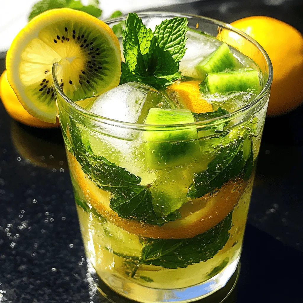 - 2 ripe kiwis, peeled and diced - 10 fresh mint leaves - 1 medium lemon, juiced - 2 tablespoons honey or agave syrup - 1 cup sparkling water - Ice cubes - Lemon slices and kiwi slices for garnish When making a Kiwi Lemon Mojito, fresh and ripe ingredients are key. Start with ripe kiwis. They should feel slightly soft when you press them. This softness means they are sweet and juicy. Fresh mint leaves add a burst of flavor. Look for bright green leaves without brown spots. You will also need a medium lemon. It should be firm and heavy for its size. Fresh lemon juice gives the drink its zesty kick. For sweetness, choose either honey or agave syrup. Both work well, but honey adds a floral note. In addition to the main ingredients, sparkling water gives the mojito its fizz. It makes the drink light and refreshing. Ice cubes chill the mojito, making it perfect for hot days. Lastly, garnish with lemon and kiwi slices. They make the drink look pretty and inviting. For the complete recipe, check the Full Recipe. 1. First, take two ripe kiwis and peel them. Cut them into small pieces. 2. Place the diced kiwis and ten fresh mint leaves in a cocktail shaker or a large glass. 3. Use a muddler or the back of a spoon to mash them together. This helps release the mint oils. 4. Next, squeeze the juice from one medium lemon into the mixture. 5. Add two tablespoons of honey or agave syrup to the glass. Stir until the sweetener dissolves completely. 6. Now, fill the glass with ice cubes. Pour in one cup of sparkling water. 7. Stir gently to mix everything without losing the fizz. 1. Taste your mojito. If it needs more sweetness, add a bit more honey or agave. 2. For the final presentation, garnish your drink with extra mint leaves, lemon slices, and kiwi slices. This Kiwi Lemon Mojito recipe is refreshing and fun to make. Enjoy your cool drink! - Choosing ripe kiwis: Look for kiwis that feel slightly soft when you press them. They should be a nice brown color. Avoid hard or overly mushy ones. Ripe kiwis have a sweet taste that makes your mojito shine. - Ideal mint leaves for flavor: Choose fresh mint leaves with bright green color. Avoid wilted or brown leaves. Gently smell the mint before buying. Strong aroma means better flavor for your drink. - Tips for muddling effectively: Use a sturdy muddler or the back of a spoon. Press down gently to release juices and oils without tearing the mint. Muddle for about 10 seconds. This lets the flavors blend well without overpowering each other. - Best glassware for presentation: Use tall glasses or mason jars to show off the vibrant colors. Clear glass highlights the green from kiwis and the fresh mint. The right glass makes your drink look even more inviting. - Pairing with snacks or appetizers: Serve your mojito with light bites like shrimp cocktails or fresh veggie platters. These snacks complement the minty and fruity flavors. A cheese platter with soft cheeses also pairs well, adding a creamy balance. {{image_2}} You can make a Kiwi Lemon Mojito with rum. This adds a nice kick to your drink. White rum works best. It blends well with the fruity flavors. Use about 1.5 ounces of rum per drink. Just add it after muddling the kiwis. You can also try other spirits to enhance flavor. Vodka can add a clean taste. Gin gives a herbal twist. Each spirit changes the drink’s vibe. Experiment to find your favorite mix! If you want a non-alcoholic option, try a Kiwi Lemon Sparkler. Skip the rum and use more sparkling water. It’s still refreshing and tasty! Add a splash of lemonade for extra flavor. Another fun idea is to add herbal teas for flavor. Brew mint tea or chamomile tea. Once cooled, mix it into your drink. This adds a unique twist, making it even more special. You can enjoy a delicious drink without alcohol! To keep your kiwis fresh, store them in the fridge. Place them in a paper bag or a crisper drawer. This helps to keep them from getting too soft. Check your kiwis often. Eat them when they are ripe for the best flavor. For lemons, keep them in the fridge as well. They last longer when stored cold. You can also store them in a bowl of water in the fridge. This helps to keep them juicy. If you have cut lemons, wrap them in plastic wrap. This keeps them fresh for a few days. Mint leaves are best when stored in water. Trim the stems and place them in a glass of water. Cover the leaves with a plastic bag. This keeps them fresh and aromatic. Change the water every few days to keep it clean. You can store your mojito in the fridge. It stays fresh for about two days. After that, the mint may lose its taste. The bubbles from the sparkling water will fade as well. To refresh stored mojitos, add more ice and a splash of sparkling water. You can also add a squeeze of fresh lemon juice. This gives it a nice zing and brightens the flavor. Enjoy your Kiwi Lemon Mojito anytime! For the full recipe, check out the earlier section. Can I use frozen kiwis? Yes, you can use frozen kiwis. However, they may change the drink’s texture. Thaw them first for better mixing. Frozen kiwis can still give a nice flavor. How can I make this recipe less sweet? To make your Kiwi Lemon Mojito less sweet, cut back on honey or agave syrup. You can also add more lemon juice to balance the sweetness. Adjust to your taste as you mix. What can I substitute for sparkling water? If you don’t have sparkling water, use club soda or tonic water. Both options still add fizz to the drink. You can also try regular water, but it won’t have the same bubbly effect. For the full recipe, check out the Kiwi Lemon Mojito section above. This blog post walked you through making a delicious Kiwi Lemon Mojito. We covered ingredients like ripe kiwis, fresh mint, lemon, and sweeteners. I also shared tips for muddling, serving, and even variations for alcohol lovers. Remember to store your ingredients properly to keep them fresh. Enjoy experimenting with this refreshing drink! It’s simple to make and great for any occasion. Your taste buds will thank you!