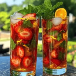 To make perfect Strawberry Iced Tea, gather these simple ingredients: - 4 cups water - 3 black tea bags (or 4 green tea bags for a lighter flavor) - 1 cup fresh strawberries, hulled and sliced - 1/4 cup fresh orange juice - Zest from 1 orange - 2 tablespoons honey or agave syrup (adjust to taste) - Fresh mint leaves for garnish - Ice cubes Using fresh strawberries makes a big difference. Fresh berries have more flavor and sweetness. Frozen strawberries work in a pinch, but they may change the tea's texture. If you can, choose organic berries. Organic strawberries often taste better and are free from pesticides. The same goes for oranges; fresh and organic options are best. Honey adds a floral note, while agave syrup is milder. You can also use maple syrup for a unique twist. Each sweetener brings its flavor, so feel free to experiment. Just remember to adjust the amount based on your taste. Try different sweeteners to find what you love most! Start by boiling 4 cups of water in a saucepan. Once it reaches a boil, remove it from heat. Next, add 3 black tea bags or 4 green tea bags for a lighter taste. Let the tea steep for about 5 minutes. This step is key to getting strong flavor. While your tea is brewing, it’s time to prepare the strawberries. Choose high-quality tea bags. They can make a big difference. If you prefer a lighter drink, use green tea. Remember to let the tea cool completely after steeping. Cooling helps the flavors mix better later. Avoid steeping for too long, as this can make the tea bitter. Once your tea cools, remove the tea bags. In a bowl, mash half of the sliced strawberries with honey or agave syrup. This creates a sweet strawberry purée. Stir the purée into the cooled tea. Add in 1/4 cup fresh orange juice and the zest of one orange. Mix everything well. Refrigerate for at least an hour. This waiting time allows all the flavors to blend perfectly. When serving, fill a glass with ice and pour the chilled tea over it. Garnish with fresh mint leaves and any remaining strawberry slices. Enjoy your refreshing drink! For a complete guide, check out the Full Recipe. To get the right sweetness in your strawberry iced tea, start with honey or agave. These natural sweeteners blend well with the fruity taste. I suggest using 2 tablespoons to begin with. You can always add more later if you want it sweeter. Mixing the sweetener into the strawberry purée helps it dissolve better. If you prefer less sugar, try using fresh fruit. The strawberries add natural sweetness to your drink. Brewing time matters when it comes to tea. For black tea, steep the bags for about 5 minutes. This brings out the full flavor without bitterness. If you choose green tea, steep for only 3 minutes. Green tea has a lighter taste and can turn bitter if brewed too long. Always taste the tea as it brews. This helps you find the perfect strength for your strawberry iced tea. You can enhance the flavor of your iced tea by adding herbs or spices. Fresh mint is a great choice. It adds a refreshing twist. Just toss in a few sprigs when serving. You might also try a pinch of cinnamon or ginger for a warm note. These spices can complement the sweet strawberries well. Experiment with flavors until you find your favorite mix! {{image_2}} You can jazz up your strawberry iced tea with herbs. Mint adds a fresh taste. Basil brings a sweet, savory note. To use herbs, add them while the tea steeps. This lets the flavor blend well. Use about 5 mint leaves or a small basil sprig. Adjust based on your taste. Strawberries are great, but other fruits work too! Peaches add a juicy sweetness. Blueberries give a nice tart kick. You can mix fruits in your recipe. Mash them into a purée just like the strawberries. This adds fun flavors and colors to the drink. You can use two ways to brew your tea. The hot brew method is quick. It’s great for making iced tea fast. Simply steep the tea bags in hot water. For cold brew, steep the tea bags in cold water overnight. This method yields a smoother flavor and less bitterness. Try both to see which you prefer! When serving strawberry iced tea, presentation matters. Use fresh mint leaves to add a pop of green. For a colorful touch, float some sliced strawberries on top. You can also add a twist of orange peel for a bright accent. These garnishes not only look great, but they also enhance the drink's aroma. Strawberry iced tea pairs well with light foods. Try it with a fresh salad topped with goat cheese and nuts. It also goes great with grilled chicken or fish. For a snack, serve it with cheese and crackers. Sweet treats like lemon bars or shortbread cookies also make a nice match. Use clear glasses to show off the vibrant colors of the tea. Mason jars give a rustic feel, while tall glasses add elegance. Consider using straws to make sipping easier and fun. Serve the tea in a pitcher with ice, letting guests pour their own. This adds a casual vibe to your gathering. For the full recipe, check out Strawberry Citrus Bliss Iced Tea . The best type of tea for strawberry iced tea is black tea or green tea. Black tea gives a strong flavor. Green tea offers a lighter taste. Both work well with strawberries. You can choose based on your taste. Black tea has a rich flavor, while green tea is more floral. You can store homemade strawberry iced tea for up to one week in the fridge. Keep it in a sealed container to maintain freshness. Over time, the flavor may change. If it tastes off, it’s best to discard it. Always check for any signs of spoilage before enjoying. Yes, you can make strawberry iced tea without sugar. You can use fresh strawberries for sweetness instead. Try adding more strawberries or a sugar substitute like honey or agave. This way, you can enjoy the flavor without added sugars. Personalize your drink to fit your needs. Check out the Full Recipe for ideas on how to adjust the sweetness. In this post, we explored the essential ingredients for making delicious Strawberry Iced Tea. I shared tips on choosing quality ingredients, like fresh or organic berries, as well as alternative sweeteners. You learned how to brew the perfect iced tea and combine flavors for the best taste. Try adding herbs or other fruits for unique twists. Remember, presentation matters! Use nice glassware and garnish for a fun touch. Enjoy making this refreshing drink your own.