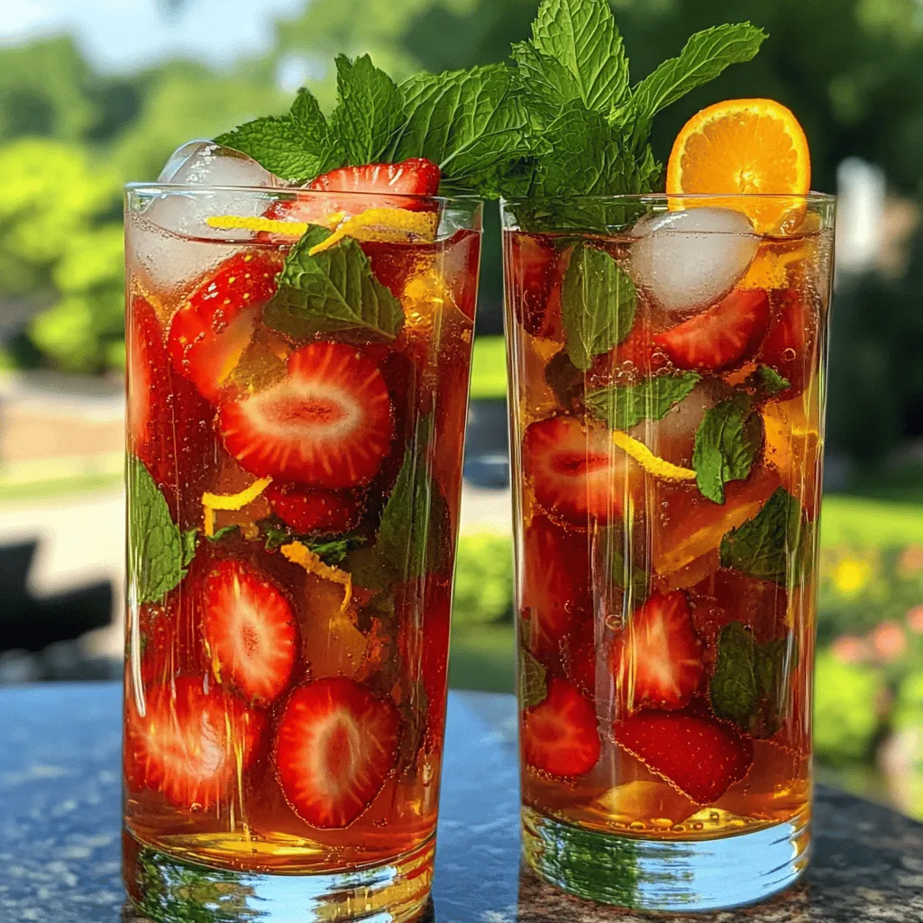 To make perfect Strawberry Iced Tea, gather these simple ingredients: - 4 cups water - 3 black tea bags (or 4 green tea bags for a lighter flavor) - 1 cup fresh strawberries, hulled and sliced - 1/4 cup fresh orange juice - Zest from 1 orange - 2 tablespoons honey or agave syrup (adjust to taste) - Fresh mint leaves for garnish - Ice cubes Using fresh strawberries makes a big difference. Fresh berries have more flavor and sweetness. Frozen strawberries work in a pinch, but they may change the tea's texture. If you can, choose organic berries. Organic strawberries often taste better and are free from pesticides. The same goes for oranges; fresh and organic options are best. Honey adds a floral note, while agave syrup is milder. You can also use maple syrup for a unique twist. Each sweetener brings its flavor, so feel free to experiment. Just remember to adjust the amount based on your taste. Try different sweeteners to find what you love most! Start by boiling 4 cups of water in a saucepan. Once it reaches a boil, remove it from heat. Next, add 3 black tea bags or 4 green tea bags for a lighter taste. Let the tea steep for about 5 minutes. This step is key to getting strong flavor. While your tea is brewing, it’s time to prepare the strawberries. Choose high-quality tea bags. They can make a big difference. If you prefer a lighter drink, use green tea. Remember to let the tea cool completely after steeping. Cooling helps the flavors mix better later. Avoid steeping for too long, as this can make the tea bitter. Once your tea cools, remove the tea bags. In a bowl, mash half of the sliced strawberries with honey or agave syrup. This creates a sweet strawberry purée. Stir the purée into the cooled tea. Add in 1/4 cup fresh orange juice and the zest of one orange. Mix everything well. Refrigerate for at least an hour. This waiting time allows all the flavors to blend perfectly. When serving, fill a glass with ice and pour the chilled tea over it. Garnish with fresh mint leaves and any remaining strawberry slices. Enjoy your refreshing drink! For a complete guide, check out the Full Recipe. To get the right sweetness in your strawberry iced tea, start with honey or agave. These natural sweeteners blend well with the fruity taste. I suggest using 2 tablespoons to begin with. You can always add more later if you want it sweeter. Mixing the sweetener into the strawberry purée helps it dissolve better. If you prefer less sugar, try using fresh fruit. The strawberries add natural sweetness to your drink. Brewing time matters when it comes to tea. For black tea, steep the bags for about 5 minutes. This brings out the full flavor without bitterness. If you choose green tea, steep for only 3 minutes. Green tea has a lighter taste and can turn bitter if brewed too long. Always taste the tea as it brews. This helps you find the perfect strength for your strawberry iced tea. You can enhance the flavor of your iced tea by adding herbs or spices. Fresh mint is a great choice. It adds a refreshing twist. Just toss in a few sprigs when serving. You might also try a pinch of cinnamon or ginger for a warm note. These spices can complement the sweet strawberries well. Experiment with flavors until you find your favorite mix! {{image_2}} You can jazz up your strawberry iced tea with herbs. Mint adds a fresh taste. Basil brings a sweet, savory note. To use herbs, add them while the tea steeps. This lets the flavor blend well. Use about 5 mint leaves or a small basil sprig. Adjust based on your taste. Strawberries are great, but other fruits work too! Peaches add a juicy sweetness. Blueberries give a nice tart kick. You can mix fruits in your recipe. Mash them into a purée just like the strawberries. This adds fun flavors and colors to the drink. You can use two ways to brew your tea. The hot brew method is quick. It’s great for making iced tea fast. Simply steep the tea bags in hot water. For cold brew, steep the tea bags in cold water overnight. This method yields a smoother flavor and less bitterness. Try both to see which you prefer! When serving strawberry iced tea, presentation matters. Use fresh mint leaves to add a pop of green. For a colorful touch, float some sliced strawberries on top. You can also add a twist of orange peel for a bright accent. These garnishes not only look great, but they also enhance the drink's aroma. Strawberry iced tea pairs well with light foods. Try it with a fresh salad topped with goat cheese and nuts. It also goes great with grilled chicken or fish. For a snack, serve it with cheese and crackers. Sweet treats like lemon bars or shortbread cookies also make a nice match. Use clear glasses to show off the vibrant colors of the tea. Mason jars give a rustic feel, while tall glasses add elegance. Consider using straws to make sipping easier and fun. Serve the tea in a pitcher with ice, letting guests pour their own. This adds a casual vibe to your gathering. For the full recipe, check out Strawberry Citrus Bliss Iced Tea . The best type of tea for strawberry iced tea is black tea or green tea. Black tea gives a strong flavor. Green tea offers a lighter taste. Both work well with strawberries. You can choose based on your taste. Black tea has a rich flavor, while green tea is more floral. You can store homemade strawberry iced tea for up to one week in the fridge. Keep it in a sealed container to maintain freshness. Over time, the flavor may change. If it tastes off, it’s best to discard it. Always check for any signs of spoilage before enjoying. Yes, you can make strawberry iced tea without sugar. You can use fresh strawberries for sweetness instead. Try adding more strawberries or a sugar substitute like honey or agave. This way, you can enjoy the flavor without added sugars. Personalize your drink to fit your needs. Check out the Full Recipe for ideas on how to adjust the sweetness. In this post, we explored the essential ingredients for making delicious Strawberry Iced Tea. I shared tips on choosing quality ingredients, like fresh or organic berries, as well as alternative sweeteners. You learned how to brew the perfect iced tea and combine flavors for the best taste. Try adding herbs or other fruits for unique twists. Remember, presentation matters! Use nice glassware and garnish for a fun touch. Enjoy making this refreshing drink your own.