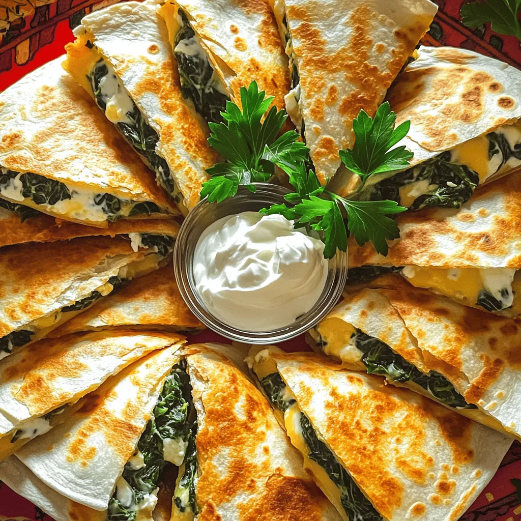 - 2 cups fresh spinach, chopped - 1 small onion, finely chopped - 2 cloves garlic, minced - 1 cup feta cheese, crumbled - 1/2 cup grated mozzarella cheese - 4 large flour tortillas - 2 tablespoons olive oil - 1 teaspoon dried oregano - Salt and pepper to taste - Optional: Sour cream or Greek yogurt for serving Gathering the right ingredients is key for great spinach feta quesadillas. I love using fresh spinach for its bright flavor and nutrients. The small onion adds sweetness, while garlic gives a nice kick. For cheeses, I recommend crumbled feta and mozzarella. Feta brings a salty, tangy taste, and mozzarella melts beautifully. Flour tortillas make the perfect wrap. When cooking, olive oil gives a rich flavor. Oregano adds an earthy note. Don’t forget salt and pepper to balance everything. If you like, serve with sour cream or Greek yogurt for extra creaminess. This collection of ingredients makes flavorful quesadillas that everyone will enjoy. For the full recipe, check out the details above. Start by heating 1 tablespoon of olive oil in a large skillet. Add the finely chopped onion and minced garlic. Cook them until the onion turns translucent, about 3-4 minutes. Then, toss in the chopped spinach. Season the mix with oregano, salt, and pepper. Cook until the spinach wilts, which should take about 2-3 minutes. Remove the skillet from the heat and let the mixture cool. In a mixing bowl, combine the sautéed spinach mixture with crumbled feta and grated mozzarella cheese. Stir until everything blends well. This mixture will give your quesadillas a creamy and flavorful filling. Heat the remaining tablespoon of olive oil in the skillet over medium heat. Place one tortilla in the skillet and spread half of the spinach and cheese mixture over one side of the tortilla. Fold the other half over the filling. Cook for about 3-4 minutes until the bottom is golden brown, and the cheese starts to melt. Carefully flip the quesadilla and cook the other side for another 2-3 minutes until it’s crispy. Repeat this process for the remaining tortillas and filling. Slice each quesadilla into wedges and serve warm. Enjoy! For the complete recipe, check out the Full Recipe. To get crispy tortillas, cook them on medium heat. This heat lets the cheese melt well without burning the outside. For the best flavor, mix feta with mozzarella. Feta gives a tangy taste, while mozzarella adds creaminess. Together, they create a great cheese blend. Pair your quesadillas with fresh sides. A simple salad or guacamole works well. You can also serve it with rice for a filling meal. For a nice touch, garnish your quesadillas with fresh parsley. A small bowl of sour cream or Greek yogurt adds a creamy dip. One mistake is overstuffing your quesadillas. If you add too much filling, they can burst while cooking. Another error is cooking at too high a temperature. This can burn the tortillas before the cheese melts. Stick to medium heat for the best results. {{image_2}} You can easily change the greens in your quesadilla. Try using kale or arugula instead of spinach. Both add a unique taste and texture. Each green brings a new twist to the dish. For cheese, feta is classic, but it’s not your only option. Cheddar or pepper jack can bring a fun kick. These cheeses melt well and taste great with the other flavors. Want to spice things up? Add some cumin or chili powder to your filling. These spices give your quesadilla a warm, rich flavor. You can also try adding proteins. Cooked chicken or shrimp can turn this dish into a hearty meal. If you need a gluten-free option, use corn tortillas instead of flour. They hold up well and taste great. For a vegan version, swap out the cheese for plant-based alternatives. There are many types of vegan cheese that melt nicely. Feel free to get creative with these swaps and additions. Each change can make your quesadilla special. Check out the Full Recipe for more details on making the perfect dish! To keep your spinach feta quesadillas fresh, store leftovers in an airtight container. Place parchment paper between layers to avoid sticking. They last up to 3 days in the fridge. If you want to enjoy them later, make sure they cool to room temperature before sealing. This helps maintain texture and taste. Freezing quesadillas is simple. Wrap each quesadilla tightly in plastic wrap. Then, place them in a freezer-safe bag or container. They can freeze for up to 3 months. When you’re ready to eat, just take out the desired amount. Let them thaw in the fridge overnight before reheating. To reheat quesadillas without losing their crispness, use a skillet over medium heat. Heat each side for about 2-3 minutes until warm and crispy. You can also use an oven at 350°F for about 10-15 minutes. This method is great for keeping that nice, golden texture. Avoid using a microwave, as it can make them soggy. For the best taste, serve with a dollop of sour cream or Greek yogurt on the side. For the full recipe, check the earlier sections. To keep your quesadillas from getting soggy, you need to manage the spinach's moisture. Here are some tips: - Sauté Well: Cook the spinach until it wilts down. This helps to reduce its water content. - Drain Excess Water: After cooking, press the spinach in a strainer to remove extra liquid. - Use Fresh Spinach: Older spinach can hold more water. Fresh spinach is better. - Avoid Overcooking: Cook spinach just enough to wilt, not to mush. Following these tips makes a big difference in texture. You want your quesadillas crispy, not soggy. Yes, you can prepare the filling in advance. This makes meal prep easy. Here’s how: - Make the Filling: Cook the spinach, onion, and garlic mixture. Mix it with feta and mozzarella cheese. - Store Properly: Place the filling in an airtight container. Keep it in the fridge for up to three days. - Reheat Before Use: Warm the filling slightly before spreading it on the tortillas. This helps the cheese melt well. Preparing ahead saves time on busy days. It also keeps your quesadillas fresh and tasty. Dips add great flavor to quesadillas. Here are some popular options: - Sour Cream: A classic choice that balances the flavors. - Guacamole: Creamy avocado dip pairs well with the spinach and feta. - Salsa: Fresh or chunky salsa adds a nice kick. - Greek Yogurt: A healthier twist on sour cream with a tangy taste. - Hot Sauce: For those who like a bit of heat, hot sauce is a great option. These dips elevate your quesadilla experience. They add fun flavors and textures to each bite. For the complete recipe, check out the Full Recipe. Enjoy cooking! In this blog post, we explored how to make delicious spinach feta quesadillas. We detailed the fresh ingredients needed, from spinach to feta. You learned step-by-step cooking methods, including sautéing and filling tortillas. I shared essential tips for perfect quesadillas, plus fun variations to try. Don't forget to store leftovers correctly for later enjoyment. With these easy instructions, you will create tasty, flavorful quesadillas that everyone will love. Enjoy cooking and experimenting with your own twists!