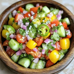 To make Minute Pickle De Gallo, you need fresh ingredients. Here’s what you will use: - 1 cup diced cucumber - 1 cup diced tomatoes - 1/2 cup red onion, finely chopped - 1 jalapeño, deseeded and minced - 1/4 cup fresh cilantro, chopped - 1/4 cup apple cider vinegar - 1 tablespoon lime juice - 1 teaspoon sugar - Salt and pepper to taste These ingredients work together to create a fresh and tangy flavor. The cucumbers add a nice crunch, while the tomatoes bring sweetness. The red onion gives the dish a slight bite, and jalapeño adds heat. To keep your Minute Pickle De Gallo fresh, always use ripe and firm vegetables. Look for cucumbers that are bright green and free of blemishes. Choose tomatoes that feel slightly soft but not mushy. Fresh herbs, like cilantro, should smell fragrant and look vibrant. You can also store your pickle de gallo in an airtight container in the fridge. It will stay fresh for a few days. Just remember to consume it quickly for the best taste! You can swap out some ingredients based on your taste or what you have on hand. For instance, use red bell pepper instead of jalapeño for a milder flavor. If you don’t like cilantro, try parsley or leave it out entirely. You can also use other types of vinegar, like white wine or rice vinegar. For a tangier kick, consider adding a splash of lemon juice. No matter your choices, you’ll create a tasty dish! Check the Full Recipe for more ideas. First, gather your ingredients. You need: - 1 cup diced cucumber - 1 cup diced tomatoes - 1/2 cup red onion, finely chopped - 1 jalapeño, deseeded and minced - 1/4 cup fresh cilantro, chopped - 1/4 cup apple cider vinegar - 1 tablespoon lime juice - 1 teaspoon sugar - Salt and pepper to taste Next, wash and chop your veggies. I like to use a sharp knife for this. Make sure all pieces are about the same size. This helps them mix well and look nice. In a medium bowl, combine the diced cucumber, tomatoes, red onion, jalapeño, and cilantro. This mix brings a fresh and crisp taste. In a separate small bowl, whisk together the vinegar, lime juice, sugar, salt, and pepper. Mix until the sugar is dissolved. Then, pour this mixture over the chopped veggies. Toss gently to coat everything. Now, let your mixture sit. Cover the bowl and wait for about 5-10 minutes. This time helps the flavors blend. The vinegar will give the veggies a nice tang. Taste it before serving. You can adjust with more salt or lime juice if needed. Enjoy your Minute Pickle De Gallo! For detailed steps, check the Full Recipe. To get the best taste, use fresh ingredients. Fresh cucumbers and ripe tomatoes make a big difference. Balance the tang of vinegar with a hint of sugar. This adds a nice touch. Adjust salt and lime juice to fit your taste. If it’s too sour, add a bit more sugar. If it’s too bland, a bit more salt helps. Taste as you go, and enjoy the process. Want quick flavor? Let the mix sit for just 5-10 minutes. This short time allows the veggies to soak up the vinegar. If you have more time, let it sit longer for deeper flavors. A great tip is to chop the vegetables finely. Smaller pieces absorb flavors faster. You can also gently massage the mixture to help it pickle faster. Minute Pickle De Gallo shines as a topping. Try it on tacos or grilled fish. It adds a fresh crunch that brightens each bite. Serve it with tortilla chips for a zesty snack. It pairs well with rich dishes like barbacoa or carnitas. You can even use it as a salad topping for extra zest. Enjoy this fresh and tangy delight at your next meal! For the full recipe, check the previous section. {{image_2}} To make a spicy version, add more jalapeño. You can also use serrano peppers. Start with one extra pepper, then taste. If you want more heat, keep adding. You can mix in a dash of hot sauce for extra flavor. You can play with flavors by adding fruits. Try diced mango or pineapple for a sweet twist. These fruits pair well with the tangy taste. You can also add bell peppers or radishes for crunch. Feel free to mix in anything you love! This recipe is naturally vegan and gluten-free. It uses fresh, whole ingredients. To keep it vegan, ensure your sugar is vegan-friendly. You can also add avocado for creaminess. It adds a nice texture and flavor without changing the recipe much. Check out the Full Recipe for more ideas! To keep Minute Pickle De Gallo fresh, store it in an airtight container. This prevents air from getting in and keeps the flavors bright. Place the container in the fridge right after making it. Try to avoid mixing it with other foods that have strong smells. The flavors can change if they pick up those smells. When stored correctly, Minute Pickle De Gallo lasts about 3 to 5 days. After that, the veggies may lose their crunch, and the taste may fade. Always check for any changes in smell or color before eating. If it looks or smells off, it's best to toss it out. Freezing Minute Pickle De Gallo is not ideal. The fresh veggies become mushy when thawed. If you must freeze it, try just the vinegar mix. Freeze it in small bags. You can then add fresh veggies later. This keeps the taste and crunch when you serve it. For the full recipe and more tips, check out the earlier sections! Pickle De Gallo is a fresh salsa. It combines diced vegetables with tangy flavors. You use cucumbers, tomatoes, onions, and jalapeños. This mix gets a zesty kick from vinegar and lime juice. I love how it brings a bright taste to any meal. Yes, you can make this recipe in advance. It gets better as it sits. The flavors blend and deepen over time. Just store it in an airtight container in the fridge. Try to eat it within two days for the best taste. To change the spice level, add or remove jalapeños. If you want it milder, use less, or remove the seeds. For more heat, add extra jalapeño or a pinch of cayenne. Taste as you go to find the right balance for you. You can serve Minute Pickle De Gallo with many dishes. It pairs well with tacos, grilled meats, or chips. I like to use it as a topping on burgers or sandwiches. You can also add it to salads for a fresh crunch. Check out the Full Recipe to make it today! This post shared how to make Minute Pickle De Gallo with simple steps. We covered key ingredients, alternative options, and tips for great flavor. You learned how to adjust spice and explore fun variations. Remember to store it right for the best taste. Get creative with your mixes and enjoy this fresh dish anytime. You’ll impress your friends and family with your tasty creation! Dive into this recipe, and have fun experimenting.