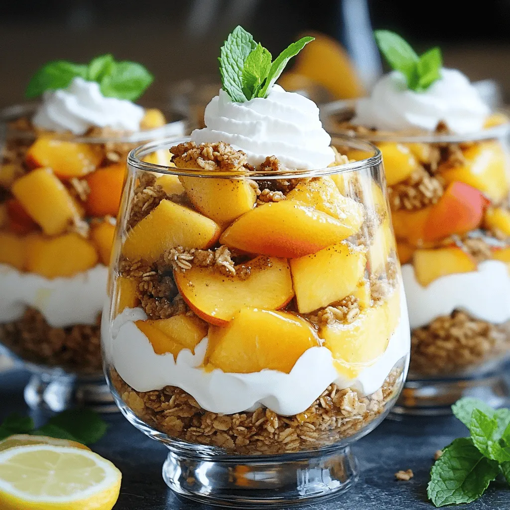 To make the Classic Peach Cobbler Parfait, gather these fresh ingredients: - 4 ripe peaches, peeled and diced - 1 tablespoon lemon juice - 3 tablespoons brown sugar - 1 teaspoon cinnamon - 1 cup granola - 2 cups vanilla yogurt (Greek or regular) - 1/2 cup whipped cream (optional) - Fresh mint leaves for garnish These ingredients come together to create a delightful treat. The peaches bring natural sweetness, while the lemon juice adds a touch of brightness. Brown sugar and cinnamon make the peaches taste like a warm cobbler. Granola gives a nice crunch, and yogurt adds creaminess. Whipped cream is optional but adds a lovely finish. Fresh mint leaves not only look great but also add a burst of flavor. You can find the full recipe [here](#). First, take four ripe peaches. Peel and dice them into small pieces. In a mixing bowl, combine the peaches, one tablespoon of lemon juice, three tablespoons of brown sugar, and one teaspoon of cinnamon. Toss the mixture gently. This helps the peaches absorb the flavors. Let the mixture sit at room temperature for about 15 minutes. This marinating time allows the sugars to release juices and form a tasty syrup. While your peaches are marinating, prepare your serving glasses or bowls. Start by adding a spoonful of vanilla yogurt to the bottom of each glass. Next, add a layer of the marinated peaches over the yogurt. Follow this with a layer of granola, using about two tablespoons per glass. Repeat these layers until you reach the top of the glass. Finish with one last layer of yogurt. Now it’s time for the fun part! If you like, top each parfait with whipped cream. This adds a great creamy texture. Don’t forget to garnish with fresh mint leaves for a pop of color. Serve your parfaits immediately for the best taste. If you prefer, you can refrigerate them for up to 30 minutes. This allows the flavors to blend nicely. Enjoy your Classic Peach Cobbler Parfait! For more detailed guidance, check the Full Recipe. To make your parfait shine, select ripe and fragrant peaches. Press gently on the skin; it should yield slightly. Look for a warm color, like a deep yellow or orange. These signs show that the peaches are sweet and juicy. Avoid any that feel hard or have bruises. Creating stunning layers in your parfait is an art. Start with a spoonful of yogurt at the bottom. This base keeps the parfait stable. Next, add a layer of marinated peaches. Follow with granola, which adds crunch. Repeat this process until your glass is full. Finish with a dollop of yogurt on top. This will look great and hold everything in place. You can make this parfait your own! Add a splash of vanilla extract for more flavor. If you love nuts, sprinkle some chopped almonds or walnuts in between the layers. Want a different fruit? Try berries or apples! Each twist brings a new taste to your parfait. You can also swap yogurt for dairy-free options if desired. For the Full Recipe, check out the detailed instructions to perfect your Classic Peach Cobbler Parfait! {{image_2}} You can switch peaches for other fruits. Berries, like strawberries or blueberries, work well. Ripe mangoes add a tropical twist. Cherries and plums bring sweetness, too. Just use fruits that are in season for the best flavor. These fruits also soak up the lemon juice and sugar nicely. This keeps your parfait fresh and bright. You have two main yogurt choices: Greek or regular yogurt. Greek yogurt is thick and creamy. It has more protein, which makes it filling. Regular yogurt is lighter and has a smoother texture. Both options taste great. Choose based on your preference. You can even mix them for a unique texture. If you need gluten-free options, look for certified gluten-free granola. Many brands offer tasty alternatives. You can also make your own using oats, nuts, and seeds. This way, you can control the ingredients. Homemade granola can add extra flavor and crunch to your parfait. Enjoy the freedom to customize your dessert! To keep your parfaits fresh, cover them tightly. Use plastic wrap or a lid. Store them in the fridge. This helps prevent them from drying out. Make sure you eat them within a couple of days for the best taste. If you notice the granola getting soggy, you can keep it separate. Just add it right before eating. For maximum flavor, enjoy your parfaits within three days. The yogurt and peaches taste best fresh. After three days, the flavors may change, and the texture could get mushy. If you layer them properly, they stay tasty longer. Just keep an eye on the freshness of the fruit. You can freeze the peach mixture, but not the assembled parfait. Freezing yogurt and granola can change their texture. For best results, freeze the peaches and use them later. When you want a parfait, thaw the peaches and layer them fresh. This way, you keep the crunch of the granola and the creaminess of the yogurt. For the full recipe, check the Classic Peach Cobbler Parfait section. You can use other fruits for your parfait. Some great options include: - Plums - Apricots - Berries (strawberries, blueberries, or raspberries) - Apples These fruits can add their own unique taste. Just be sure to adjust the sugar and spices to match the fruit's flavor. Yes, you can prepare this parfait ahead of time. Here’s how: - Make the peach mixture and yogurt layers. - Store them separately in the fridge. - Assemble everything right before serving. This will keep your parfait fresh and tasty. Plus, it saves you time! To create a vegan parfait, swap out dairy ingredients. Use: - Plant-based yogurt (like almond or coconut yogurt) - Coconut cream instead of whipped cream These small changes keep the flavor high and the dish plant-based. You still get that sweet, creamy taste! This parfait recipe is a simple and tasty treat. You need ripe peaches, yogurt, and granola to start. Follow the easy steps, layer your ingredients, and enjoy a colorful dessert. You can adjust flavors or use different fruit as you like. Remember, using fresh ingredients makes a big difference in taste. Whether for breakfast or a snack, these parfaits fit the bill. Make them your way, and share them with friends. Enjoy every delicious layer!