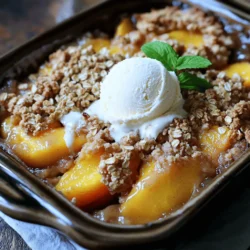 - Fresh peaches: 4 cups, sliced - Flavor enhancers: lemon juice, cinnamon, and nutmeg - Topping ingredients: rolled oats, all-purpose flour, brown sugar, granulated sugar, melted butter, salt, and vanilla extract To make a classic peach crisp, you need ripe peaches. Look for peaches that are soft to the touch and fragrant. Four cups of sliced peaches create a sweet and juicy base. Next, add lemon juice to brighten the flavor. A touch of cinnamon and nutmeg adds warmth and depth. For the topping, rolled oats give a hearty crunch. All-purpose flour helps bind it together. Brown sugar adds richness, while granulated sugar balances the sweetness. Melted butter brings everything together, and a pinch of salt enhances the taste. Lastly, a splash of vanilla extract rounds out the flavors. - Additional spices and flavorings - Nuts or seeds for added texture - Fresh herbs for garnish You can get creative with optional add-ins. Try other spices like ginger or cardamom for a twist. Chopped nuts or seeds can add a nice crunch. Think about using walnuts or pecans for a nutty flavor. Fresh herbs like mint or basil can brighten the dish when garnished. Each of these options can take your classic peach crisp to a whole new level. If you want to explore more, check out the Full Recipe for ideas. 1. Start by preheating your oven to 350°F (175°C). Grease a 9x13 inch baking dish with butter or cooking spray. 2. In a large bowl, combine 4 cups of sliced peaches with 1 tablespoon of lemon juice. Stir gently to coat the peaches. Next, sprinkle 1/2 teaspoon of cinnamon over the peaches and mix well. Pour this peach mixture into the greased baking dish. 1. In another bowl, mix together 1 cup of rolled oats, 1 cup of all-purpose flour, 1 cup of brown sugar, and 1/2 cup of granulated sugar. 2. Add 1/2 cup of melted unsalted butter, 1/2 teaspoon of salt, 1/4 teaspoon of nutmeg, and 1/4 teaspoon of vanilla extract. Stir until the mixture resembles coarse crumbs. This topping will give your crisp a nice texture. 1. Evenly distribute the oat mixture over the peach layer in the baking dish. Make sure to cover the entire surface. 2. Bake in the preheated oven for 30-35 minutes. Look for a golden brown top and bubbly peaches. 3. When done, remove the dish from the oven and let it cool for a few minutes before serving. Serve warm, and don’t forget to try it with a scoop of vanilla ice cream! For more details, check the Full Recipe! To make a great peach crisp, you need ripe peaches. Look for peaches that feel soft but not mushy. They should have a sweet aroma. The skin should be slightly wrinkled at the stem. Some of the best varieties for peach crisp are Freestone and Clingstone peaches. Freestone peaches are easy to slice as the pit comes out clean. Clingstone peaches are juicy and flavorful but harder to pit. Getting the top layer just right is key. You want it to be golden and crunchy. To achieve this, use a mix of oats and sugars. Make sure to spread the topping evenly over the peaches. This helps create a nice crust. To avoid a soggy bottom, do not overfill the baking dish. The peach juices need space to bubble up. Also, bake it long enough to let the juices thicken. Classic peach crisp is best served warm. Add a scoop of vanilla ice cream on top for extra flavor. The cold ice cream pairs well with the warm crisp. To make your dish look nice, garnish with a sprig of mint. This adds a splash of color and a fresh taste. You can also serve it with whipped cream for a lighter option. Enjoy it right from the oven for a cozy treat! {{image_2}} You can play with flavors in your peach crisp. Try adding other fruits like berries or apples. Blueberries, raspberries, or even sliced apples mix well with peaches. They add a nice twist and extra sweetness. Adjusting spices is another fun way to change your dish. If you like more warmth, add more cinnamon or nutmeg. For a bit of zing, a touch of ginger can brighten the flavor. Each change makes the dessert more personal to you. If you need gluten-free options, swap all-purpose flour for almond or oat flour. These flours work well and keep the crisp tasty. You can also use gluten-free oats to make sure every bite is safe for everyone. For a vegan twist, replace butter with coconut oil or vegan butter. You can also use maple syrup or agave nectar instead of brown sugar. These swaps keep the flavor rich while meeting dietary needs. Enjoy the flexibility of this classic recipe with your own touch! To keep your peach crisp fresh, store it in the fridge. Use an airtight container. This helps maintain its sweet flavor and prevents it from drying out. You can also cover it with plastic wrap or aluminum foil. If you want to store it longer, freeze the crisp. Place it in a freezer-safe container. It can last up to three months in the freezer. Just remember to label the container with the date. When it's time to enjoy your leftovers, reheating is key. Preheat your oven to 350°F (175°C). Place the peach crisp in an oven-safe dish. Cover it loosely with foil to keep it moist. Heat it for about 15-20 minutes. This warms it without making it soggy. You can also serve it warm straight from the oven. A scoop of vanilla ice cream on top makes it even better. Enjoy your delicious treat! To ripen peaches fast, place them in a paper bag. This bag traps ethylene gas, which speeds up ripening. Add a banana or apple to the bag for extra help. Check the peaches daily. When they feel soft, they are ripe and ready to use. Yes, you can prepare Classic Peach Crisp ahead of time. Simply assemble the dish and cover it with foil. You can store it in the fridge for up to a day. When ready to bake, just remove the foil and follow the baking instructions. This makes it easy for summer gatherings! You will know peach crisp is done when the top is golden brown and bubbly. It usually takes about 30 to 35 minutes in the oven. If you poke a fork into the peaches, they should feel soft. Trust your senses—it should smell amazing too! The main difference lies in the topping. A peach crisp uses oats in its topping. This gives it a nice crunchy texture. A peach crumble, on the other hand, usually has no oats and is more crumbly. Both are tasty, but the texture is what sets them apart. You can find the complete Peachy Dream Crisp recipe [here](#) for detailed cooking instructions and variations. This recipe is a joy to make and taste. You will love how simple it is to create a comforting dessert. The combination of juicy peaches and a crunchy topping makes every bite delightful. Make sure to use ripe peaches for the best flavor. A splash of lemon juice adds brightness. Cinnamon brings warmth, while nutmeg gives an extra hint of spice. The topping is a mix of oats, flour, and sugars, all held together with melted butter. This recipe serves 6-8 people, perfect for sharing. The prep time is just 15 minutes, and the baking time is around 30-35 minutes. You can serve it warm with vanilla ice cream for a special treat. It’s all about enjoying the sweet moments of summer with this classic dessert! Classic Peach Crisp is a simple and delicious dessert. We explored key ingredients, from fresh peaches to a crumbly topping. I shared step-by-step instructions, helpful tips, and tasty variations. Remember to select ripe peaches for the best flavor. Try adding nuts or other fruits for unique twists. Store leftovers properly to keep them fresh. Enjoy the sweet, warm taste of peach crisp. It’s a treat that everyone will love!