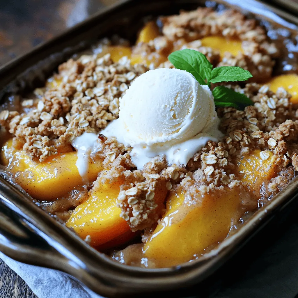 - Fresh peaches: 4 cups, sliced - Flavor enhancers: lemon juice, cinnamon, and nutmeg - Topping ingredients: rolled oats, all-purpose flour, brown sugar, granulated sugar, melted butter, salt, and vanilla extract To make a classic peach crisp, you need ripe peaches. Look for peaches that are soft to the touch and fragrant. Four cups of sliced peaches create a sweet and juicy base. Next, add lemon juice to brighten the flavor. A touch of cinnamon and nutmeg adds warmth and depth. For the topping, rolled oats give a hearty crunch. All-purpose flour helps bind it together. Brown sugar adds richness, while granulated sugar balances the sweetness. Melted butter brings everything together, and a pinch of salt enhances the taste. Lastly, a splash of vanilla extract rounds out the flavors. - Additional spices and flavorings - Nuts or seeds for added texture - Fresh herbs for garnish You can get creative with optional add-ins. Try other spices like ginger or cardamom for a twist. Chopped nuts or seeds can add a nice crunch. Think about using walnuts or pecans for a nutty flavor. Fresh herbs like mint or basil can brighten the dish when garnished. Each of these options can take your classic peach crisp to a whole new level. If you want to explore more, check out the Full Recipe for ideas. 1. Start by preheating your oven to 350°F (175°C). Grease a 9x13 inch baking dish with butter or cooking spray. 2. In a large bowl, combine 4 cups of sliced peaches with 1 tablespoon of lemon juice. Stir gently to coat the peaches. Next, sprinkle 1/2 teaspoon of cinnamon over the peaches and mix well. Pour this peach mixture into the greased baking dish. 1. In another bowl, mix together 1 cup of rolled oats, 1 cup of all-purpose flour, 1 cup of brown sugar, and 1/2 cup of granulated sugar. 2. Add 1/2 cup of melted unsalted butter, 1/2 teaspoon of salt, 1/4 teaspoon of nutmeg, and 1/4 teaspoon of vanilla extract. Stir until the mixture resembles coarse crumbs. This topping will give your crisp a nice texture. 1. Evenly distribute the oat mixture over the peach layer in the baking dish. Make sure to cover the entire surface. 2. Bake in the preheated oven for 30-35 minutes. Look for a golden brown top and bubbly peaches. 3. When done, remove the dish from the oven and let it cool for a few minutes before serving. Serve warm, and don’t forget to try it with a scoop of vanilla ice cream! For more details, check the Full Recipe! To make a great peach crisp, you need ripe peaches. Look for peaches that feel soft but not mushy. They should have a sweet aroma. The skin should be slightly wrinkled at the stem. Some of the best varieties for peach crisp are Freestone and Clingstone peaches. Freestone peaches are easy to slice as the pit comes out clean. Clingstone peaches are juicy and flavorful but harder to pit. Getting the top layer just right is key. You want it to be golden and crunchy. To achieve this, use a mix of oats and sugars. Make sure to spread the topping evenly over the peaches. This helps create a nice crust. To avoid a soggy bottom, do not overfill the baking dish. The peach juices need space to bubble up. Also, bake it long enough to let the juices thicken. Classic peach crisp is best served warm. Add a scoop of vanilla ice cream on top for extra flavor. The cold ice cream pairs well with the warm crisp. To make your dish look nice, garnish with a sprig of mint. This adds a splash of color and a fresh taste. You can also serve it with whipped cream for a lighter option. Enjoy it right from the oven for a cozy treat! {{image_2}} You can play with flavors in your peach crisp. Try adding other fruits like berries or apples. Blueberries, raspberries, or even sliced apples mix well with peaches. They add a nice twist and extra sweetness. Adjusting spices is another fun way to change your dish. If you like more warmth, add more cinnamon or nutmeg. For a bit of zing, a touch of ginger can brighten the flavor. Each change makes the dessert more personal to you. If you need gluten-free options, swap all-purpose flour for almond or oat flour. These flours work well and keep the crisp tasty. You can also use gluten-free oats to make sure every bite is safe for everyone. For a vegan twist, replace butter with coconut oil or vegan butter. You can also use maple syrup or agave nectar instead of brown sugar. These swaps keep the flavor rich while meeting dietary needs. Enjoy the flexibility of this classic recipe with your own touch! To keep your peach crisp fresh, store it in the fridge. Use an airtight container. This helps maintain its sweet flavor and prevents it from drying out. You can also cover it with plastic wrap or aluminum foil. If you want to store it longer, freeze the crisp. Place it in a freezer-safe container. It can last up to three months in the freezer. Just remember to label the container with the date. When it's time to enjoy your leftovers, reheating is key. Preheat your oven to 350°F (175°C). Place the peach crisp in an oven-safe dish. Cover it loosely with foil to keep it moist. Heat it for about 15-20 minutes. This warms it without making it soggy. You can also serve it warm straight from the oven. A scoop of vanilla ice cream on top makes it even better. Enjoy your delicious treat! To ripen peaches fast, place them in a paper bag. This bag traps ethylene gas, which speeds up ripening. Add a banana or apple to the bag for extra help. Check the peaches daily. When they feel soft, they are ripe and ready to use. Yes, you can prepare Classic Peach Crisp ahead of time. Simply assemble the dish and cover it with foil. You can store it in the fridge for up to a day. When ready to bake, just remove the foil and follow the baking instructions. This makes it easy for summer gatherings! You will know peach crisp is done when the top is golden brown and bubbly. It usually takes about 30 to 35 minutes in the oven. If you poke a fork into the peaches, they should feel soft. Trust your senses—it should smell amazing too! The main difference lies in the topping. A peach crisp uses oats in its topping. This gives it a nice crunchy texture. A peach crumble, on the other hand, usually has no oats and is more crumbly. Both are tasty, but the texture is what sets them apart. You can find the complete Peachy Dream Crisp recipe [here](#) for detailed cooking instructions and variations. This recipe is a joy to make and taste. You will love how simple it is to create a comforting dessert. The combination of juicy peaches and a crunchy topping makes every bite delightful. Make sure to use ripe peaches for the best flavor. A splash of lemon juice adds brightness. Cinnamon brings warmth, while nutmeg gives an extra hint of spice. The topping is a mix of oats, flour, and sugars, all held together with melted butter. This recipe serves 6-8 people, perfect for sharing. The prep time is just 15 minutes, and the baking time is around 30-35 minutes. You can serve it warm with vanilla ice cream for a special treat. It’s all about enjoying the sweet moments of summer with this classic dessert! Classic Peach Crisp is a simple and delicious dessert. We explored key ingredients, from fresh peaches to a crumbly topping. I shared step-by-step instructions, helpful tips, and tasty variations. Remember to select ripe peaches for the best flavor. Try adding nuts or other fruits for unique twists. Store leftovers properly to keep them fresh. Enjoy the sweet, warm taste of peach crisp. It’s a treat that everyone will love!