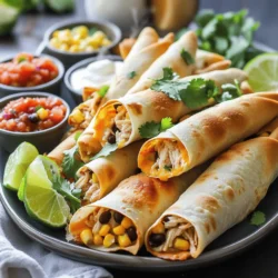 To start, gather these key items: - 2 cups cooked chicken, shredded - 1 cup shredded cheddar cheese - 1 cup black beans, rinsed and drained - 1/2 cup corn kernels (fresh or frozen) - 1/4 cup fresh cilantro, chopped - 1 teaspoon ground cumin - 1 teaspoon chili powder - 1/2 teaspoon garlic powder - 1/2 teaspoon onion powder - Salt and pepper to taste - 12 small corn tortillas - Olive oil spray These ingredients come together to create a tasty filling. The chicken adds protein, while the cheese gives a creamy texture. Black beans and corn boost flavor and nutrition. The spices bring warmth and depth. You can enhance your taquitos with some fun toppings and sides: - Salsa - Sour cream - Guacamole - Shredded lettuce - Diced tomatoes - Sliced jalapeños - Lime wedges These extras make your meal more colorful and delicious. You can mix and match to fit your taste. Oven-baked chicken taquitos offer a balanced meal. Here’s a quick look at their nutritional benefits: - High in protein from chicken and beans - Good source of fiber from black beans and corn - Contains healthy fats if you use avocado or guacamole - Low in added sugars and unhealthy fats Each serving has around 300 calories. This makes it a filling meal without being too heavy. It’s a smart choice for lunch or dinner. For the full recipe, check out the details above. Start by cooking your chicken. You can use leftover chicken or rotisserie chicken. Shred it into small pieces. In a large bowl, mix the shredded chicken with the cheese, black beans, corn, cilantro, cumin, chili powder, garlic powder, onion powder, salt, and pepper. Make sure everything is well combined. This mixture is the heart of your taquitos, giving them flavor and texture. Now it’s time to roll the taquitos. First, wrap your corn tortillas in a damp paper towel. Microwave them for about 30 seconds. This softens them, making them easier to roll. Take about 2 tablespoons of the chicken mixture. Place it on the bottom third of each tortilla. Roll it tightly, folding in the sides as you go. Place the rolled taquitos seam side down on a baking sheet lined with parchment paper. This helps keep the filling inside. Preheat your oven to 425°F (220°C). Spray the taquitos lightly with olive oil spray. This step is key to getting that crispy texture you want. Bake them for 15 to 20 minutes. Keep an eye on them until they turn golden brown. When they are crispy, take them out and let them cool for a few minutes. Serve warm with salsa and sour cream on the side. Enjoy your delicious Oven-Baked Chicken Taquitos! For the full step-by-step process, refer to the Full Recipe. To boost the taste of your taquitos, use fresh herbs. Adding chopped cilantro makes a big difference. You can also mix in some lime juice for a zesty kick. If you want more heat, add diced jalapeños to the chicken mix. Spices like cumin and chili powder add warmth and depth. These small changes can transform your dish from good to great! Soggy taquitos are a common issue. To avoid this, make sure to dry your black beans well. Rinsing them is key, but drying them further helps too. Using a good amount of cheese also acts as a barrier. Always roll your taquitos tightly and place them seam-side down on the baking sheet. Spraying them lightly with olive oil helps them crisp nicely. Serve your taquitos with fresh sides for a fun meal. A simple salad with lettuce, tomatoes, and avocado pairs well. You can also add rice or quinoa for a heartier option. Salsa and sour cream are essential for dipping. If you're feeling adventurous, try guacamole or a spicy sauce. These sides will round out your meal and impress your guests. For the full recipe, check out the detailed instructions above! {{image_2}} You can easily make taquitos without chicken. Replace the chicken with 2 cups of cooked lentils or black beans. This keeps the flavor rich and satisfying. Add diced bell peppers for extra crunch. You can also use plant-based cheese to keep it dairy-free. This version still tastes amazing and is packed with protein. If you love cheese, you can go wild with your choices. Add 1 cup of mozzarella cheese or pepper jack cheese to the mix. Mixing different cheeses gives a creamy texture and rich flavor. You can also sprinkle some cheese on top before baking for a cheesy crust. Don't hold back; the more cheese, the better! For those who enjoy heat, jalapeños are a great addition. Dice 1-2 jalapeños and mix them into your chicken filling. If you prefer hot sauce, add a few dashes to the filling. This will kick up the spice level. Pair your taquitos with a spicy salsa for an extra zesty treat. Adjust the heat to your taste for a perfect spicy bite. After you enjoy your taquitos, store any leftovers in an airtight container. Let them cool first. This helps keep them crisp. Place a layer of parchment paper between layers if you stack them. Keep the container in the fridge. They stay fresh for up to three days. To freeze your taquitos, let them cool completely. Place them in a single layer on a baking sheet. Freeze them for about one hour. Once frozen, transfer them to a freezer-safe bag. Remove as much air as possible. They can last up to three months in the freezer. When you are ready to eat, you can bake them straight from the freezer. To reheat taquitos, use your oven for the best results. Preheat the oven to 400°F (200°C). Place the taquitos on a baking sheet. Bake for about 10-12 minutes until they are hot and crispy. If you want them extra crispy, spray them lightly with olive oil before reheating. Enjoy your freshly crisped taquitos with salsa and sour cream on the side! Yes, you can make taquitos in an air fryer. Air fryers cook food by circulating hot air, which makes them crispy. For air frying, set the temperature to 400°F (200°C). Place the taquitos in the basket in a single layer. Cook them for about 10 to 12 minutes, flipping halfway through. This gives you a similar crunch to oven-baked taquitos but in less time. Making homemade tortillas is easy and fun! You need just a few ingredients. Mix 2 cups of masa harina with 1/2 teaspoon of salt and 1 1/4 cups of warm water. Knead the dough until smooth. Divide it into small balls, about the size of a golf ball. Use a tortilla press or a rolling pin to flatten each ball. Cook the tortillas on a hot skillet for about 30 seconds on each side. This gives you fresh, soft tortillas perfect for your taquitos. You have many tasty options for dipping sauces! Here are a few great choices: - Salsa: A classic choice. Use mild or spicy based on your taste. - Sour cream: Adds a cool and creamy touch. - Guacamole: Creamy and rich, it pairs well with the crunch of taquitos. - Queso: Warm cheese dip adds a savory flavor. - Hot sauce: For those who like a kick! These sauces enhance the flavor and make your meal more enjoyable. For the full recipe, check out the details above. Oven-baked chicken taquitos are easy and fun to make. We covered key ingredients, step-by-step instructions, and helpful tips. You learned ways to enhance flavor and keep them crispy. Don't forget about tasty variations and proper storage. These taquitos are great for meals, snacks, or fun gatherings. With several options and sides, there is something for everyone. Enjoy your cooking and the deliciousness that follows!