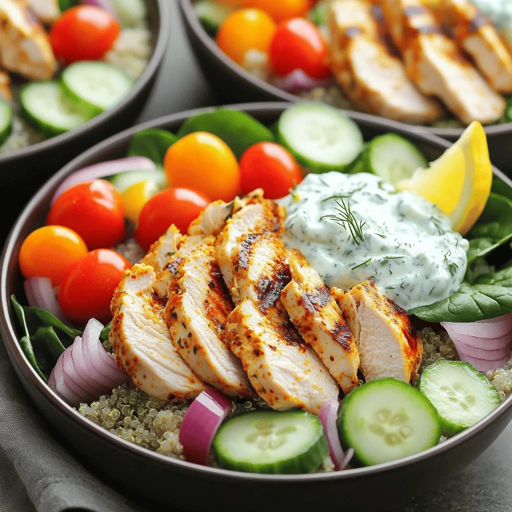 For a great Chicken Tzatziki Bowl, you'll need: - 2 boneless, skinless chicken breasts - 1 teaspoon garlic powder - 1 teaspoon paprika - 1 teaspoon dried oregano - Salt and pepper to taste - 2 tablespoons olive oil - 1 cup cooked quinoa - 1 cup cherry tomatoes, halved - 1 cucumber, diced - 1 cup baby spinach - ½ red onion, thinly sliced - ½ cup plain Greek yogurt - 1 tablespoon lemon juice - 1 clove garlic, minced - Fresh dill, for garnish These ingredients blend well to create a fresh and tasty meal. The chicken brings protein, while the quinoa adds fiber. The veggies add crunch and flavor. You can enhance your Chicken Tzatziki Bowl with some optional add-ins: - Feta cheese for a salty kick - Olives for a briny flavor - Avocado for creaminess - Bell peppers for sweetness - Hummus for an extra layer of taste Feel free to mix and match these to suit your taste. Each add-in brings a unique twist to the dish. This meal is not just delicious; it’s also nutritious. Here’s a quick look at the nutrition: - Protein: Chicken and Greek yogurt offer high protein. - Fiber: Quinoa and veggies are full of fiber for digestion. - Vitamins: Spinach, tomatoes, and cucumbers provide essential vitamins. - Healthy Fats: Olive oil and optional avocados give healthy fats. Each bowl is balanced and can be a healthy choice for lunch or dinner. For the full recipe, you can refer to the earlier section. To start, gather your ingredients. You need chicken breasts, spices, and olive oil. In a small bowl, mix garlic powder, paprika, oregano, salt, pepper, and olive oil. This mix creates a tasty marinade. Coat the chicken breasts in this mix. Let them sit for about 15 minutes. This helps the flavors soak into the chicken. Next, heat your grill or grill pan to medium-high. Place the marinated chicken on the grill. Cook it for 6-7 minutes on each side. You want the chicken to be fully cooked and juicy. The inside should reach 165°F. After grilling, let the chicken rest for 5 minutes. This step keeps it tender. Then slice the chicken into pieces. Now it's time to build your bowls. Start with a base of cooked quinoa. Next, add the sliced grilled chicken on top. Then, layer halved cherry tomatoes, diced cucumber, baby spinach, and red onion. To finish, drizzle the homemade tzatziki over everything. You can make the tzatziki by mixing Greek yogurt, lemon juice, minced garlic, and salt. Garnish with fresh dill for a pop of color. You can find the complete recipe [here](Full Recipe). To make juicy grilled chicken, start with good quality chicken breasts. Marinate them for at least 15 minutes. Use a mix of olive oil, garlic powder, paprika, oregano, salt, and pepper. This adds flavor and moisture. Preheat your grill or grill pan to medium-high heat. Grill the chicken for 6-7 minutes on each side. You want the internal temperature to reach 165°F. Let the chicken rest for 5 minutes before slicing. This helps keep the juices in. For the best tzatziki, use plain Greek yogurt. It gives a thick and creamy base. Mix in lemon juice, minced garlic, and a pinch of salt. You can add grated cucumber for extra crunch. Squeeze out excess water from the cucumber first. This keeps the sauce from getting too watery. Stir the ingredients until well combined. Let it chill in the fridge for at least 15 minutes. This allows the flavors to blend beautifully. When serving your Chicken Tzatziki Bowls, use deep dish plates. Start with a base of cooked quinoa. Layer the sliced grilled chicken on top. Arrange cherry tomatoes, diced cucumber, baby spinach, and red onion in colorful clusters. Drizzle the tzatziki sauce over the top. For a fresh touch, garnish with fresh dill. Add a lemon wedge on the side. This adds color and a hint of zesty flavor. The Full Recipe gives more details on how to assemble this dish. {{image_2}} If you want a meatless meal, you can use chickpeas or grilled veggies. Chickpeas add protein and fiber. You can season them similarly to the chicken. For a veggie twist, try grilled zucchini or bell peppers. Both options taste great with tzatziki sauce. While quinoa is a great base, other grains work well too. Try brown rice, farro, or couscous. Each grain gives a different texture and flavor. Brown rice adds a nutty taste, while farro gives a chewy bite. Couscous cooks quickly and is light. Choose what you like best! Tzatziki sauce is fun to customize. You can add fresh herbs like mint or parsley for a twist. Adding lemon zest gives it a bright kick. For a spicy version, mix in a bit of chopped jalapeño. You can even swap Greek yogurt for avocado for a creamy surprise. Explore these variations to find your favorite! For the full recipe, check out the Mediterranean Chicken Tzatziki Bowls. To keep your Chicken Tzatziki Bowls fresh, store them in airtight containers. This helps prevent moisture loss and keeps flavors intact. Separate the chicken and tzatziki sauce if you can. This way, the chicken stays juicy, and the tzatziki won’t make the other ingredients soggy. You can also use glass containers for easy reheating. When it’s time to eat your leftovers, reheating is key. Use the microwave for quick warm-ups, but avoid overheating. Heat the chicken in short bursts, about 30 seconds, to keep it tender. For the tzatziki, serve it cold. If you prefer it warm, heat it gently in a small pot over low heat. Stir often to avoid burning. Properly stored, Chicken Tzatziki Bowls last up to three days in the fridge. Always check for any signs of spoilage before eating. If you see any off smells or changes in color, it’s best to toss it. For longer storage, consider freezing the chicken separately. You can enjoy your meal later without losing flavor! For the full recipe, check out the Mediterranean Chicken Tzatziki Bowls. Yes, you can make Chicken Tzatziki Bowls in advance. Prepare each part separately. Cook the chicken and let it cool. Once cool, slice it and store it in the fridge. You can also make the tzatziki sauce ahead of time. Just mix the Greek yogurt, lemon juice, and garlic. Store it in a sealed container in the fridge for up to three days. When you are ready to eat, assemble the bowls with fresh ingredients. If you don’t have Greek yogurt, you have options. You can use regular plain yogurt, but it may be thinner. Sour cream is another great swap. It adds a nice tang, too. For a dairy-free choice, try coconut yogurt or cashew cream. Just make sure they are plain and unsweetened for the best flavor. Yes, this recipe is quite healthy. The chicken provides lean protein, and quinoa adds fiber. The fresh veggies like cucumbers and tomatoes are low in calories and high in vitamins. Greek yogurt offers probiotics, which are good for digestion. Using olive oil in moderation adds healthy fats. Overall, it’s a balanced meal that’s both nutrient-rich and satisfying. For the full recipe, check out the detailed instructions above. In this post, I covered the essentials for making Chicken Tzatziki Bowls. We discussed key ingredients, marination, and grilling techniques to enhance flavor. I shared tips for juicy chicken and making tzatziki sauce at home. I also explored vegetarian options and storage tips. These bowls are easy to make and packed with flavor. Enjoy crafting them for a healthy meal any time!