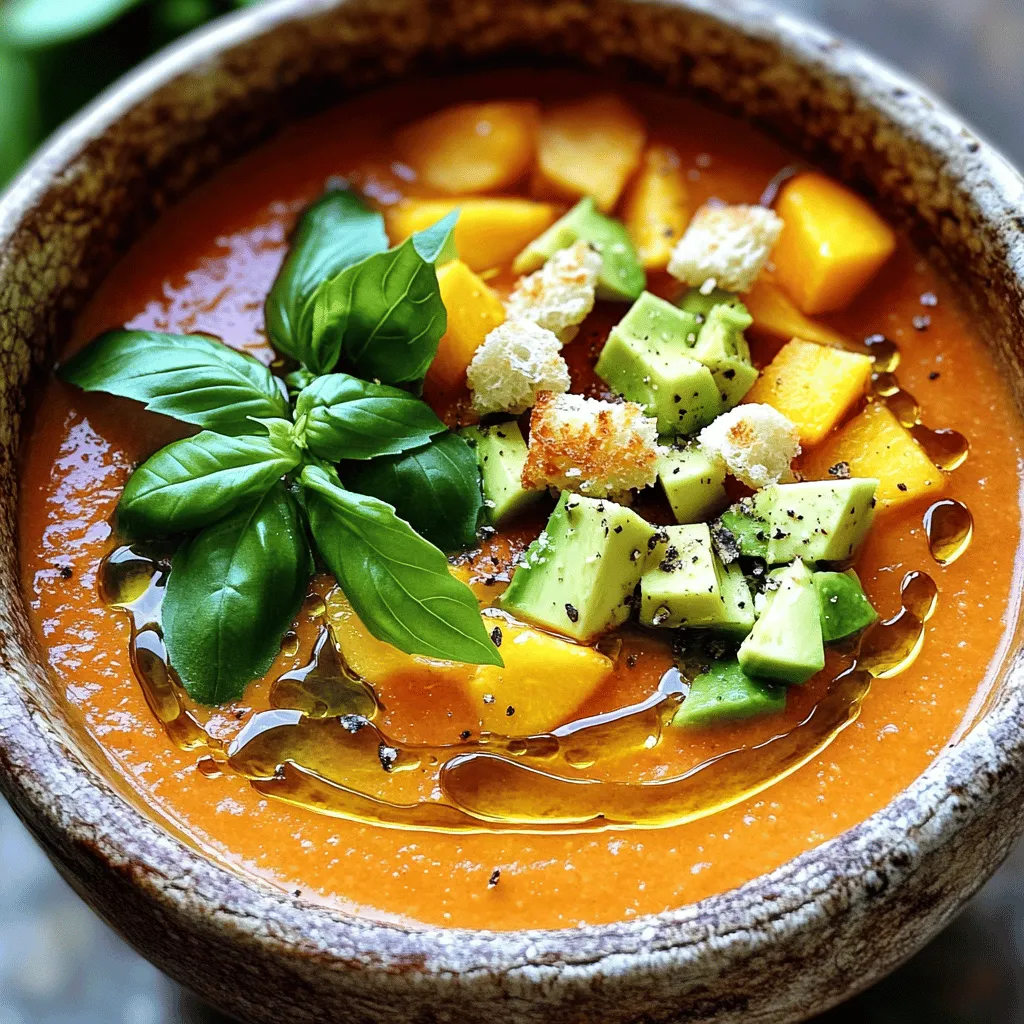 - 4 large ripe tomatoes, fire roasted and peeled - 2 ripe peaches, diced - 1 small cucumber, peeled and diced - 1 small red bell pepper, diced - 1/4 small red onion, finely chopped - 2 cloves garlic, minced - 3 cups vegetable broth - 2 tablespoons olive oil - 2 tablespoons red wine vinegar (or apple cider vinegar) - 1 teaspoon fresh basil, chopped - Salt and pepper to taste - Optional: diced avocado and croutons for serving I love this recipe for Fire Roasted Tomato Peach Gazpacho. It blends sweet and savory flavors. The fire roasted tomatoes bring a smoky taste that complements the peaches. Fresh ingredients make this dish bright and refreshing. To start, use large, ripe tomatoes. Fire roasting them enhances their flavor. You can roast them over an open flame or under a broiler. Next, select juicy peaches. Their sweetness balances the acidity of the tomatoes. You’ll also need a cucumber for crunch and a red bell pepper for color. The red onion adds a mild bite, while garlic brings depth. Vegetable broth is your base, making the gazpacho light and tasty. Olive oil adds richness, and red wine vinegar gives a tangy finish. Finally, don’t forget the fresh basil. It brightens the dish and adds an aromatic touch. Season with salt and pepper to your liking. You can even top your gazpacho with diced avocado and croutons for extra texture. For the full recipe, check out the details above. Enjoy this vibrant dish that celebrates fresh summer produce! To start, fire roast your tomatoes. You can do this over an open flame, on a grill, or under a broiler. Each method gives the tomatoes a nice smoky flavor. When the skin chars, it's time to take them off the heat. Let the tomatoes cool for a few minutes. Once cool, peel the skin off. It should come off easily. Chop the tomatoes into smaller pieces to help them blend better. Now, gather all your ingredients. In your blender, add the fire roasted tomatoes first. Then, add the diced peaches, cucumber, red bell pepper, red onion, garlic, vegetable broth, olive oil, and red wine vinegar. The order matters; putting the liquid first helps everything blend smoothly. Blend on high until smooth. If you prefer a chunkier gazpacho, blend just until combined. This gives it a nice texture. Next, it’s time to season. Taste your gazpacho and add salt, pepper, and chopped fresh basil to your liking. Blend again if needed. This step is key because seasoning can change the whole dish. Once seasoned, transfer the gazpacho to a bowl. Cover it and chill in the fridge for at least one hour. This chilling time helps the flavors mix and develops a deeper taste. You can enjoy your fire roasted tomato peach gazpacho straight from the fridge when ready. For the full recipe, check out the earlier section. To make your Fire Roasted Tomato Peach Gazpacho pop, think about adding herbs and spices. Fresh herbs like cilantro or parsley can add a bright taste. You might also try a pinch of chili powder for a little heat. If you want more depth, smoked paprika works wonders too. Adjusting the sweetness from the peaches is easy. If your peaches aren’t sweet enough, add a touch of honey. You can also squeeze in some lemon juice to balance the flavors. Just taste as you go to find the right mix. This gazpacho pairs well with crusty bread or a light salad. For a heartier meal, serve it with grilled shrimp or chicken. A side of tortilla chips adds a nice crunch. Garnishing your gazpacho makes it look extra special. Top each bowl with diced avocado for creaminess. A sprinkle of fresh basil or croutons adds texture and color. You can even drizzle a bit of olive oil on top for shine. For the full recipe, check out the [Full Recipe]. {{image_2}} You can change the flavors of your Fire Roasted Tomato Peach Gazpacho based on what is in season. For example, in summer, try adding sweet corn or zucchini. In fall, you might swap peaches for juicy pears or apples. These fruits and veggies can give your gazpacho a fun twist. To add extra flavor, think about herbs. Fresh cilantro or dill can brighten the dish. You can also try different peppers, like jalapeños, for a spicy kick. Experimenting with what you find at the market can lead to tasty surprises! Making this gazpacho vegan is easy. All the ingredients are plant-based, so you’re already set! If you want it gluten-free, just check your broth label. Some broths have gluten, but many do not. If you’d like to spice things up, add ingredients like diced jalapeños or a dash of hot sauce. You can also mix in a pinch of cayenne pepper for heat. Don’t worry; you can always taste and adjust as you go. This way, you'll get the perfect balance for your palate. For the full recipe, check out the [Full Recipe]. You can store your gazpacho in the fridge for about three days. Make sure to keep it in an airtight container. Check for any signs of spoilage before eating. If you see mold, a sour smell, or an odd color, it’s time to toss it out. Freezing gazpacho is a great way to save leftovers. Pour the chilled gazpacho into freezer-safe containers. Leave some space at the top for expansion. Label the containers with the date. It can last for about three months in the freezer. When you’re ready to enjoy it again, thaw the gazpacho in the fridge overnight. To reheat, pour it into a pot and warm it gently on the stove. Stir well to mix the ingredients. Enjoy it chilled or warmed, depending on your taste. For the full recipe, refer to the [Full Recipe]. You can fire roast tomatoes in a few fun ways. The best methods include using an open flame, a grill, or a broiler. - Open Flame: Hold the tomato with tongs and place it over the flame. Turn it until the skin is charred. - Grill: Preheat your grill. Place the tomatoes on the grill rack. Cook until the skin is charred and blistered. - Broiler: Set your oven to broil. Place tomatoes on a baking sheet and broil them for about 10-15 minutes. Watch closely so they don’t burn. After roasting, let the tomatoes cool. Then, peel off the skin. This step adds a deep, smoky flavor that makes your gazpacho shine. Yes, you can make this gazpacho ahead of time! It tastes even better after sitting for a while. - Meal Prep: Make the soup and store it in the fridge. It stays fresh for up to 3 days. - Storage: Use an airtight container to keep it from absorbing other smells. If you want, you can also prepare the ingredients a day ahead. Just chop and store them separately. Mix everything together when ready to serve. If you like heat, there are easy ways to spice up your gazpacho. - Hot Peppers: Add diced jalapeños or serrano peppers to the mix. Start with a small amount and taste as you go. - Hot Sauce: Stir in your favorite hot sauce to add a kick. - Spicy Seasonings: Try adding a pinch of cayenne pepper or smoked paprika for extra warmth. These additions will enhance the flavor and give your gazpacho a nice heat that pairs well with the sweetness of the peaches. For the full recipe, check out the [Full Recipe]. This gazpacho recipe lets you use fresh, tasty ingredients like tomatoes and peaches. We covered how to fire roast tomatoes, blend, and chill for the best flavor. Remember to season and garnish for extra appeal. Feel free to customize with seasonal fruits or make it vegan. Proper storage keeps your gazpacho good for days. Enjoy making this refreshing dish anytime!