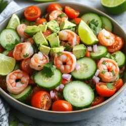 For this Cucumber Shrimp Salad, you need fresh and vibrant ingredients. Here’s what to gather: - Shrimp and Vegetable Ingredients - 1 lb shrimp, peeled and deveined - 2 medium cucumbers, thinly sliced - 1 cup cherry tomatoes, halved - 1/4 red onion, finely diced - 1 avocado, diced - 1/4 cup fresh cilantro, chopped - Dressing Components - 2 tablespoons olive oil - 2 tablespoons lime juice - Salt and pepper to taste - 1 teaspoon chili flakes (optional) These ingredients come together to create a salad that bursts with flavor. Each bite offers a mix of textures and tastes, from crunchy cucumbers to tender shrimp. The lime juice and olive oil dressing ties everything together, making it a refreshing choice. If you want more details, check out the Full Recipe. Cooking the Shrimp Start by bringing a pot of salted water to a boil. Add 1 pound of shrimp. Cook them for 2 to 3 minutes. You will know they are done when they turn pink and opaque. This step is quick, so keep an eye on them! Cooling and Draining Process Once cooked, drain the shrimp in a colander. Rinse them under cold water. This stops the cooking and keeps them firm. Set the shrimp aside to cool completely. Combining Vegetables In a large bowl, add the thinly sliced cucumbers, halved cherry tomatoes, finely diced red onion, and diced avocado. These veggies bring freshness and crunch to your salad. Adding the Dressing In a small bowl, whisk together 2 tablespoons of olive oil, 2 tablespoons of lime juice, salt, and pepper. If you like a little heat, add 1 teaspoon of chili flakes. Pour this dressing over the vegetables in the large bowl. Incorporating Shrimp and Herbs Now, add the cooled shrimp and 1/4 cup of chopped cilantro to the bowl. Gently toss everything together. Make sure the dressing coats each ingredient well. Adjusting Seasoning Taste your salad. If it needs more flavor, add more salt, pepper, or lime juice as needed. Let it sit for about 10 minutes to let the flavors blend. This step makes a big difference! For the complete guide, check the Full Recipe. Cooking Shrimp to Perfection To cook shrimp just right, use a pot of boiling, salted water. Drop the shrimp in and let them cook for only 2-3 minutes. They should turn pink and opaque. Quick cooking keeps them tender. After cooking, drain the shrimp and rinse them under cold water. This stops the cooking and keeps them juicy. Letting Flavors Develop Once you mix the salad, let it sit for about 10 minutes. This time allows the flavors to blend. The cucumbers soak up the dressing, making them even tastier. This step is key to enjoying a fresh and vibrant dish. Presentation Ideas When serving, use a large bowl or individual plates. A colorful presentation makes the dish more inviting. Garnish with extra cilantro and lime wedges for a bright touch. You can also add thin slices of lime on top for extra flair. Accompaniments for the Salad This salad pairs well with crusty bread or tortilla chips. For a heartier meal, serve it with grilled chicken or fish. The light and fresh taste of the salad complements rich flavors well. You can also add a side of rice for a complete meal. For the full recipe, visit the link. {{image_2}} Low-Calorie Swaps If you want a lighter salad, try reducing the olive oil. Use just one tablespoon instead of two. This small change cuts calories but keeps flavor. You can also skip the avocado or use half. It still tastes great while saving calories! Gluten-Free Alternatives This salad is already gluten-free, so you can enjoy it without worry. Make sure your dressing has no gluten. Most olive oils and lime juices are safe. Always check labels to be sure. Adding Fruits or Nuts Want to switch it up? Add fruits like mango or pineapple. They bring a sweet touch. Chopped nuts like almonds or walnuts add crunch and healthy fats. This twist makes the salad even more fun! Different Herbs and Spices Herbs like dill or parsley can give new flavors. Try these instead of cilantro for a different taste. You can also mix in spices like cumin or garlic powder. This adds depth and makes your salad unique. For the full recipe, check out the Cucumber Shrimp Salad section above. To keep your Cucumber Shrimp Salad fresh, store it in the fridge. Use an airtight container to seal in flavors and moisture. This salad stays good for up to two days. To refresh leftover salad, add a bit more lime juice or olive oil. This helps bring back its bright flavor. Gently mix the salad before serving. This way, it looks appealing and tastes great. You can freeze parts of the salad, but not the whole dish. Shrimp and cucumbers do not freeze well together. Instead, freeze shrimp and dressing separately. When you're ready to enjoy, thaw shrimp overnight in the fridge. After thawing, mix it with fresh cucumber and other ingredients. This method keeps your flavors fresh and tasty. How long can I store Cucumber Shrimp Salad? You can store Cucumber Shrimp Salad in the fridge for up to two days. After that, the cucumbers may become too soft. Keep it in an airtight container to keep it fresh. Can I use frozen shrimp for this recipe? Yes, you can use frozen shrimp. Just make sure to thaw them before cooking. Place them in cold water for about 15 minutes or leave them in the fridge overnight. What can I substitute for cilantro? If you don't like cilantro, try parsley or green onions. Both add fresh flavor and color to the salad. You can also skip the herbs if you prefer. Is there a vegan version of this salad? Yes! For a vegan version, use chickpeas or tofu instead of shrimp. They both add protein and texture. You can keep the rest of the ingredients the same for a tasty dish. For the full recipe, check the full details above. This blog post shared a full guide on making Shrimp Salad. We covered the key ingredients, cooking steps, and mixing tips to create a tasty dish. I also offered smart suggestions for serving and variations to suit your needs. Remember, practice makes perfect, so keep trying until you find what you love. With these tips, you can enjoy a fresh, flavorful salad any time. Happy cooking!