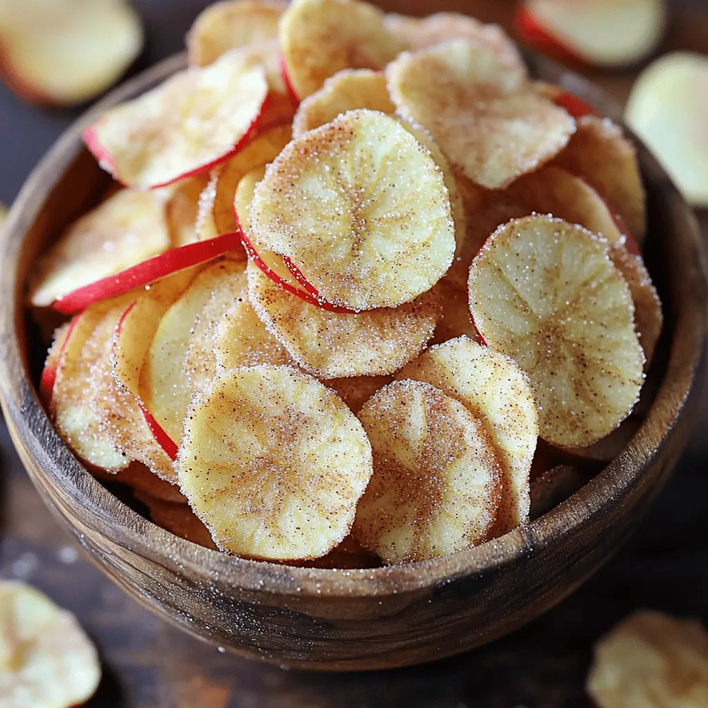 - 2 large apples (such as Fuji or Honeycrisp) - 1 tablespoon cinnamon - 2 tablespoons granulated sugar - 1 teaspoon lemon juice - Pinch of salt Choosing the right apples is key. I love using Fuji or Honeycrisp apples. They are sweet and crispy. You want apples that are firm and fresh. Look for ones with bright color and no bruises. To pick ripe apples, check the skin. It should be smooth and shiny. Give them a gentle squeeze. If they feel hard, they are likely ripe. Smell the apple too! A sweet scent means it’s ready to eat. Remember, the better your apples, the tastier your chips will be! For the full recipe, click here. First, wash the apples well under cold water. This step removes any dirt or wax. Next, core the apples and slice them into thin rounds. Aim for about 1/8 inch thick slices. This thickness helps them cook evenly and become crispy. If the slices are too thick, they may end up chewy instead of crunchy. Keeping the skin on adds a nice texture and flavor, so don’t peel them! In a large bowl, squeeze the lemon juice over the apple slices. This step prevents browning. Then, in a different small bowl, mix together the cinnamon, sugar, and a pinch of salt. Combine these well. Now, sprinkle the cinnamon-sugar mixture over the apple slices. Toss them gently to coat every slice evenly. You can do this in batches to ensure they all get enough flavor. Now it’s time to use the air fryer. Preheat it to 300°F (150°C). Arrange the apple slices in a single layer in the basket. You might need to cook them in batches, depending on your air fryer size. Air fry the slices for about 15-20 minutes. Flip the slices halfway through to ensure they cook evenly. Keep a close eye on them, as cooking times can change based on slice thickness and your air fryer model. Once they turn crisp and slightly golden, take them out and let them cool on a wire rack. They will crisp up more as they cool. If you want to make this snack, you can find the full recipe above. To make the best apple chips, slice the apples thinly, about 1/8 inch thick. This thickness helps them become crisp. If the slices are too thick, they will remain chewy. Use a sharp knife or a mandoline for even slices. Set your air fryer to 300°F (150°C). This low temperature allows the chips to dry out without burning. Once your air fryer is ready, place the apple slices in a single layer. Avoid crowding them; this ensures even cooking. Flip the apple slices halfway through cooking. This helps them crisp on both sides. Check on them often. Cooking times can change based on your air fryer and slice size. Aim for about 15-20 minutes until they look golden and crisp. To add a twist to your apple chips, consider other spices. Nutmeg and allspice work well with cinnamon. A pinch of cayenne pepper can add a fun kick. You can swap granulated sugar for other sweeteners. Honey or maple syrup can infuse unique flavors. Just remember to adjust the amount, as they are sweeter than sugar. This will help create your perfect flavor blend. For a fun twist, try soaking the apple slices in a mix of lemon juice and vanilla extract before coating them with cinnamon sugar. This adds a lovely depth of flavor to your apple chips. {{image_2}} You can make these apple chips even better with some fun twists. Adding nutmeg or allspice gives a warm flavor that pairs well with cinnamon. Just add a pinch to your cinnamon-sugar mix. It will make your snack pop with extra taste. You can also switch up your sweetener. Instead of granulated sugar, try honey or maple syrup. Both add a rich sweetness to your apple slices. Just adjust the amount based on how sweet you want them. A little drizzle of honey or maple syrup will do the trick. Apple chips are tasty, but why stop there? You can try making chips with pears or peaches. They bring a different flavor and texture to your snack. Slice them as thin as the apples to ensure they cook evenly. When using other fruits, adjust your cooking times. Pears may need a bit longer, while peaches cook faster. Check them often to find that perfect crispness. Each fruit brings its own charm to this delightful snack. To keep your apple chips fresh, use airtight containers. This prevents air from making them soft. I like to use glass jars or plastic bins with tight lids. Make sure they are cool before you store them. If they are warm, they can trap moisture inside. This could ruin their crispness over time. For best results, layer them with parchment paper. This keeps them from sticking together. Avoid storing them in sunny spots. Keep them in a cool, dark place for better flavor and texture. When stored properly, your apple chips can last up to a week. However, you should check them for signs of softness. If they feel chewy or limp, it’s time to toss them. Fresh apple chips have a nice crunch. They should snap when you bite into them. If you want to extend their shelf life, consider freezing them. Just place them in a freezer-safe bag. They will lose some crunch, but they can still be tasty later. Enjoy your air fryer cinnamon sugar apple chips in many ways! Yes, you can use many types of apples for this recipe. Some apples work better than others. For a sweet and crisp chip, I recommend Fuji or Honeycrisp. They have a great balance of sweetness and crunch. Tart apples like Granny Smith will give you a different flavor. They can be tasty, but they might not be as sweet. You can try other varieties too, but keep in mind the final taste and texture may change. You can still make apple chips without an air fryer! One common method is baking. Preheat your oven to 225°F (107°C). Slice the apples thin, just like in the air fryer recipe. Place them on a baking sheet lined with parchment paper. Bake for about 1-2 hours, flipping halfway through. Keep an eye on them to prevent burning. You can also use a dehydrator if you have one. It works slowly but gives you nice, crispy chips. Yes, air fryer apple chips can be a healthy snack. They are low in calories and high in fiber. Apples provide vitamins and minerals, like vitamin C and potassium. By making them at home, you can control the sugar and spice amounts. This way, you can make a treat that’s tasty and good for you. Just remember, moderation is key, even with healthy snacks. These air fryer apple chips are simple and fun to make. We covered the best apples to use and how to slice them for a perfect crunch. You also learned about flavor tips and how to store your chips. Try mixing spices or using different fruits to keep things fresh. Enjoy your tasty, healthy snack! You now have everything you need to create delicious apple chips at home. Get started and enjoy the results!