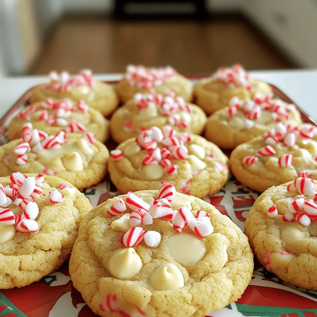 To make these White Chocolate Candy Cane Cookies, you need some basic ingredients. These are key to getting that perfect taste and texture. Here’s what you will need: - 2 cups all-purpose flour - 1/2 teaspoon baking powder - 1/4 teaspoon salt - 1/2 cup unsalted butter, softened - 1/2 cup granulated sugar - 1/2 cup brown sugar, packed - 1 large egg - 1 teaspoon vanilla extract - 1/2 teaspoon peppermint extract - 1 cup white chocolate chips - 1/2 cup crushed candy canes (plus extra for topping) These ingredients create a soft, chewy cookie packed with sweet white chocolate and minty flavor. If you want to take your cookies to the next level, consider adding some optional ingredients. These can give your cookies a special twist: - Edible glitter - Additional mint extracts Adding edible glitter makes your cookies sparkle! More mint extracts can boost that peppermint punch. You can find the full recipe inside the article for further guidance. - Preheat oven to 350°F (175°C). - Line a baking sheet with parchment paper. Start with the oven. Preheating it ensures even baking. The parchment paper helps prevent sticking. You want your cookies to bake evenly and come off the sheet easily. - Whisk together dry ingredients. - Cream together butter and sugars. - Incorporate egg and extracts. In a medium bowl, whisk together the flour, baking powder, and salt. This step mixes the dry ingredients well. Then, in a larger bowl, cream the softened butter with both sugars. Beat them until light and fluffy. This usually takes about 3-4 minutes. After that, beat in one egg, along with vanilla and peppermint extracts. These flavors are key to your cookies. - Combine dry and wet mixtures. - Fold in chocolate chips and candy canes. - Scoop dough onto baking sheet and prepare for baking. Now, mix the dry ingredients into the wet mixture. Stir gently until just combined. Next, fold in the white chocolate chips and crushed candy canes. This adds sweetness and a nice crunch. Using a cookie scoop, drop the dough onto the lined baking sheet. Space them about 2 inches apart. For a festive touch, sprinkle more crushed candy canes on top. Bake them for 10-12 minutes. The edges should be set, but the centers can stay soft. Enjoy the sweet smell as they bake! To make great cookies, start with softened butter. This helps the butter mix well with sugar. Softened butter gives cookies a nice, rich flavor. It also helps them spread out evenly. When you mix your dough, do not overmix. Mix just until you see no dry flour. Overmixing can make cookies tough. You want a soft and chewy texture for the best bite. To store your cookies, keep them in an airtight container. This keeps them fresh for longer. If you leave cookies out, they will dry out quickly. You can also add a slice of bread in the container. This keeps cookies moist by adding some moisture. Using a cooling rack is key. Once cookies are done baking, let them cool on the rack. This helps them stay soft and prevents sogginess. Remember, cooling them properly makes a big difference. For a festive touch, use a holiday-themed platter. Arrange your cookies in a nice circle. Add some extra candy canes around them for color. You can also sprinkle edible glitter on top for sparkle. To make them even more fun, try adding extra toppings. You can crush more candy canes and sprinkle them on top. These additions will make your cookies pop and look beautiful on any table. For the full recipe, check out the complete guide. {{image_2}} You can change the flavor of these cookies easily. Dark chocolate or milk chocolate chips work well instead of white chocolate. This swap creates a richer taste that some may enjoy more. You can also add crushed gingerbread cookies for a unique twist. The spice from gingerbread adds warmth, making the cookies even more festive. If you need a gluten-free version, use almond flour instead of all-purpose flour. Almond flour makes the cookies soft and adds a nutty taste. For those who want a vegan option, replace the butter with coconut oil and use a flax egg. This swap works well and keeps the cookies moist and tasty. These cookies can fit many occasions. Try mint-flavored cookies for other holidays, like St. Patrick's Day. You can also mix in seasonal spices like cinnamon or nutmeg for a cozy touch. This adds a new layer of flavor and makes the cookies perfect for different celebrations. For a detailed recipe, check out the Full Recipe. Enjoy making your festive treats! To keep your White Chocolate Candy Cane Cookies fresh, use an airtight container. This will lock in moisture and flavor. A metal tin or a glass jar with a tight lid works well. Store them at room temperature, away from sunlight. Avoid areas that are warm or humid. If you want to save some cookies for later, you can freeze them. First, let the cookies cool completely. Place them in a single layer on a baking sheet. Freeze them for about two hours. Then, transfer the cookies to a freezer bag. Make sure to remove as much air as possible before sealing. When you're ready to enjoy them, take out the cookies and let them thaw at room temperature for about 30 minutes. You can also warm them in the oven at 300°F (150°C) for a few minutes. These cookies stay fresh for about a week at room temperature. If you freeze them, they can last up to three months. Just remember to check for any signs of freezer burn before eating. Enjoy your festive treats! For the full recipe, check out Candy Cane Bliss Cookies. If you want to skip the egg, you have options! Common substitutes include: - Unsweetened applesauce: Use 1/4 cup for each egg. - Mashed banana: Use 1/4 cup. This adds a hint of banana flavor. - Yogurt: Use 1/4 cup of plain yogurt. It keeps the dough moist. These substitutes work well in cookies, giving you similar texture and moisture. You can use regular sugar, but it changes the taste. Brown sugar adds a rich, caramel flavor. It also keeps cookies chewy. Regular sugar will make them crisper. If you want that soft, chewy bite, stick with brown sugar. Mixing both can also work well. To make thicker cookies, try these tips: - Chill the dough: Let it rest in the fridge for at least 30 minutes. - Add more flour: Increase flour by 1/4 cup for a denser dough. - Use a cookie scoop: This helps shape the cookies higher. These steps will give you a thicker and more satisfying cookie. Crushing candy canes is easy! Here are some methods: - Use a zip-top bag: Place candy canes inside, seal it, and crush with a rolling pin. - Food processor: Pulse the candy canes in short bursts for even pieces. - Hammer: Wrap candy canes in a towel and gently tap with a hammer. These methods help you create perfect candy cane pieces for your cookies. Check the Full Recipe for more details! You now have all the key steps to bake delicious cookies. Start with quality ingredients and follow the steps closely. Use the tips to ensure they turn out perfect each time. Experiment with flavors and storage methods to suit your taste. Baking is fun and rewarding, especially with these recipes. Enjoy making memories as you create tasty treats for friends and family. Happy baking!