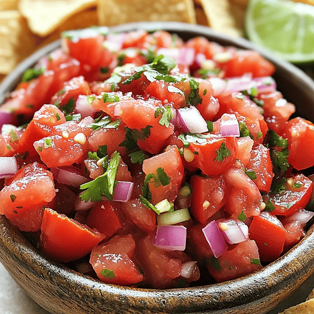 Fresh garden tomatoes are the star of this salsa. I use four ripe tomatoes, diced. Look for firm tomatoes with a deep red color. This ensures your salsa is juicy and flavorful. To build layers of flavor, I add a few key ingredients: - 1 medium red onion, finely chopped - 1 jalapeño pepper, deseeded and minced (adjust to taste) - 1/4 cup fresh cilantro, chopped - 2 cloves garlic, minced - Juice of 1 lime - Salt and pepper to taste These ingredients bring brightness and depth to your salsa. The onion adds crunch, and the jalapeño gives it a kick. Lime juice balances the flavor perfectly. For a refreshing twist, consider adding: - 1 small cucumber, diced This cucumber adds a cool crunch that complements the tomatoes. You can mix and match based on your taste. For the full recipe, you can refer to the Vibrant Fresh Garden Tomato Salsa. First, gather all your ingredients. You will need ripe garden tomatoes, red onion, jalapeño, cilantro, garlic, lime, salt, and pepper. If you want a refreshing twist, grab a cucumber. Next, dice the tomatoes into small pieces. Aim for bite-sized chunks. Then, finely chop the red onion. The smaller, the better! If you like heat, mince the jalapeño. Make sure to remove the seeds if you want less spice. Chop the cilantro and mince the garlic. In a large mixing bowl, combine the diced tomatoes and chopped red onion. Add the minced jalapeño, cilantro, and garlic to the bowl. Next, cut the lime in half and squeeze its juice over the mix. Catch any seeds that may fall in. Now, use a spatula to gently fold everything together. Mix until you see a nice blend of colors. If you choose to use cucumber, fold it in now for a crunchy texture. Finally, season your salsa with salt and pepper. Stir well and taste. Adjust the seasoning if needed. Let the salsa sit for about 15-20 minutes. This time helps the flavors blend nicely. You can serve it fresh with tortilla chips. It also works great on tacos or as a topping for grilled meats. Enjoy your vibrant garden salsa! For the full recipe, refer back to the ingredients above. Choose ripe, firm tomatoes for the best salsa. Look for ones that are bright and fragrant. Heirloom varieties often have great flavor. Avoid tomatoes that feel soft or have blemishes. You want a juicy tomato, but not one that is overripe. Freshness matters, so buy them at local markets when possible. If you like mild salsa, use less jalapeño. For more heat, add more jalapeño or other hot peppers. Remove the seeds and veins for less spice. Taste as you go. This way, you can find your perfect heat level. Remember, you can always add but can’t take away. Try adding lime zest for extra zing. A pinch of sugar can balance the acidity. You can also mix in diced bell peppers for a sweet crunch. Experiment with spices like cumin or smoked paprika. Fresh corn can add sweetness and texture. Each ingredient brings a new layer of flavor, so have fun! For the full recipe, check out the Vibrant Fresh Garden Tomato Salsa. {{image_2}} You can add fruit to salsa for a sweet twist. Try adding diced mango or peaches. These fruits bring a nice balance to the tangy tomatoes. You can mix them in just like the other ingredients. The sweetness pairs well with the heat from the jalapeño. This variation is great for summer gatherings. If you like heat, increase the jalapeño or add a serrano pepper. You can also toss in some red pepper flakes. For a smoky flavor, consider adding smoked paprika. Another option is to use chipotle peppers in adobo sauce. These spicy choices will make your salsa pop with flavor. Just remember to taste as you go. For a change, try making salsa verde. Use tomatillos instead of tomatoes. Roast them with garlic and onion for a deeper taste. Blend with lime juice and cilantro for a fresh, zesty salsa. This green salsa works well with grilled chicken or fish. It offers a different flavor profile while keeping things bright and fresh. To keep your fresh salsa tasty, store it in an airtight container. Glass jars work well for this. Make sure the lid is tight to keep air out. Place the container in the fridge right after making the salsa. This helps keep the flavors bright. Fresh salsa lasts about 3 to 5 days in the fridge. If you need more time, you can freeze it. Use freezer-safe bags or containers. Just leave some room for expansion. Salsa can last up to 3 months in the freezer. Thaw it in the fridge before using. You don't need to reheat fresh salsa. It's best served cold. If you have leftovers you want warm, try mixing it into a hot dish. Add it to tacos or grilled meats while cooking. This way, you can enjoy the flavors without losing their freshness. For the full recipe, check out the vibrant Fresh Garden Tomato Salsa. To add more heat, use more jalapeño peppers. You can also add chopped serrano peppers. Another option is to add a pinch of cayenne pepper. Taste as you go to find the right heat for you. Yes, you can use canned tomatoes. Look for high-quality canned tomatoes, preferably whole or diced. Drain the tomatoes well to avoid a watery salsa. Fresh tomatoes give the best flavor, but canned can work in a pinch. This salsa shines with tortilla chips as a snack. It also works great on tacos and grilled chicken. Try it with fish or in a fresh salad. The bright flavors will enhance many dishes! This blog post shared how to make fresh garden tomato salsa. We covered key ingredients, preparation steps, and serving ideas. I shared tips on choosing tomatoes and adjusting spice levels. You can also explore fun variations like fruit-infused salsa or salsa verde. Fresh salsa is tasty, easy, and perfect for any dish. Enjoy trying different recipes, and don’t hesitate to get creative! Your salsa-making journey can enhance your meals and impress your guests. Dive in and make your next batch today!