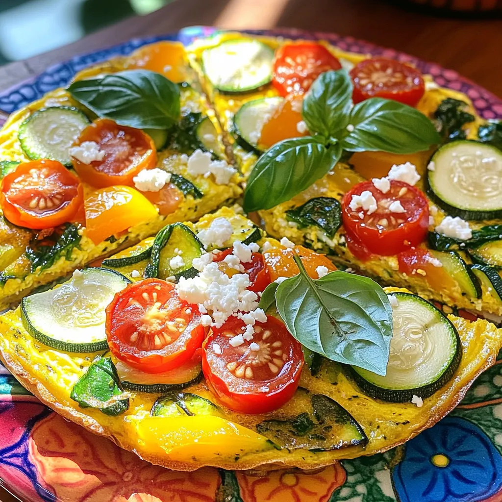 To make a delicious Garden Summer Frittata, gather these simple ingredients: - 6 large eggs - 1/2 cup milk - 1 cup zucchini, thinly sliced - 1/2 cup bell peppers, diced (red and yellow) - 1 cup fresh spinach, chopped - 1/2 cup sweet cherry tomatoes, halved - 1/4 cup red onion, finely chopped - 1/4 cup feta cheese, crumbled - 2 tablespoons olive oil - Salt and pepper to taste - Fresh basil leaves for garnish These fresh ingredients bring bright colors and flavors to your frittata. Feel free to mix and match your favorite veggies. For this recipe, I enjoy using zucchini and bell peppers because they add a nice crunch. The feta cheese gives a tangy taste that pairs well with the eggs. You can find the Full Recipe to guide you through the cooking process. This dish is perfect for breakfast or brunch. The bright colors of the vegetables make it a feast for the eyes. Also, the fresh basil on top adds a lovely aroma. With these ingredients, you will create a tasty and healthy meal that everyone will enjoy. 1. Preheat oven and prepare skillet Start by preheating your oven to 375°F (190°C). While that heats up, grab a 9-inch oven-safe skillet. Pour in 2 tablespoons of olive oil and heat it on medium. This helps to give the frittata a nice, golden crust. 2. Sauté onions and vegetables Once the oil is hot, add 1/4 cup of finely chopped red onion. Sauté it for about 2-3 minutes until it softens and turns translucent. Next, stir in 1 cup of thinly sliced zucchini and 1/2 cup of diced bell peppers. Cook these for an extra 5 minutes, letting them soften but still keeping some crunch. 3. Add egg mixture and cook before baking Toss in 1 cup of chopped fresh spinach and 1/2 cup of halved cherry tomatoes. Stir until the spinach wilts, which takes about 2 minutes. In a bowl, whisk together 6 large eggs, 1/2 cup of milk, salt, and pepper. Pour this mixture over your sautéed veggies. Stir gently to mix everything well. Sprinkle 1/4 cup of crumbled feta cheese on top. Let it cook on the stove for 2-3 minutes until the edges start to set. Then, transfer the skillet to the oven. Bake for 15-20 minutes or until the frittata is fully set and golden on top. This method gives you a fresh and flavorful Garden Summer Frittata, perfect for any summer meal. For the full recipe, refer to the details above. - How to achieve a fluffier frittata To make your frittata fluffier, whisk the eggs and milk well. Air bubbles help create lightness. Try adding a splash of sparkling water for extra lift. Cook on low heat to avoid burning. - Importance of even vegetable distribution When you add veggies, spread them evenly in the skillet. This helps each bite taste great. Uneven distribution can lead to some bites being bland. Mix them gently into the egg mixture for balance. - Recommended skillet types for best results Use a non-stick skillet for easy cooking. An oven-safe cast iron skillet is also great. It retains heat well, ensuring even cooking. Look for a 9-inch skillet for the right size. - Serving suggestions for impactful presentation Serve slices on a bright platter. This adds color and draws attention. You can cut the frittata into triangles or squares. A simple arrangement looks inviting and fresh. - Garnishing ideas to enhance visual appeal Use fresh basil leaves for a pop of color. You can also sprinkle more feta on top. A few slices of cherry tomatoes add brightness. These small touches make your dish look gourmet. {{image_2}} You can change up your garden summer frittata with different veggies. Try using: - Asparagus - Mushrooms - Broccoli - Kale These will add new tastes and colors. You can also swap cheeses to change the flavor. Here are some great options: - Goat cheese - Cheddar cheese - Swiss cheese Each cheese brings its own unique taste. Feel free to mix and match. You can make a vegetarian frittata by skipping meat. For a gluten-free option, just use a gluten-free flour blend in the egg mix. This keeps it safe for those with gluten issues. Want to add more protein? You can include: - Cooked bacon - Sliced turkey - Black beans These options boost the frittata’s nutritional value. You can enjoy a filling meal any time of day. For the full recipe, check out the link above. To keep your leftover frittata fresh, wrap it tightly in plastic wrap or place it in an airtight container. This helps prevent drying out. It’s best to store it in the fridge. When reheating, use the oven or microwave. For the oven, set it to 350°F (175°C). Heat for about 10 minutes or until warm. If using a microwave, heat slices for 1-2 minutes on medium power. This keeps the texture nice and moist. A frittata can last in the fridge for about three to four days. Make sure it’s stored properly to maintain its taste. If you want to keep it longer, freezing is a great option. Cut the frittata into slices before freezing. Wrap each slice in plastic wrap and then place them in a freezer bag. This way, they are easy to grab. It will last up to two months in the freezer. To reheat, thaw overnight in the fridge and then follow the reheating tips above. Enjoy your frittata at its best! How do you make a frittata without turning it? To make a frittata without turning it, cook it slowly on low heat. Start by sautéing your veggies. Then, pour in the egg mixture and let it set on the stovetop. Once the edges firm up, you finish it in the oven. This technique keeps it creamy and fluffy. Can I prepare the frittata ahead of time? Yes, you can prepare the frittata ahead of time. Cook it completely, let it cool, and store it in the fridge. You can reheat it in the oven or microwave when you are ready to eat. This makes for a quick meal on busy days. What is the difference between a frittata and an omelette? A frittata is thicker and cooked slowly, while an omelette is folded and cooked quickly. Frittatas use more ingredients mixed into the eggs, while omelettes usually have fillings added after cooking. Both are delicious, but they have different textures and styles. Can I use frozen vegetables in a frittata? Yes, frozen vegetables work well in a frittata. Thaw and drain them first to avoid extra moisture. This makes it easy to enjoy fresh flavors even when you don’t have fresh produce on hand. Is it necessary to add milk to the egg mixture? Adding milk is not necessary but can make the frittata creamier. It helps the eggs fluff up. You can skip it if you prefer a denser texture. Experiment to find what you like best! You learned how to make a tasty, veggie-filled frittata. We covered key ingredients, step-by-step cooking, and tips for success. Remember to try different veggies and cheeses for fun flavors. Proper storage will keep your leftovers fresh and tasty. A frittata is simple to make and great for any meal. Enjoy your cooking and impress your family and friends with this flexible dish!