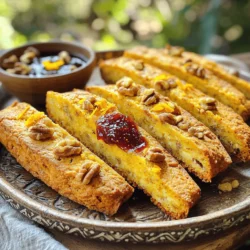 To make Fig Jam Biscotti, you need: - 2 cups all-purpose flour - 1 cup granulated sugar - 1/2 cup unsalted butter, softened - 3 large eggs - 1 teaspoon vanilla extract - 1 teaspoon baking powder - 1/2 teaspoon salt - 1 cup fig jam - 1/2 cup chopped walnuts (optional) - Zest of 1 orange Each biscotti has about: - 120 calories - 5 grams of fat - 17 grams of carbs - 1 gram of protein These numbers may vary with the optional walnuts or other add-ins. Always check your ingredients for exact values. Here are some products I recommend for this recipe: - High-quality all-purpose flour for the best texture. - Pure vanilla extract for rich flavor. - Fresh figs for a homemade jam if you want to try it. - A good serrated knife for slicing the biscotti evenly. Using quality ingredients makes a big difference in your baking. Enjoy the process, and happy baking! 1. Start by preheating your oven to 350°F (175°C). This ensures even baking. 2. Line a baking sheet with parchment paper. This helps prevent sticking. 3. In a large bowl, cream the softened butter and granulated sugar. Mix until light and fluffy. 4. Add the eggs one at a time. Mix well after each egg. Then, add the vanilla extract and orange zest. 5. In another bowl, whisk together the flour, baking powder, and salt. This mixes the dry ingredients. 6. Gradually add the dry mix to the wet mix. Stir until just combined. If you like, fold in the chopped walnuts. 7. Take half of the dough and shape it into a log about 12 inches long and 3 inches wide. Place it on the prepared baking sheet. 8. Repeat this with the second half of the dough. 9. Bake the logs for 25-30 minutes. They should be golden brown and firm. 10. Once done, take them out and let them cool for about 10 minutes. 11. Use a serrated knife to slice the logs diagonally into 1-inch wide pieces. 12. Lay the slices cut-side down on the baking sheet. 13. Bake again for 15 minutes. Flip the slices halfway through to ensure even crispness. 14. Let the biscotti cool completely on a wire rack. - Make sure to cream the butter and sugar well. This adds air and helps with texture. - Be careful not to overmix the dough. Overmixing can lead to tough biscotti. - Let the biscotti cool completely before slicing. This helps them stay firm. - Spread a layer of fig jam on one side for an extra touch of flavor. Follow these steps for a delightful treat. Enjoy your Fig Jam Biscotti! For the full recipe, be sure to check out the details above. Baking biscotti seems easy, but some mistakes can ruin your treat. Here are a few to watch for: - Overmixing the dough: Mix just until combined. Too much mixing makes tough biscotti. - Skipping the cooling step: Letting the logs cool is key. This helps with slicing. - Using stale ingredients: Fresh eggs and flour make a big difference. Check dates before you start. I love to tweak recipes for extra flavor and texture. Here are my top tips: - Add spices: A pinch of cinnamon or nutmeg can warm up the flavor. - Use different nuts: Try almonds or pistachios for a fun twist. - Include zest: The zest of lemon or lime brightens the taste. It adds freshness and zing to each bite. Having the right tools makes baking easier and more fun. Here’s what I recommend: - Mixing bowls: Use large, sturdy bowls for mixing. - Parchment paper: This helps prevent sticking and makes cleanup easy. - Serrated knife: A good knife is key for clean slices. A dull knife squishes the biscotti. For detailed steps on making Fig Jam Biscotti, check out the Full Recipe. {{image_2}} You can mix and match flavors to make your biscotti special. Try using almond extract instead of vanilla for a nutty taste. You can also add spices like cinnamon or nutmeg for warmth. If you love chocolate, adding cocoa powder to the dough gives a rich flavor. Dried fruits like cranberries or apricots can also pair well with fig jam. If you need a gluten-free version, use almond flour or a gluten-free flour blend. You may need to adjust the amount of liquid in the recipe since gluten-free flour absorbs more moisture. This will keep your biscotti soft and tasty. Ensure all other ingredients are gluten-free too. Feel free to add nuts, seeds, or even chocolate chips for extra crunch. Chopped almonds or pistachios can give a nice texture. If you want a fruity twist, consider adding a bit of lemon zest instead of orange. You can also replace fig jam with other jams like raspberry or apricot for a different flavor. For the full recipe, check out the detailed instructions above. To keep your biscotti fresh and tasty, store them in an airtight container. This keeps moisture out and helps maintain their crunch. You can place parchment paper between layers to prevent sticking. Keep the container in a cool, dry place, away from sunlight. Freezing biscotti is a great way to enjoy them later. First, let the biscotti cool completely. Then, wrap each piece tightly in plastic wrap. Place the wrapped pieces in a freezer-safe bag. They can last up to three months in the freezer. When you’re ready to enjoy them, thaw them at room temperature. Biscotti can last up to two weeks when stored properly at room temperature. For the best taste, eat them within the first week. If they start to lose their crunch, you can re-bake them for a few minutes to freshen them up. Always check for any signs of spoilage before eating. To make biscotti extra crunchy, slice them thinner. Aim for 1/2 inch instead of 1 inch. After the first bake, bake them longer. This helps remove extra moisture. Flip them halfway through to ensure even crisping. You want the biscotti to be golden brown and firm. A longer bake time gives that satisfying crunch we all love. Yes, you can use other jams! Try apricot, raspberry, or even orange marmalade. Each jam brings its own flavor. Just keep the same amount as you would for fig jam. This way, you keep the balance in the recipe. Each choice creates a unique twist on the classic biscotti. Explore different flavors to find your favorite! You can find fig jam biscotti at many grocery stores. Look in the bakery section or the aisle with snacks. Local bakeries might also sell fresh biscotti. If you prefer online shopping, check sites like Amazon or specialty food stores. This way, you can enjoy them anytime without baking. This article covered everything you need to know to make great biscotti. We listed key ingredients and their nutrition. I shared step-by-step instructions for perfect baking. You learned tips to avoid common mistakes and enhance flavor. Variations offer fun ways to change your biscotti. Finally, proper storage keeps your treats fresh longer. Now you have all the tools to bake delicious biscotti at home. Enjoy your baking journey!