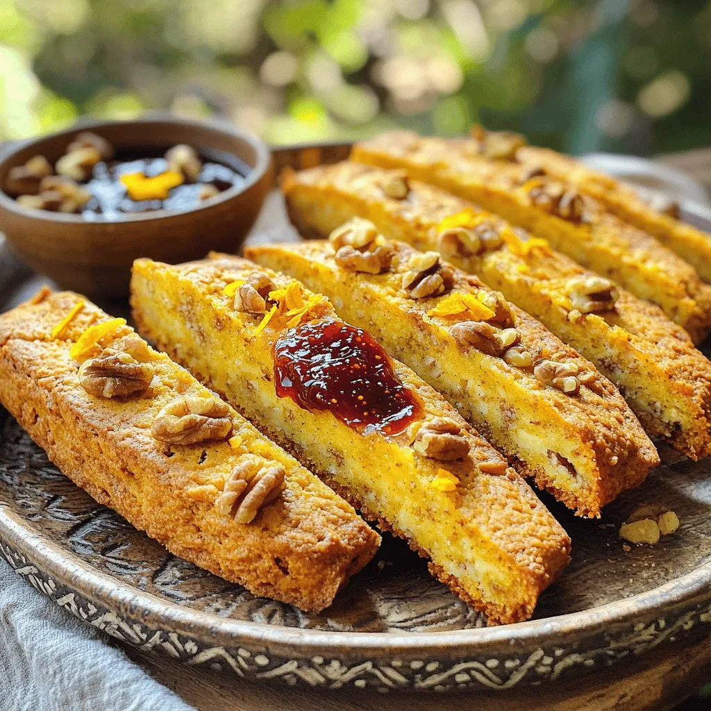 To make Fig Jam Biscotti, you need: - 2 cups all-purpose flour - 1 cup granulated sugar - 1/2 cup unsalted butter, softened - 3 large eggs - 1 teaspoon vanilla extract - 1 teaspoon baking powder - 1/2 teaspoon salt - 1 cup fig jam - 1/2 cup chopped walnuts (optional) - Zest of 1 orange Each biscotti has about: - 120 calories - 5 grams of fat - 17 grams of carbs - 1 gram of protein These numbers may vary with the optional walnuts or other add-ins. Always check your ingredients for exact values. Here are some products I recommend for this recipe: - High-quality all-purpose flour for the best texture. - Pure vanilla extract for rich flavor. - Fresh figs for a homemade jam if you want to try it. - A good serrated knife for slicing the biscotti evenly. Using quality ingredients makes a big difference in your baking. Enjoy the process, and happy baking! 1. Start by preheating your oven to 350°F (175°C). This ensures even baking. 2. Line a baking sheet with parchment paper. This helps prevent sticking. 3. In a large bowl, cream the softened butter and granulated sugar. Mix until light and fluffy. 4. Add the eggs one at a time. Mix well after each egg. Then, add the vanilla extract and orange zest. 5. In another bowl, whisk together the flour, baking powder, and salt. This mixes the dry ingredients. 6. Gradually add the dry mix to the wet mix. Stir until just combined. If you like, fold in the chopped walnuts. 7. Take half of the dough and shape it into a log about 12 inches long and 3 inches wide. Place it on the prepared baking sheet. 8. Repeat this with the second half of the dough. 9. Bake the logs for 25-30 minutes. They should be golden brown and firm. 10. Once done, take them out and let them cool for about 10 minutes. 11. Use a serrated knife to slice the logs diagonally into 1-inch wide pieces. 12. Lay the slices cut-side down on the baking sheet. 13. Bake again for 15 minutes. Flip the slices halfway through to ensure even crispness. 14. Let the biscotti cool completely on a wire rack. - Make sure to cream the butter and sugar well. This adds air and helps with texture. - Be careful not to overmix the dough. Overmixing can lead to tough biscotti. - Let the biscotti cool completely before slicing. This helps them stay firm. - Spread a layer of fig jam on one side for an extra touch of flavor. Follow these steps for a delightful treat. Enjoy your Fig Jam Biscotti! For the full recipe, be sure to check out the details above. Baking biscotti seems easy, but some mistakes can ruin your treat. Here are a few to watch for: - Overmixing the dough: Mix just until combined. Too much mixing makes tough biscotti. - Skipping the cooling step: Letting the logs cool is key. This helps with slicing. - Using stale ingredients: Fresh eggs and flour make a big difference. Check dates before you start. I love to tweak recipes for extra flavor and texture. Here are my top tips: - Add spices: A pinch of cinnamon or nutmeg can warm up the flavor. - Use different nuts: Try almonds or pistachios for a fun twist. - Include zest: The zest of lemon or lime brightens the taste. It adds freshness and zing to each bite. Having the right tools makes baking easier and more fun. Here’s what I recommend: - Mixing bowls: Use large, sturdy bowls for mixing. - Parchment paper: This helps prevent sticking and makes cleanup easy. - Serrated knife: A good knife is key for clean slices. A dull knife squishes the biscotti. For detailed steps on making Fig Jam Biscotti, check out the Full Recipe. {{image_2}} You can mix and match flavors to make your biscotti special. Try using almond extract instead of vanilla for a nutty taste. You can also add spices like cinnamon or nutmeg for warmth. If you love chocolate, adding cocoa powder to the dough gives a rich flavor. Dried fruits like cranberries or apricots can also pair well with fig jam. If you need a gluten-free version, use almond flour or a gluten-free flour blend. You may need to adjust the amount of liquid in the recipe since gluten-free flour absorbs more moisture. This will keep your biscotti soft and tasty. Ensure all other ingredients are gluten-free too. Feel free to add nuts, seeds, or even chocolate chips for extra crunch. Chopped almonds or pistachios can give a nice texture. If you want a fruity twist, consider adding a bit of lemon zest instead of orange. You can also replace fig jam with other jams like raspberry or apricot for a different flavor. For the full recipe, check out the detailed instructions above. To keep your biscotti fresh and tasty, store them in an airtight container. This keeps moisture out and helps maintain their crunch. You can place parchment paper between layers to prevent sticking. Keep the container in a cool, dry place, away from sunlight. Freezing biscotti is a great way to enjoy them later. First, let the biscotti cool completely. Then, wrap each piece tightly in plastic wrap. Place the wrapped pieces in a freezer-safe bag. They can last up to three months in the freezer. When you’re ready to enjoy them, thaw them at room temperature. Biscotti can last up to two weeks when stored properly at room temperature. For the best taste, eat them within the first week. If they start to lose their crunch, you can re-bake them for a few minutes to freshen them up. Always check for any signs of spoilage before eating. To make biscotti extra crunchy, slice them thinner. Aim for 1/2 inch instead of 1 inch. After the first bake, bake them longer. This helps remove extra moisture. Flip them halfway through to ensure even crisping. You want the biscotti to be golden brown and firm. A longer bake time gives that satisfying crunch we all love. Yes, you can use other jams! Try apricot, raspberry, or even orange marmalade. Each jam brings its own flavor. Just keep the same amount as you would for fig jam. This way, you keep the balance in the recipe. Each choice creates a unique twist on the classic biscotti. Explore different flavors to find your favorite! You can find fig jam biscotti at many grocery stores. Look in the bakery section or the aisle with snacks. Local bakeries might also sell fresh biscotti. If you prefer online shopping, check sites like Amazon or specialty food stores. This way, you can enjoy them anytime without baking. This article covered everything you need to know to make great biscotti. We listed key ingredients and their nutrition. I shared step-by-step instructions for perfect baking. You learned tips to avoid common mistakes and enhance flavor. Variations offer fun ways to change your biscotti. Finally, proper storage keeps your treats fresh longer. Now you have all the tools to bake delicious biscotti at home. Enjoy your baking journey!