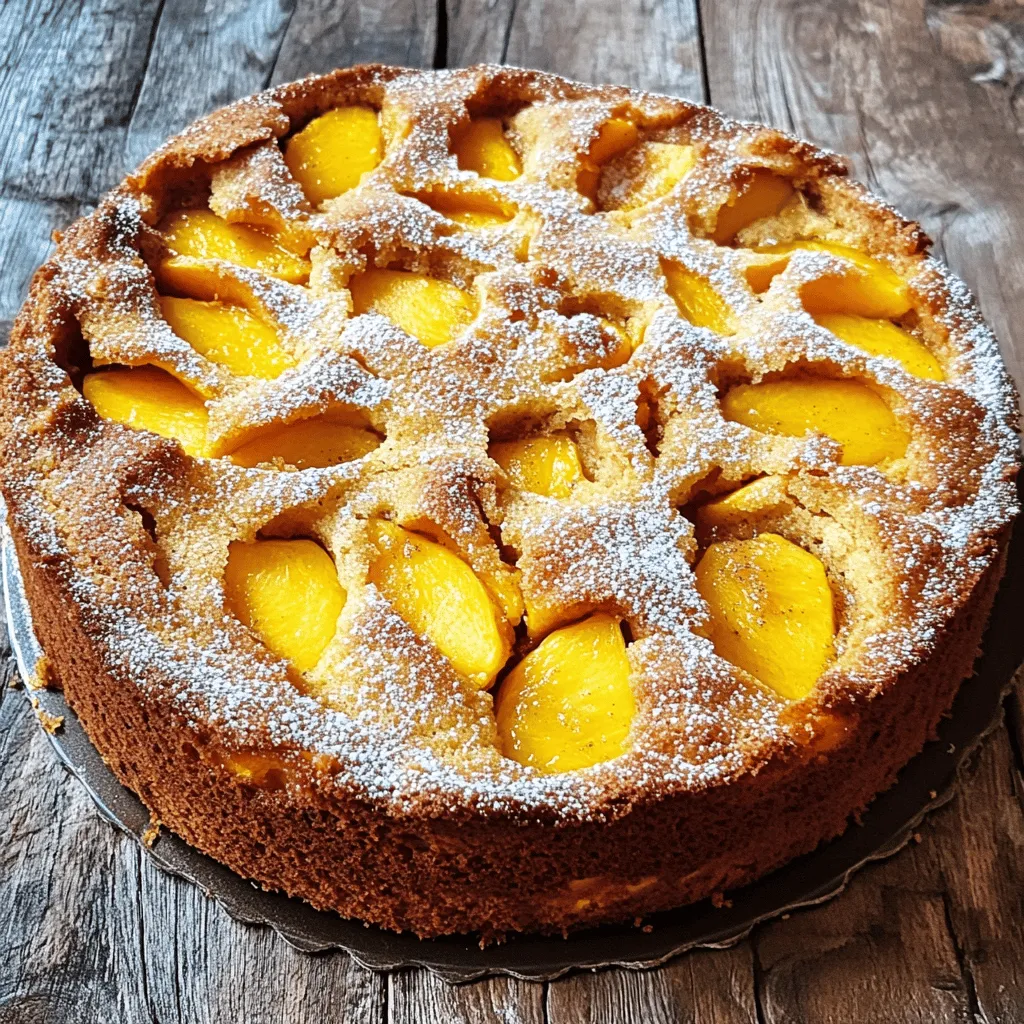 Brown Sugar Peach Cake uses simple, fresh ingredients. Each one adds flavor and texture. Here’s a closer look at what you need: - 2 ripe peaches: Peel and slice them. Fresh peaches give a juicy taste. - 1 cup all-purpose flour: This is the base of your cake. - 1 teaspoon baking powder: It helps the cake rise. - ½ teaspoon baking soda: This adds extra lift. - ½ teaspoon salt: It enhances all the flavors. - ½ cup unsalted butter: Make sure it is softened. This makes the cake rich. - 1 cup brown sugar: Use packed brown sugar for sweetness. - 2 large eggs: They bind the cake together. - 1 teaspoon vanilla extract: This adds warmth and depth. - ½ cup buttermilk: Makes the cake moist and fluffy. - ½ teaspoon ground cinnamon: Adds a hint of spice. - ¼ teaspoon nutmeg: This enhances the peach flavor. - Optional: powdered sugar: Use this for dusting before serving. You can swap some ingredients if needed. For example, if you don’t have buttermilk, use regular milk with a bit of lemon juice. If you want to add nuts, chopped walnuts or pecans work great. Each choice can bring a new twist to the cake. 1. Preheat your oven to 350°F (175°C). This step ensures even baking. Grease a 9-inch round cake pan with butter or line it with parchment paper. 2. Mix dry ingredients together. In a medium bowl, whisk the flour, baking powder, baking soda, salt, cinnamon, and nutmeg. This mix adds flavor and structure to the cake. 3. Cream butter and brown sugar. In a large bowl, beat the softened butter and packed brown sugar. Do this for about 3-4 minutes until the mixture is light and fluffy. This step adds air, making the cake soft. 4. Incorporate eggs and vanilla. Add the eggs one at a time, beating well after each. Then, mix in the vanilla extract. This adds richness and flavor to your cake. 5. Alternate dry ingredients with buttermilk. Gradually add the dry mix to the creamed mixture. Alternate this with the buttermilk until just combined. This keeps the batter moist and tender. 6. Fold in peaches. Gently add the sliced peaches into the batter. Make sure they are evenly distributed. This adds a burst of flavor in every bite. 7. Pour batter into the pan. Carefully spread the batter evenly in the prepared cake pan. 8. Baking time and temperatures. Bake the cake in the preheated oven for 30-35 minutes. Keep an eye on it. 9. Test for doneness. Insert a toothpick into the center of the cake. If it comes out clean, your cake is ready. If not, bake for a few more minutes. Follow these steps to create a delicious Brown Sugar Peach Cake. For the complete recipe, check out the Full Recipe. To get the right cake texture, use room-temperature ingredients. It helps create a light and fluffy cake. Make sure to cream the butter and brown sugar until it’s nice and fluffy. This step adds air to your batter. To prevent the cake from sticking, grease your pan well. You can use butter or a non-stick spray. You can also line the pan with parchment paper. This makes it easier to lift out the cake later. Baking times can vary by oven. If your oven runs hot, check the cake a few minutes early. Use a toothpick to test for doneness. Insert it into the center; if it comes out clean, the cake is ready. For toppings, I love to dust the Brown Sugar Peach Cake with powdered sugar. It adds a nice touch. You can also serve it with whipped cream or vanilla ice cream for extra sweetness. Pair this cake with a refreshing drink. I suggest sweet tea or lemonade. They balance the sweetness of the cake. If you want something warm, serve it with a cup of coffee. To store leftovers, keep the cake in an airtight container. It stays fresh at room temperature for a few days. You can also refrigerate it for a longer shelf life. Just make sure to let it cool completely first. For the full recipe, check out the instructions above! {{image_2}} You can make your Brown Sugar Peach Cake unique by adding some fun flavors. Here are some ideas: - Adding nuts or other fruits: Chopped walnuts or pecans add a nice crunch. You can also mix in blueberries or raspberries for a burst of flavor. - Using different sugars or sweeteners: Try using coconut sugar or maple sugar for a different taste. Each sugar brings its own flavor to the cake. - Alternative flours for variations: If you want to try something new, use almond flour or oat flour. This can change the texture and add nutrition. Making this cake fit your diet is easy with a few changes. - Gluten-free options: Substitute all-purpose flour with a gluten-free blend. This way, everyone can enjoy the cake. - Vegan adaptations: Swap the eggs for flax eggs or applesauce. Use vegan butter to keep it dairy-free. - Lower-sugar versions: You can cut down the brown sugar by using just half a cup. This will keep the cake tasty but lower in sugar. These variations and modifications allow you to tailor the Brown Sugar Peach Cake to your liking. Explore these ideas for a fun baking experience! For the complete recipe, check out the Full Recipe section. To keep your Brown Sugar Peach Cake fresh, store it in an airtight container. This method helps to lock in moisture. You can also cover the cake with plastic wrap. Keep it at room temperature for up to three days. If you want it to last longer, refrigerate it. Just remember, cold air can dry it out. For long-term storage, freezing works best. Cut the cake into slices and wrap each piece in plastic wrap. Place the wrapped slices in a freezer bag. Remove as much air as possible before sealing. It can freeze well for up to three months. When you want to enjoy a slice, remove it from the freezer. Place it in the fridge overnight to thaw. If you're in a hurry, you can thaw it at room temperature for a few hours. Enjoy your cake with the same great taste as when it was fresh! For the complete cake recipe, refer to the Full Recipe. What is the best type of peach to use? The best peaches for this cake are ripe and sweet. I love using Freestone peaches. They are easy to slice and have great flavor. Yellow peaches add sweetness and a bit of tartness. Look for peaches that yield slightly to pressure. Can I make this cake ahead of time? Yes, you can make this cake ahead of time. Bake it and let it cool completely. Wrap it in plastic wrap and store it in the fridge. It stays fresh for up to three days. You can also freeze it for longer storage. How do I prevent the cake from being too dense? To keep the cake light, measure your flour properly. Use the spoon and level method. Make sure not to overmix the batter when adding the flour. Fold in the peaches gently. This keeps the cake fluffy and airy. Substituting buttermilk: what can I use? If you don’t have buttermilk, you can use regular milk. Add one tablespoon of vinegar or lemon juice to one cup of milk. Let it sit for five minutes. This creates a similar tangy taste. What if I don't have brown sugar? If you lack brown sugar, you can make a substitute. Mix one cup of white sugar with two tablespoons of molasses. This gives you a similar taste and color. You can also use white sugar alone, but the flavor will change slightly. Can I use canned peaches instead of fresh? Yes, you can use canned peaches. Drain them well before adding to the batter. Canned peaches are softer, so be gentle when folding them in. They work well in this recipe, but fresh peaches taste best. For the full recipe, check out the detailed instructions above! In this blog post, I shared how to make a delicious Brown Sugar Peach Cake. We covered the key ingredients, preparation steps, baking methods, and some handy tips. I also explored variations to make the cake suit any diet or taste. Finally, I provided storage tips to keep your cake fresh. Remember, cooking is fun, so don’t hesitate to experiment! Enjoy your baking journey and savor every bite of your sweet creation.
