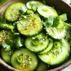 To make this tasty Sesame Honey Cucumber Salad, you will need: - 2 large cucumbers, thinly sliced - 1 tablespoon sea salt - 2 tablespoons sesame oil - 1 tablespoon honey - 2 tablespoons rice vinegar - 1 teaspoon soy sauce (low sodium) - 1 tablespoon toasted sesame seeds - 1 green onion, finely chopped - 1/4 teaspoon crushed red pepper flakes (optional) - Fresh cilantro leaves for garnish These ingredients come together to create a fresh and delightful dish. You can easily swap some ingredients to suit your taste or needs. If you want a lighter flavor, use lime juice instead of rice vinegar. If you don’t have sesame oil, try olive oil for a different twist. You can also use maple syrup instead of honey for a vegan option. For a crunch, add nuts like peanuts or almonds instead of sesame seeds. Fresh ingredients make a big difference in this salad. Crisp cucumbers add a nice crunch. They also provide hydration and nutrients. The honey should be pure for the best flavor. Fresh herbs like cilantro give a bright taste. Using fresh ingredients not only enhances the flavor but also makes the salad more enjoyable. When you use quality, fresh items, your dish will shine. You can find the full recipe above to get started on this vibrant dish! Start with two large cucumbers. Slice them thinly. Place the slices in a large bowl. Sprinkle one tablespoon of sea salt over the cucumbers. Toss them gently to mix the salt evenly. Let them sit for about 10 minutes. This step helps draw out extra moisture. While the cucumbers rest, grab a small bowl. Add two tablespoons of sesame oil, one tablespoon of honey, two tablespoons of rice vinegar, and one teaspoon of low-sodium soy sauce. Whisk these together until smooth. Taste the dressing. You can add more honey for sweetness or soy sauce for saltiness. After 10 minutes, rinse the cucumbers in cold water. This removes excess salt. Pat them dry with a kitchen towel. Now, transfer the cucumbers back to the bowl. Pour the dressing over the top. Add one tablespoon of toasted sesame seeds and one finely chopped green onion. If you like a kick, sprinkle in 1/4 teaspoon of crushed red pepper flakes. Toss everything gently. Let the salad sit for 5-10 minutes. This allows the flavors to mix well. Before serving, toss again and garnish with fresh cilantro leaves. Enjoy your fresh and simple Sesame Honey Cucumber Salad! For the full recipe, check the ingredients above. To make your salad perfect, follow these steps. First, slice your cucumbers thinly. Thin slices soak up the dressing better. Salt the cucumbers to draw out water. This step makes the salad crisp. Rinse and dry the cucumbers well to avoid a watery dish. When making the dressing, whisk together sesame oil, honey, rice vinegar, and soy sauce. Taste it and adjust as needed. You want a balance of sweet and salty. Add toasted sesame seeds for crunch and flavor. Toss everything gently to coat the cucumbers well. Here are some tools that will help you. A sharp knife is key for slicing cucumbers evenly. Use a cutting board to keep your space tidy. A mixing bowl makes it easy to combine ingredients. A whisk is great for mixing dressings smoothly. If you have a salad spinner, use it to dry your cucumbers after rinsing. It saves time and helps keep the salad crisp. Finally, have measuring spoons handy for accurate ingredient amounts. Serve your salad fresh for the best taste. It pairs well with grilled meats or fish. You can also serve it as a side with rice dishes. For a fun twist, add slices of avocado on top. This salad is also great for picnics or barbecues. If you want a bit of spice, include crushed red pepper flakes. A sprinkle of fresh cilantro adds color and flavor. For a unique touch, try adding toasted cashews or peanuts. For the full recipe, check out the detailed instructions provided. {{image_2}} You can make your Sesame Honey Cucumber Salad more filling by adding protein. Grilled chicken works well. Simply slice it into strips and toss it with the salad. Tofu is another great option. Use firm tofu, pan-fry it, and cut it into cubes. Both options add texture and make the dish heartier. To boost flavor, consider adding spices or herbs. Try a pinch of garlic powder for a savory note. Fresh herbs like mint or basil can add brightness. For a bit of heat, mix in some fresh ginger or chili flakes. These small changes create a new twist each time you make this salad. You can adapt the salad to fit each season. In summer, add juicy tomatoes or sweet corn for freshness. In fall, think about adding roasted squash or apples for sweetness. In winter, consider crunchy carrots or radishes for a nice bite. Seasonal changes keep the salad exciting and vibrant all year round. For the complete recipe, check out the Full Recipe link. To store leftover salad, place it in an airtight container. This keeps the salad fresh longer. Make sure to refrigerate it right away. Avoid adding the dressing before storing. This helps prevent sogginess. You can dress the salad just before serving. For meal prep, slice the cucumbers and store them separately. Make the dressing in a jar and shake before use. This keeps each part fresh until you are ready to eat. Store the salad in portions for easy access. This way, you can grab a healthy snack anytime. The salad can last up to three days in the fridge. After that, the cucumbers may lose their crunch. Always check for any off smells or changes in color. If you notice these, it's best to toss the salad. Remember to keep it cold and sealed to ensure safety. For the best taste, enjoy your salad within the first couple of days. Yes, you can make this salad ahead of time. I like to prepare it about an hour before serving. This gives the flavors time to mix well. Just remember to keep it in the fridge. If you let it sit too long, the cucumbers can get soft. You can serve this salad in many ways. It works well as a side dish with grilled meats. You can also add it to a rice bowl for extra crunch. Try it as a topping for tacos or wraps too. For a light meal, serve it with some rice or quinoa. Yes, this salad can be gluten-free. Just use gluten-free soy sauce to make the dressing. All other ingredients are gluten-free. This makes it a great option for anyone with gluten allergies. This blog post covered all key parts of making a great Sesame Honey Cucumber Salad. We talked about fresh ingredients and substitutions. You learned step-by-step instructions, helpful tips, and fun variations. I also shared smart storage methods and answered common questions. Enjoy making this salad. It’s quick, tasty, and can fit many meals. Each bite brings crisp joy and sweet flavor. Your kitchen can create this wonderful dish today!