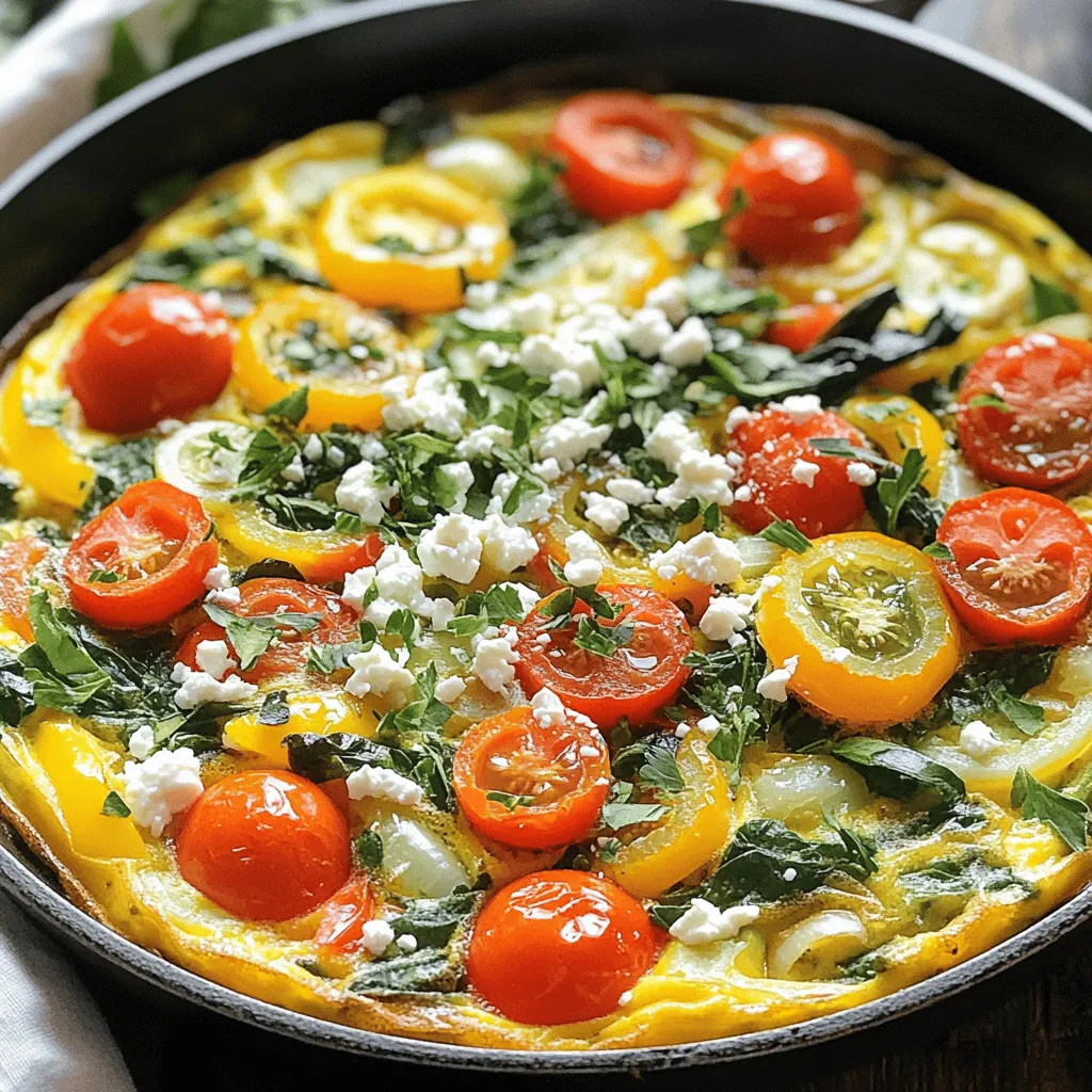 - Eggs and Dairy - 6 large eggs - 1/2 cup milk (or plant-based alternative) - Vegetables and Herbs - 1 cup spinach, chopped - 1 cup cherry tomatoes, halved - 1/2 bell pepper, diced (any color) - 1/2 onion, finely chopped - Fresh herbs (like parsley or basil) for garnish - Fats and Seasonings - 2 tablespoons olive oil - 1/2 cup feta cheese, crumbled (optional) - Salt and pepper to taste Gather these ingredients before you start. Fresh veggies add great color and taste. If you want to skip the cheese, that's fine too! But, I love how feta adds a salty kick. The olive oil helps the veggies cook and keeps the frittata moist. Remember to season with salt and pepper to bring out the flavors. This list is all you need for the full recipe. Preheating the Oven Start by preheating your oven to 375°F (190°C). This step is key to cooking the frittata evenly. A hot oven helps the frittata puff up nicely. Cooking the Vegetables In a large oven-safe skillet, heat 2 tablespoons of olive oil over medium heat. Once the oil is warm, add 1/2 of a finely chopped onion and 1/2 of a diced bell pepper. Cook these for about 3-4 minutes until they soften. Then, stir in 1 cup of halved cherry tomatoes and 1 cup of chopped spinach. Cook until the spinach wilts, which takes around 2 minutes. Whisking the Egg Mixture While the vegetables cook, grab a mixing bowl. Whisk together 6 large eggs, 1/2 cup of milk, and add salt and pepper to taste. Mix until everything is well combined and smooth. Pouring Egg Mixture Over Vegetables Once the vegetables are ready, pour the egg mixture directly into the skillet. Gently stir to make sure the veggies are evenly spread out in the eggs. If you like, sprinkle 1/2 cup of crumbled feta cheese on top for extra flavor. Initial Stovetop Cooking Cook the frittata on the stovetop for about 2-3 minutes. You will see the edges starting to set while the center remains soft. This step helps create a nice base for the frittata. Transfer to Oven Carefully transfer the skillet to your preheated oven. Make sure to use oven mitts! Cooking Time and Texture Bake the frittata for 15-20 minutes. It will puff up and should be set in the center. To check if it is done, gently shake the skillet. If the center jiggles slightly, it needs more time. Once ready, remove it from the oven and let it cool for a few minutes before slicing. Enjoy your delicious One-Pan Veggie Frittata! For the full recipe, check out the details above. - Ensuring Even Cooking: To cook your frittata evenly, use low heat. This helps the eggs set gently. Stir the veggies well before adding the egg mixture. This way, all the flavors blend nicely. Cook it on the stovetop until the edges begin to firm up. - Best Pans to Use: An oven-safe skillet works best for this dish. Cast iron gives great heat retention. You can also use a non-stick pan for easy cleanup. Just make sure it can go in the oven. - Presentation Tips: Serve the frittata warm, cut into wedges. Garnish with fresh herbs like parsley or basil. This adds color and flavor. A bright plate makes the dish more appealing. - Pairing Ideas: Enjoy your frittata with a light salad or crusty bread. A side of fruit also complements it well. This makes for a balanced and tasty meal. - How to Avoid a Soggy Bottom: To keep your frittata from being soggy, make sure to cook the vegetables first. Drain any excess liquid from ingredients like tomatoes. This helps the egg mix cook properly. - Cooking Variations: You can change the veggies based on what you have. Try mushrooms, zucchini, or asparagus for different flavors. This allows you to customize the dish to your taste. For a protein boost, add cooked bacon or sausage. For the full recipe, see the original instructions. {{image_2}} You can easily modify the One-Pan Veggie Frittata to fit your needs. Here’s how: - Dairy-Free Options: Swap the milk for almond or oat milk. This keeps the frittata creamy without dairy. You can also use coconut milk for a richer taste. - Additional Vegetables: Feel free to use any veggies you like. Zucchini, mushrooms, or kale work great. Just chop them small so they cook well. Adding flavor is key to a great frittata. Here are a few ideas: - Adding Spices and Herbs: Toss in spices like paprika or cumin for warmth. Fresh herbs, such as dill or chives, can add a burst of flavor. Sprinkle them right before serving for the best taste. - Include Proteins: Add cooked bacon, sausage, or beans for extra protein. This makes the frittata heartier and more filling. Simply mix in your proteins before pouring in the egg mixture. You can serve the frittata in fun ways: - Mini Frittatas: Use a muffin tin to make mini frittatas. They bake quicker and are perfect for snacks or brunch. Just adjust the baking time to about 15-18 minutes. - Frittata Muffins: Pour the mixture into lined muffin cups. This makes easy grab-and-go meals. You can also freeze these for a quick breakfast later. With these variations, the One-Pan Veggie Frittata stays fresh and exciting every time you make it. For the complete recipe, refer to the Full Recipe section. To keep your One-Pan Veggie Frittata fresh, store it properly. After it cools, cover it tightly with plastic wrap or use an airtight container. This method keeps it safe in the fridge for up to three days. If you want to save it longer, consider freezing it. Cut the frittata into slices and wrap each one in foil. Place the slices in a freezer bag, removing as much air as possible. This way, it lasts up to three months in the freezer. When it's time to enjoy your frittata again, reheating it is simple. The best method is the stovetop. Heat a non-stick skillet over low heat. Place the frittata slice in the pan and cover it. Heat for about 5-7 minutes until it's warm throughout. You can also use the microwave in a pinch. Place a slice on a microwave-safe plate and cover it with a damp paper towel. Heat it for 30 seconds to 1 minute, checking to avoid overcooking. Each method works well, but the stovetop keeps the texture nicer. Can I use other vegetables in the frittata? Yes, you can use many types of vegetables. Some great options include zucchini, broccoli, or mushrooms. Just make sure to chop them small and cook them until soft. This helps them blend well with the eggs and gives you a tasty dish. How do I know when the frittata is done? Check the frittata after about 15 minutes in the oven. It should puff up and look firm in the center. You can insert a toothpick in the middle. If it comes out clean, your frittata is ready. How many calories per serving? One serving of this frittata has about 200 calories. This may vary based on any added ingredients, like cheese. Is this recipe gluten-free? Yes, this frittata is gluten-free! It uses no flour or gluten products. This makes it a safe choice for those with gluten intolerance. How to incorporate into meal prep? You can make the frittata at the start of the week. Slice it into wedges and store in the fridge. Pair it with some fruit or toast for quick meals. Can frittatas be made ahead of time? Absolutely! Frittatas stay fresh in the fridge for up to four days. You can also freeze them for longer storage. Just reheat when you're ready to eat. For the full recipe, check out the One-Pan Veggie Frittata. This blog post covered everything you need to know for a perfect one-pan veggie frittata. We discussed key ingredients, step-by-step instructions, and helpful tips. Variations gave you ideas to mix things up, while storage info ensured your leftovers stay fresh. A frittata is simple, tasty, and great for any meal. Now you’re ready to create your own! Enjoy cooking and savor every bite of your delicious frittata.