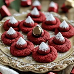 To make Hershey’s Red Velvet Blossom Cookies, gather these ingredients: - 2 ½ cups all-purpose flour - ½ cup cocoa powder - 1 teaspoon baking soda - ¼ teaspoon salt - ½ cup unsalted butter, softened - 1 cup granulated sugar - 1 large egg - 1 tablespoon red food coloring - 1 teaspoon vanilla extract - 1 cup powdered sugar (for rolling) - 24 Hershey’s Kisses, unwrapped When baking, you can make a few changes. You can use whole wheat flour if you want extra fiber. For a gluten-free version, try almond flour or a gluten-free blend. I suggest using natural cocoa powder for a rich flavor. As for the butter, unsalted is best to control the saltiness. For the red food coloring, gel versions give brighter color. If you need to avoid food coloring, consider beet juice for a natural option. Always choose high-quality chocolate kisses for the best taste. Make sure you have the right tools for success. You will need: - Measuring cups and spoons - Mixing bowls (both large and medium) - Whisk and electric mixer - Baking sheets - Parchment paper - Cookie scoop or tablespoon - Wire rack for cooling These tools help ensure your cookies come out perfectly baked. Check your measurements carefully. Accurate amounts make a big difference in baking! To make Hershey’s Red Velvet Blossom Cookies, start by gathering your ingredients. You will need flour, cocoa powder, baking soda, salt, butter, sugar, an egg, red food coloring, vanilla extract, powdered sugar, and Hershey’s Kisses. This part takes about 10 minutes. 1. First, preheat your oven to 350°F (175°C). This helps the cookies bake evenly. 2. Line a baking sheet with parchment paper. This prevents sticking. 3. In a medium bowl, whisk together the flour, cocoa powder, baking soda, and salt. Set this mixture aside. 4. In a large bowl, cream the softened butter with granulated sugar. Mix until it is light and fluffy. 5. Add the egg, red food coloring, and vanilla extract to the butter mixture. Stir well until it's smooth. 6. Gradually mix the dry ingredients into the wet mixture. Be careful not to overmix. 7. Scoop tablespoon-sized portions of dough. Roll them into small balls. 8. Roll each ball in powdered sugar until coated. 9. Place the dough balls on the baking sheet with space between them. 10. Bake in the oven for 10 to 12 minutes. The edges should be set, but the centers will stay soft. 11. Take the cookies out and press a Hershey’s Kiss into the center of each. Let the cookies cool on the baking sheet for 5 minutes. Then, transfer them to a wire rack to cool completely. For serving, arrange the cookies on a nice platter. Dust with more powdered sugar for a pretty look. You can also add extra Hershey's Kisses around the platter for fun. This makes them more inviting! For the full recipe, check the detailed instructions above. When baking Hershey’s Red Velvet Blossom Cookies, avoid common errors. First, do not skip the cooling time. If you add the Hershey’s Kiss too soon, it will melt completely. Next, watch the baking time. Overbaking can lead to dry cookies. Always check the edges; they should be set but the center should feel soft. Lastly, ensure you measure your ingredients correctly. Too much flour makes cookies dry. To create perfect cookies, start with softened butter. It should feel like a cold stick, not melted. Cream the butter and sugar until light and fluffy. This step adds air and helps the cookies rise. Mix your dough until just combined. Overmixing can create tough cookies. When rolling the dough, aim for uniform size. This ensures even baking. Finally, chill your dough for 30 minutes if it feels too sticky; this helps with shaping. To boost flavor, try using high-quality cocoa powder. It adds richness and depth. You can also add a pinch of espresso powder. This enhances the chocolate taste without making it taste like coffee. For texture, consider mixing in some chopped nuts or chocolate chips. This adds a nice crunch. If you want a twist, use flavored Kisses, like caramel or mint. They add a fun surprise in each bite. For the best results, follow the Full Recipe closely. {{image_2}} You can easily change the flavor of your Hershey’s Red Velvet Blossom Cookies. Try adding nuts like chopped walnuts or pecans for a crunchy bite. You can also mix in chocolate chips for extra sweetness. If you want a fun twist, try white chocolate chips instead of Hershey's Kisses. This makes each cookie even more special. If you or someone you know has gluten issues, you can make these cookies gluten-free. Use a gluten-free flour blend instead of all-purpose flour. Make sure to check if the cocoa powder and baking soda are also gluten-free. This way, everyone can enjoy these tasty treats without worry. You can give your cookies a seasonal flair. For Valentine's Day, add festive sprinkles on top. During Christmas, use red and green sprinkles for a holiday look. You can even swap out the Hershey’s Kisses for seasonal candies like peppermint kisses or caramel-filled kisses. Each season offers a chance to make these cookies unique. For the complete recipe, check out the [Full Recipe]. To keep your Hershey’s Red Velvet Blossom Cookies fresh, store them in an airtight container. This helps keep moisture in and prevents them from getting hard. You can layer the cookies with parchment paper to avoid sticking. Place the container in a cool, dry place. This method works best for cookies that will be eaten within a week. You can freeze these cookies if you want to save some for later. First, let the cookies cool completely. Then, place them in a single layer on a baking sheet. Freeze them for about 1 hour. Once they are frozen, transfer the cookies to a freezer-safe bag. Make sure to remove as much air as possible. You can freeze them for up to three months. When ready to eat, thaw them at room temperature for a few hours. Hershey’s Red Velvet Blossom Cookies can last for about one week when stored correctly. To keep them fresh, check for any signs of dryness. If they seem hard, you can add a slice of bread to the container. The bread will help keep the cookies soft. Remember, the fresher the cookies, the better they taste! To make Hershey’s Red Velvet Blossom Cookies, follow these steps. Start by preheating your oven to 350°F (175°C) and lining a baking sheet with parchment paper. In a bowl, mix 2 ½ cups of all-purpose flour, ½ cup of cocoa powder, 1 teaspoon of baking soda, and ¼ teaspoon of salt. In another bowl, cream together ½ cup of softened butter and 1 cup of sugar until it’s light and fluffy. Add in 1 large egg, 1 tablespoon of red food coloring, and 1 teaspoon of vanilla extract. Mix well. Gradually combine the dry and wet ingredients. Roll tablespoon-sized dough into balls and coat them in powdered sugar. Place on the baking sheet and bake for 10 to 12 minutes. After baking, press a Hershey’s Kiss into the center of each cookie. Let them cool before enjoying these delightful treats. For the full recipe, check the earlier section. Yes, you can. While the classic Hershey’s Kiss is great, try other flavors. You might enjoy milk chocolate, dark chocolate, or caramel-filled kisses. Each option adds a new twist to the cookie. Experiment and find your favorite. Just remember, the size of the kiss should stay the same for even baking. Red velvet cookies stand out due to their unique flavor and color. They use cocoa powder, like chocolate cookies, but also include red food coloring. This gives them a rich, red hue. Red velvet cookies often have a slight tanginess from the buttermilk or vinegar that some recipes include. This flavor profile sets them apart from standard chocolate cookies. Plus, the visual appeal of red cookies with white chocolate kisses creates a festive treat. This blog post covers everything you need for perfect Hershey’s Red Velvet Blossom Cookies. You learned about the key ingredients and the best tools to use. I shared step-by-step baking instructions and helpful tips to avoid common mistakes. You also found different flavor ideas and storage tips to keep your cookies fresh. Now, you can bake amazing cookies that your friends and family will love. Enjoy experimenting with these recipes!