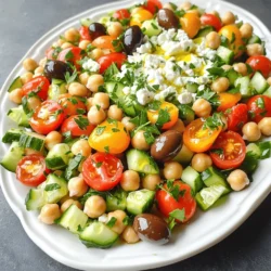 This salad is vibrant and full of flavor. Here are the key ingredients: - 1 can (15 oz) chickpeas, drained and rinsed - 1 cup cherry tomatoes, halved - 1 cucumber, diced - 1/2 red onion, finely chopped - 1/2 cup Kalamata olives, pitted and halved - 1/2 cup feta cheese, crumbled - 1/4 cup fresh parsley, chopped - 3 tablespoons olive oil - 2 tablespoons lemon juice - 1 teaspoon dried oregano - Salt and pepper to taste These ingredients create a colorful dish. Chickpeas provide protein and fiber. The tomatoes and cucumber add freshness. Feta brings a creamy texture, while olives add a salty punch. You can make this salad even better with some add-ins. Here are a few ideas: - Avocado for creaminess - Bell peppers for crunch - Spinach or arugula for greens - Roasted red peppers for sweetness - Artichoke hearts for a unique taste Feel free to mix and match. These add-ins can make the salad your own. Choosing the right brands matters for taste. I recommend these: - Chickpeas: Eden Foods offers organic options that taste great. - Feta Cheese: Dodoni or Athenos provide high-quality feta. - Olive Oil: California Olive Ranch has a rich flavor. - Olives: Gaea offers tasty Kalamata olives. Using quality ingredients can elevate your dish. It’s worth the effort to choose the best! For detailed preparation steps, check the Full Recipe. To make the Mediterranean Chickpea Feta Salad, start with simple steps. First, gather all your ingredients. You need chickpeas, cherry tomatoes, cucumber, red onion, Kalamata olives, feta cheese, parsley, olive oil, lemon juice, and oregano. 1. Take a large bowl and add the drained chickpeas. 2. Next, throw in the halved cherry tomatoes. 3. Chop the cucumber and add it to the bowl. 4. Finely chop the red onion and mix it in. 5. Add the Kalamata olives for that salty kick. 6. Crumble the feta cheese over everything. 7. Finally, sprinkle in the chopped parsley. Now, you will make the dressing. In a small bowl, whisk together the olive oil, lemon juice, oregano, salt, and pepper. Mix until it looks smooth. Pour the dressing over the salad mixture and gently toss. Make sure everything is well coated. Taste it and adjust the seasoning if needed. Let the salad sit for about 10 to 15 minutes. This helps the flavors blend together nicely. When making this salad, prep is key. Here are my tips: - Prep Ahead: Chop vegetables the day before to save time. - Use Canned Chickpeas: They save you cooking time and are ready to go. - Keep It Colorful: Use colorful veggies for a more appealing look. - Mix Well: Toss the salad gently to avoid mashing the feta. This recipe doesn’t require cooking, but it does use some important techniques. - Chopping: Dice and chop vegetables into even pieces for better taste and look. - Whisking: Whisking the dressing well makes sure all flavors mix. - Tossing: Gently toss the salad to keep the ingredients intact. These steps make a fresh, tasty, and simple Mediterranean Chickpea Feta Salad, perfect for any meal. For the complete recipe, check out the Full Recipe section. You can easily change this salad to fit your taste. Add some bell peppers for crunch. If you like spice, try adding jalapeños or red pepper flakes. You can swap feta with goat cheese for a creamier taste. Add nuts like walnuts or almonds for extra texture. Fresh herbs like mint or basil can brighten the flavors. Each change makes the salad your own. Fresh ingredients make all the difference in this salad. Look for firm cherry tomatoes and crisp cucumbers. Choose olives that are plump and flavorful. When buying feta, select blocks over crumbles for better taste. Always wash your veggies before use. Rinse chickpeas well to remove any can taste. Fresh herbs should be vibrant and fragrant. This ensures your salad is bright and tasty. This salad shines on its own. Serve it as a light lunch or side dish. It pairs well with grilled chicken or fish. For a vegetarian meal, serve it with quinoa or couscous. Add pita bread on the side for a Mediterranean touch. You can even serve it with a yogurt dip for extra flavor. Try it as a filling in wraps for a quick snack. Check out the Full Recipe for more ideas and inspiration! {{image_2}} You can change this salad with the seasons. In summer, add fresh corn or bell peppers. In winter, try roasted squash or beets for a warm touch. Each season brings unique flavors. Mixing in seasonal ingredients makes your salad fresh and exciting. The dressing can change the whole taste. If you want a tangy kick, try adding balsamic vinegar instead of lemon juice. For a creamy touch, mix in some yogurt. Each dressing gives a new flavor profile. Feel free to experiment and find what you like best. If you need substitutes, they are easy to find. For gluten-free diets, this salad is already safe. If you're dairy-free, use tofu instead of feta. For a nut-free option, skip the olives. This recipe is flexible, so you can make it work for any diet. Check the [Full Recipe] for more ideas. To keep your Mediterranean Chickpea Feta Salad fresh, store it in an airtight container. Make sure to keep it in the fridge. This helps the salad last longer. Avoid mixing in the dressing until you are ready to eat. This keeps the veggies crisp and the flavors bright. When meal prepping, chop your veggies ahead. Store each item in separate containers. You can mix everything the night before or the morning of your meal. This way, your salad stays fresh and tasty. You can also make the dressing in advance. Just shake it well before adding it to the salad. The salad will stay good for about 3 to 5 days in the fridge. For best taste, eat it within 2 days. If you notice any change in texture or smell, it's better to toss it. Enjoy the full recipe for a great dish, and remember to use fresh ingredients for the best flavor! If you want a feta substitute, try using avocado or tofu. Both add creaminess. You can also use vegan feta. It has a similar taste and texture. Yes, you can make this salad ahead of time. It tastes even better after sitting. Just keep it in the fridge for up to two days. Wait to add the dressing until you're ready to serve. This keeps everything fresh and crisp. This salad is not vegan because of the feta cheese. To make it vegan, use a plant-based feta or skip the cheese altogether. The chickpeas and veggies still make it filling and tasty. This blog explored key ingredients, step-by-step instructions, and tips for a great Mediterranean chickpea feta salad. You learned how to customize your salad and use fresh ingredients for the best taste. Remember, you can try seasonal variations and alternative dressings to keep it exciting. Proper storage extends freshness, making meal prep simpler. This salad is easy to make, tasty, and great for everyone, even vegans. Enjoy your creation and share it with friends. Happy cooking!
