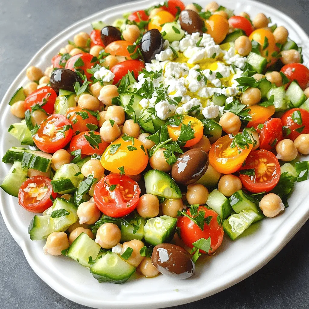This salad is vibrant and full of flavor. Here are the key ingredients: - 1 can (15 oz) chickpeas, drained and rinsed - 1 cup cherry tomatoes, halved - 1 cucumber, diced - 1/2 red onion, finely chopped - 1/2 cup Kalamata olives, pitted and halved - 1/2 cup feta cheese, crumbled - 1/4 cup fresh parsley, chopped - 3 tablespoons olive oil - 2 tablespoons lemon juice - 1 teaspoon dried oregano - Salt and pepper to taste These ingredients create a colorful dish. Chickpeas provide protein and fiber. The tomatoes and cucumber add freshness. Feta brings a creamy texture, while olives add a salty punch. You can make this salad even better with some add-ins. Here are a few ideas: - Avocado for creaminess - Bell peppers for crunch - Spinach or arugula for greens - Roasted red peppers for sweetness - Artichoke hearts for a unique taste Feel free to mix and match. These add-ins can make the salad your own. Choosing the right brands matters for taste. I recommend these: - Chickpeas: Eden Foods offers organic options that taste great. - Feta Cheese: Dodoni or Athenos provide high-quality feta. - Olive Oil: California Olive Ranch has a rich flavor. - Olives: Gaea offers tasty Kalamata olives. Using quality ingredients can elevate your dish. It’s worth the effort to choose the best! For detailed preparation steps, check the Full Recipe. To make the Mediterranean Chickpea Feta Salad, start with simple steps. First, gather all your ingredients. You need chickpeas, cherry tomatoes, cucumber, red onion, Kalamata olives, feta cheese, parsley, olive oil, lemon juice, and oregano. 1. Take a large bowl and add the drained chickpeas. 2. Next, throw in the halved cherry tomatoes. 3. Chop the cucumber and add it to the bowl. 4. Finely chop the red onion and mix it in. 5. Add the Kalamata olives for that salty kick. 6. Crumble the feta cheese over everything. 7. Finally, sprinkle in the chopped parsley. Now, you will make the dressing. In a small bowl, whisk together the olive oil, lemon juice, oregano, salt, and pepper. Mix until it looks smooth. Pour the dressing over the salad mixture and gently toss. Make sure everything is well coated. Taste it and adjust the seasoning if needed. Let the salad sit for about 10 to 15 minutes. This helps the flavors blend together nicely. When making this salad, prep is key. Here are my tips: - Prep Ahead: Chop vegetables the day before to save time. - Use Canned Chickpeas: They save you cooking time and are ready to go. - Keep It Colorful: Use colorful veggies for a more appealing look. - Mix Well: Toss the salad gently to avoid mashing the feta. This recipe doesn’t require cooking, but it does use some important techniques. - Chopping: Dice and chop vegetables into even pieces for better taste and look. - Whisking: Whisking the dressing well makes sure all flavors mix. - Tossing: Gently toss the salad to keep the ingredients intact. These steps make a fresh, tasty, and simple Mediterranean Chickpea Feta Salad, perfect for any meal. For the complete recipe, check out the Full Recipe section. You can easily change this salad to fit your taste. Add some bell peppers for crunch. If you like spice, try adding jalapeños or red pepper flakes. You can swap feta with goat cheese for a creamier taste. Add nuts like walnuts or almonds for extra texture. Fresh herbs like mint or basil can brighten the flavors. Each change makes the salad your own. Fresh ingredients make all the difference in this salad. Look for firm cherry tomatoes and crisp cucumbers. Choose olives that are plump and flavorful. When buying feta, select blocks over crumbles for better taste. Always wash your veggies before use. Rinse chickpeas well to remove any can taste. Fresh herbs should be vibrant and fragrant. This ensures your salad is bright and tasty. This salad shines on its own. Serve it as a light lunch or side dish. It pairs well with grilled chicken or fish. For a vegetarian meal, serve it with quinoa or couscous. Add pita bread on the side for a Mediterranean touch. You can even serve it with a yogurt dip for extra flavor. Try it as a filling in wraps for a quick snack. Check out the Full Recipe for more ideas and inspiration! {{image_2}} You can change this salad with the seasons. In summer, add fresh corn or bell peppers. In winter, try roasted squash or beets for a warm touch. Each season brings unique flavors. Mixing in seasonal ingredients makes your salad fresh and exciting. The dressing can change the whole taste. If you want a tangy kick, try adding balsamic vinegar instead of lemon juice. For a creamy touch, mix in some yogurt. Each dressing gives a new flavor profile. Feel free to experiment and find what you like best. If you need substitutes, they are easy to find. For gluten-free diets, this salad is already safe. If you're dairy-free, use tofu instead of feta. For a nut-free option, skip the olives. This recipe is flexible, so you can make it work for any diet. Check the [Full Recipe] for more ideas. To keep your Mediterranean Chickpea Feta Salad fresh, store it in an airtight container. Make sure to keep it in the fridge. This helps the salad last longer. Avoid mixing in the dressing until you are ready to eat. This keeps the veggies crisp and the flavors bright. When meal prepping, chop your veggies ahead. Store each item in separate containers. You can mix everything the night before or the morning of your meal. This way, your salad stays fresh and tasty. You can also make the dressing in advance. Just shake it well before adding it to the salad. The salad will stay good for about 3 to 5 days in the fridge. For best taste, eat it within 2 days. If you notice any change in texture or smell, it's better to toss it. Enjoy the full recipe for a great dish, and remember to use fresh ingredients for the best flavor! If you want a feta substitute, try using avocado or tofu. Both add creaminess. You can also use vegan feta. It has a similar taste and texture. Yes, you can make this salad ahead of time. It tastes even better after sitting. Just keep it in the fridge for up to two days. Wait to add the dressing until you're ready to serve. This keeps everything fresh and crisp. This salad is not vegan because of the feta cheese. To make it vegan, use a plant-based feta or skip the cheese altogether. The chickpeas and veggies still make it filling and tasty. This blog explored key ingredients, step-by-step instructions, and tips for a great Mediterranean chickpea feta salad. You learned how to customize your salad and use fresh ingredients for the best taste. Remember, you can try seasonal variations and alternative dressings to keep it exciting. Proper storage extends freshness, making meal prep simpler. This salad is easy to make, tasty, and great for everyone, even vegans. Enjoy your creation and share it with friends. Happy cooking!