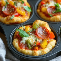 - 1 package refrigerated crescent roll dough - 1 cup pizza sauce (store-bought or homemade) - 1 cup shredded mozzarella cheese - ½ cup sliced pepperoni - ½ cup diced bell peppers (any color) - ¼ cup sliced black olives (optional) - 1 teaspoon Italian seasoning - 1 tablespoon olive oil - Fresh basil leaves for garnish (optional) The heart of these mini crescent roll deep dish pizzas lies in their ingredients. Each one plays a role in creating that crispy and savory bite. First, we start with the crescent roll dough. It creates the perfect crust that hugs all the flavors inside. You’ll want to grab a pack from the fridge. Next, the pizza sauce is key. You can use store-bought sauce for speed. Or, make your own for a fresh taste. Either way, it enhances the pizza's flavor. The mozzarella cheese is a must; it melts beautifully and adds creaminess. Now, let’s talk toppings! Pepperoni gives that classic pizza taste. Bell peppers add color and crunch. If you like, throw in black olives for a briny bite. Don’t forget Italian seasoning! It adds a wonderful aroma. A little olive oil brushed on the dough helps it brown nicely. Finally, fresh basil leaves make a lovely garnish. They add a pop of color and flavor when you serve. If you want to switch up the dough, consider using pizza dough or puff pastry. These options work great too. For cheese, try cheddar or a blend of different cheeses. Experiment with toppings! Some tasty ideas include mushrooms, spinach, or even cooked sausage. If you prefer homemade pizza sauce, blend canned tomatoes, garlic, and herbs. This gives a great fresh taste. The beauty of this recipe is its flexibility. You can craft it to fit your mood or what you have on hand. First, I preheat my oven to 375°F (190°C). This step is key for a good bake. Next, I take my muffin pan and grease it lightly with some olive oil. This helps the pizzas come out easily later. Now, I unroll the refrigerated crescent roll dough. Each tube has triangles of dough. I separate them and lay each triangle in a muffin cup, pressing down to form a crust. I let the edges hang over the sides for a nice look. Now comes the fun part! I spoon about 1 tablespoon of pizza sauce into each dough-lined cup. This adds a burst of flavor. Next, I evenly sprinkle shredded mozzarella cheese over the sauce. This cheese makes everything gooey and delicious. Then, I add my favorite toppings. I use sliced pepperoni, diced bell peppers, and black olives if I have them. I make sure to spread everything out evenly for the best taste. Finally, I sprinkle a bit of Italian seasoning over the top. This gives the pizza its classic flavor. With my mini pizzas ready, I fold the dough edges over any toppings that stick out. This keeps everything inside. I bake them in my preheated oven for about 12-15 minutes. I watch closely. When the crust turns golden brown and the cheese is bubbly, I know they are done. After baking, I let them cool for a minute. Then, I carefully remove them from the pan. If I want to add a touch of freshness, I can garnish them with basil leaves. Now they are ready to enjoy! To make sure your dough crisps up nicely, follow these steps: - Brush with olive oil: Lightly coat the dough with olive oil before baking. This helps create a golden crust. - Don’t overload toppings: Use just enough toppings to keep the dough from getting soggy. Aim for balance! Baking time may differ depending on your oven. Start checking at the 12-minute mark. If your pizza crust isn’t golden yet, give it a few more minutes. Each oven heats differently, so watch closely. Enhance the flavor of your mini pizzas with these ideas: - Pair with fresh salads: A crisp salad adds a nice contrast to the warm pizzas. - Try fun dips: Serve with garlic sauce, ranch, or marinara for extra flavor. These sides and dips will keep your meal exciting and tasty. Avoid these common errors to ensure your mini pizzas shine: - Overfilling the mini pizzas: Too many toppings can lead to a messy pizza. Keep it simple. - Not preheating the oven correctly: Always preheat to the set temperature. This step is key for crispiness. By following these tips, you'll enjoy perfect mini crescent roll deep dish pizzas every time. {{image_2}} You can make your mini crescent roll deep dish pizzas just how you like them. If you prefer vegan or vegetarian options, skip the pepperoni and use more veggies. Try mushrooms, spinach, or artichokes for great flavor. You can also use vegan cheese to keep it dairy-free. For those who love heat, add jalapeños or drizzle hot sauce on top. This adds a nice kick and makes each bite exciting. Why not explore different flavors? You can create Mediterranean-style mini pizzas. Use feta cheese, olives, and sun-dried tomatoes for a tasty twist. For BBQ lovers, swap the pizza sauce with BBQ sauce. Add shredded chicken and red onions for BBQ chicken mini pizzas. Taco-themed variations are fun, too! Use taco sauce, ground beef, and top with cheese. Finish with lettuce and tomatoes for a fresh touch. Using seasonal ingredients can make your mini pizzas even better. In spring, add fresh asparagus or peas. In summer, use ripe tomatoes and zucchini. For fall, try pumpkin puree and sage for a unique taste. During winter holidays, make themed mini pizzas. Shape the crust like snowflakes and top with red and green veggies. This adds fun and festivity to your meals. To keep your mini crescent roll deep dish pizzas fresh, store them in airtight containers. Glass or plastic containers work well. Place a paper towel inside to absorb moisture. This helps prevent sogginess. You can store them in the fridge for up to three days. To reheat and keep the crust crispy, use an oven or toaster oven. Preheat your oven to 350°F (175°C). Place the pizzas on a baking sheet. Heat for about 10 minutes. This method helps the crust regain its crunch. If using a microwave, heat for about 30 seconds. The crust may not be as crispy. You can freeze these mini pizzas before or after baking. If freezing before baking, place them in a single layer on a baking sheet. Once frozen, transfer them to a freezer bag. They can stay fresh for up to two months. To thaw, place them in the fridge overnight. Reheat in the oven as described above for best results. You can use several options for the crust. Here are some great choices: - Puff pastry - Pizza dough - Biscuits dough - Tortillas Each option gives a different texture and taste. Puff pastry is flaky. Pizza dough is chewy. Biscuits dough adds a nice fluff. Tortillas create a thin crust. If you lack a muffin pan, don't worry! You can use these tools: - A regular baking sheet - Ramekins or oven-safe cups - Aluminum foil to shape cups Just form the dough into small rounds and place them on the baking sheet. Shape foil into cups if needed. Bake until golden. Yes, you can prep these mini pizzas in advance. Here are some tips: - Assemble them, but don’t bake. - Store them in the fridge for up to 24 hours. - Bake them just before serving. This way, you save time when guests arrive. To keep cheese from burning, use these strategies: - Choose low-moisture mozzarella. - Add cheese after the first few minutes of baking. - Cover with foil if it starts to brown too fast. These tips help keep your cheese melty and delicious! Mini crescent roll pizzas are fun, easy, and customizable. We explored key ingredients and various toppings. I shared steps for making and baking them perfectly. We also covered storage tips and common mistakes to avoid. Remember, you can get creative with flavors and styles. So try different cheeses or spices. Enjoy your pizza-making and savor each bite. Happy cooking!