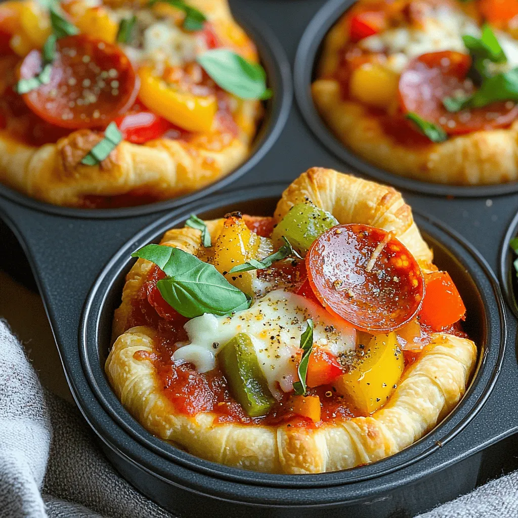 - 1 package refrigerated crescent roll dough - 1 cup pizza sauce (store-bought or homemade) - 1 cup shredded mozzarella cheese - ½ cup sliced pepperoni - ½ cup diced bell peppers (any color) - ¼ cup sliced black olives (optional) - 1 teaspoon Italian seasoning - 1 tablespoon olive oil - Fresh basil leaves for garnish (optional) The heart of these mini crescent roll deep dish pizzas lies in their ingredients. Each one plays a role in creating that crispy and savory bite. First, we start with the crescent roll dough. It creates the perfect crust that hugs all the flavors inside. You’ll want to grab a pack from the fridge. Next, the pizza sauce is key. You can use store-bought sauce for speed. Or, make your own for a fresh taste. Either way, it enhances the pizza's flavor. The mozzarella cheese is a must; it melts beautifully and adds creaminess. Now, let’s talk toppings! Pepperoni gives that classic pizza taste. Bell peppers add color and crunch. If you like, throw in black olives for a briny bite. Don’t forget Italian seasoning! It adds a wonderful aroma. A little olive oil brushed on the dough helps it brown nicely. Finally, fresh basil leaves make a lovely garnish. They add a pop of color and flavor when you serve. If you want to switch up the dough, consider using pizza dough or puff pastry. These options work great too. For cheese, try cheddar or a blend of different cheeses. Experiment with toppings! Some tasty ideas include mushrooms, spinach, or even cooked sausage. If you prefer homemade pizza sauce, blend canned tomatoes, garlic, and herbs. This gives a great fresh taste. The beauty of this recipe is its flexibility. You can craft it to fit your mood or what you have on hand. First, I preheat my oven to 375°F (190°C). This step is key for a good bake. Next, I take my muffin pan and grease it lightly with some olive oil. This helps the pizzas come out easily later. Now, I unroll the refrigerated crescent roll dough. Each tube has triangles of dough. I separate them and lay each triangle in a muffin cup, pressing down to form a crust. I let the edges hang over the sides for a nice look. Now comes the fun part! I spoon about 1 tablespoon of pizza sauce into each dough-lined cup. This adds a burst of flavor. Next, I evenly sprinkle shredded mozzarella cheese over the sauce. This cheese makes everything gooey and delicious. Then, I add my favorite toppings. I use sliced pepperoni, diced bell peppers, and black olives if I have them. I make sure to spread everything out evenly for the best taste. Finally, I sprinkle a bit of Italian seasoning over the top. This gives the pizza its classic flavor. With my mini pizzas ready, I fold the dough edges over any toppings that stick out. This keeps everything inside. I bake them in my preheated oven for about 12-15 minutes. I watch closely. When the crust turns golden brown and the cheese is bubbly, I know they are done. After baking, I let them cool for a minute. Then, I carefully remove them from the pan. If I want to add a touch of freshness, I can garnish them with basil leaves. Now they are ready to enjoy! To make sure your dough crisps up nicely, follow these steps: - Brush with olive oil: Lightly coat the dough with olive oil before baking. This helps create a golden crust. - Don’t overload toppings: Use just enough toppings to keep the dough from getting soggy. Aim for balance! Baking time may differ depending on your oven. Start checking at the 12-minute mark. If your pizza crust isn’t golden yet, give it a few more minutes. Each oven heats differently, so watch closely. Enhance the flavor of your mini pizzas with these ideas: - Pair with fresh salads: A crisp salad adds a nice contrast to the warm pizzas. - Try fun dips: Serve with garlic sauce, ranch, or marinara for extra flavor. These sides and dips will keep your meal exciting and tasty. Avoid these common errors to ensure your mini pizzas shine: - Overfilling the mini pizzas: Too many toppings can lead to a messy pizza. Keep it simple. - Not preheating the oven correctly: Always preheat to the set temperature. This step is key for crispiness. By following these tips, you'll enjoy perfect mini crescent roll deep dish pizzas every time. {{image_2}} You can make your mini crescent roll deep dish pizzas just how you like them. If you prefer vegan or vegetarian options, skip the pepperoni and use more veggies. Try mushrooms, spinach, or artichokes for great flavor. You can also use vegan cheese to keep it dairy-free. For those who love heat, add jalapeños or drizzle hot sauce on top. This adds a nice kick and makes each bite exciting. Why not explore different flavors? You can create Mediterranean-style mini pizzas. Use feta cheese, olives, and sun-dried tomatoes for a tasty twist. For BBQ lovers, swap the pizza sauce with BBQ sauce. Add shredded chicken and red onions for BBQ chicken mini pizzas. Taco-themed variations are fun, too! Use taco sauce, ground beef, and top with cheese. Finish with lettuce and tomatoes for a fresh touch. Using seasonal ingredients can make your mini pizzas even better. In spring, add fresh asparagus or peas. In summer, use ripe tomatoes and zucchini. For fall, try pumpkin puree and sage for a unique taste. During winter holidays, make themed mini pizzas. Shape the crust like snowflakes and top with red and green veggies. This adds fun and festivity to your meals. To keep your mini crescent roll deep dish pizzas fresh, store them in airtight containers. Glass or plastic containers work well. Place a paper towel inside to absorb moisture. This helps prevent sogginess. You can store them in the fridge for up to three days. To reheat and keep the crust crispy, use an oven or toaster oven. Preheat your oven to 350°F (175°C). Place the pizzas on a baking sheet. Heat for about 10 minutes. This method helps the crust regain its crunch. If using a microwave, heat for about 30 seconds. The crust may not be as crispy. You can freeze these mini pizzas before or after baking. If freezing before baking, place them in a single layer on a baking sheet. Once frozen, transfer them to a freezer bag. They can stay fresh for up to two months. To thaw, place them in the fridge overnight. Reheat in the oven as described above for best results. You can use several options for the crust. Here are some great choices: - Puff pastry - Pizza dough - Biscuits dough - Tortillas Each option gives a different texture and taste. Puff pastry is flaky. Pizza dough is chewy. Biscuits dough adds a nice fluff. Tortillas create a thin crust. If you lack a muffin pan, don't worry! You can use these tools: - A regular baking sheet - Ramekins or oven-safe cups - Aluminum foil to shape cups Just form the dough into small rounds and place them on the baking sheet. Shape foil into cups if needed. Bake until golden. Yes, you can prep these mini pizzas in advance. Here are some tips: - Assemble them, but don’t bake. - Store them in the fridge for up to 24 hours. - Bake them just before serving. This way, you save time when guests arrive. To keep cheese from burning, use these strategies: - Choose low-moisture mozzarella. - Add cheese after the first few minutes of baking. - Cover with foil if it starts to brown too fast. These tips help keep your cheese melty and delicious! Mini crescent roll pizzas are fun, easy, and customizable. We explored key ingredients and various toppings. I shared steps for making and baking them perfectly. We also covered storage tips and common mistakes to avoid. Remember, you can get creative with flavors and styles. So try different cheeses or spices. Enjoy your pizza-making and savor each bite. Happy cooking!