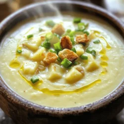 - 6 medium-sized potatoes, peeled and diced - 1 head of garlic - 3 tablespoons olive oil The main ingredients bring rich flavor and texture. Potatoes form the base of the soup. I prefer using Yukon Gold for their creamy texture. Garlic adds a sweet, roasted note that makes the soup special. Finally, olive oil helps to sauté the onions, enhancing the dish. - 1 medium onion, chopped - 4 cups vegetable broth - 1 cup heavy cream Onions provide a savory foundation. They caramelize nicely when sautéed. Vegetable broth gives the soup depth without overpowering the flavors. Heavy cream adds richness and makes the soup velvety. It’s optional but highly recommended for that luxurious feel. - Salt and pepper to taste - 1 tablespoon fresh thyme leaves (or 1 teaspoon dried thyme) - 2 green onions, sliced (for garnish) - Croutons (optional, for garnish) Season with salt and pepper to enhance all the flavors. Fresh thyme adds an earthy aroma that brightens the soup. I love garnishing with sliced green onions for a fresh crunch. Croutons add texture and can be a fun touch. You can make them crispy in the oven for added flavor. To start, preheat your oven to 400°F (200°C). Grab a head of garlic and cut the top off. Drizzle it with 1 tablespoon of olive oil. Wrap the garlic in foil to keep it moist. Roast it in the oven for about 30 to 35 minutes. The garlic will become soft and caramelized. This adds a sweet, rich flavor to your soup. While the garlic roasts, take 6 medium-sized potatoes. Peel and dice them into small cubes. This helps them cook faster. Set them aside for later. You’ll add these to your soup for a creamy base. Next, you’ll want to heat 2 tablespoons of olive oil in a large pot over medium heat. Add a chopped medium onion. Sauté it until it is translucent, which should take about 5 minutes. This step builds a nice flavor base for your soup. Once the onion is ready, add the diced potatoes to the pot. Stir them for a couple of minutes. Then, pour in 4 cups of vegetable broth. Bring this mixture to a boil. After it boils, reduce the heat and let it simmer for 15 to 20 minutes. You want the potatoes to be tender at this point. After the garlic is roasted, squeeze the soft cloves out of their skins. Add them to the pot along with 1 tablespoon of fresh thyme leaves. Using an immersion blender, puree the soup until it is smooth and creamy. If you don’t have an immersion blender, carefully transfer the soup to a regular blender in batches. Return the blended soup to low heat. Stir in 1 cup of heavy cream. This will make your soup extra creamy. Season with salt and pepper to taste. Heat it through, but do not let it boil. Your soup is now ready to serve! A smooth soup makes a big difference. Use a high-quality blender. An immersion blender is great for this soup. It keeps the soup warm while you blend. If you use a regular blender, blend in small batches. This keeps the soup from spilling. If your soup is too thick, add more broth. For a thicker soup, cook it a bit longer. You can also add less broth at the start. Adjusting the thickness helps match your taste. Herbs make your soup shine. Fresh thyme adds a lovely taste. You can also try adding rosemary or parsley. These herbs enhance the flavor without overpowering it. If you want a lighter soup, swap heavy cream. Use half-and-half or dairy-free cream. Both options keep the soup creamy without the extra calories. Pair this soup with crusty bread. It makes for a filling meal. You can also serve a simple salad on the side. For a beautiful look, garnish with sliced green onions. Croutons add a nice crunch. Drizzle some olive oil on top for extra flavor. These touches make your soup more inviting. {{image_2}} You can change up the soup with different veggies. For a twist, try carrots or parsnips. Each adds a unique taste and texture. You can also use cauliflower for a lighter version. It blends well and gives a nice flavor. If you want a lighter cream, use coconut milk or almond milk. They still create a creamy soup but with less fat. Just keep the same amount as heavy cream in the recipe. To make a vegan version, skip the heavy cream. Use coconut cream or cashew cream instead. Both options keep the soup rich and creamy. Make sure to check that the broth is vegan too. For gluten-free variations, the recipe is already gluten-free. Just confirm your broth does not contain gluten. This soup fits many diets and still tastes great. Adding spices brings new life to your soup. A pinch of smoked paprika adds warmth. Try a dash of cayenne for some heat if you like spice. You can also mix in proteins for a hearty meal. Adding cooked bacon or shredded chicken makes it filling. Beans can work too, adding protein while keeping it plant-based. These variations let you customize the soup to your taste. Enjoy experimenting with flavors and ingredients! For short-term storage, keep your soup in the fridge. Use a clean, airtight container. Glass jars or plastic containers work well. Make sure the soup cools down before sealing it. It helps to avoid condensation inside the container. You can freeze the soup for long-term storage. Let it cool fully first. Then, pour it into freezer-safe containers. Leave some space at the top, as the soup will expand when frozen. To reheat, thaw it in the fridge overnight. Heat it gently on the stove. Stir often to keep it smooth. How long will it last? In the fridge, the soup stays fresh for about 3 to 4 days. In the freezer, it can last up to 3 months. Check for signs of spoilage. If the soup smells sour or has mold, it's time to toss it. Always trust your senses when checking food. Yes, you can make this soup ahead of time. Just follow these tips for the best results: - Cool Completely: Let the soup cool before storing. - Use Airtight Containers: Store the soup in airtight containers to keep it fresh. - Refrigerate: Keep it in the fridge for up to three days. - Reheat Gently: When you reheat, do it on low heat to avoid boiling. If you need a substitute for heavy cream, here are some options: - Coconut Milk: This gives a nice creaminess with a hint of flavor. - Cashew Cream: Blend soaked cashews with water for a rich texture. - Milk and Butter: Mix equal parts milk and melted butter for a quick fix. - Greek Yogurt: This adds creaminess and a bit of tang. To add some heat, try these simple tips: - Red Pepper Flakes: Stir in a pinch while cooking for a nice kick. - Hot Sauce: Add a splash to the soup before serving. - Jalapeños: Chop fresh jalapeños and sauté them with the onion. - Spicy Sausage: Crumble some spicy sausage into the soup for added flavor. This blog post covered how to make a delicious potato and garlic soup. You learned about the key ingredients, cooking steps, and helpful tips. We explored variations for different diets and flavors. Proper storage ensures your soup stays fresh. In conclusion, making this soup is simple and rewarding. Try it out and enjoy a warm bowl today. You have the tools to create a satisfying meal. Happy cooking!