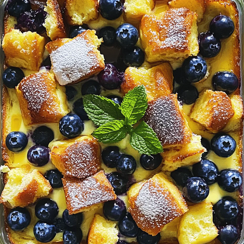 To make the Blueberry French Toast Casserole, gather these simple ingredients: - 1 loaf of challah bread, cut into 1-inch cubes - 2 cups fresh blueberries (or frozen, thawed) - 6 large eggs - 2 cups whole milk - 1/2 cup maple syrup - 1 teaspoon vanilla extract - 1 teaspoon ground cinnamon - 1/4 teaspoon nutmeg - 1/4 teaspoon salt - 2 tablespoons unsalted butter, softened (for greasing) - Powdered sugar (for serving) - Fresh mint leaves for garnish (optional) Using challah bread gives the casserole a rich texture. Blueberries add natural sweetness and color. The eggs and milk create a creamy base. Maple syrup brings a lovely flavor. Vanilla and spices like cinnamon and nutmeg add warmth. Don't forget the powdered sugar for a sweet finish! You can use fresh mint as a nice touch for garnish. This list helps you prepare a delightful dish that is both easy and tasty. Each ingredient plays a role in creating a perfect breakfast or brunch treat. - Preheat the oven to 350°F (175°C). - Grease the baking dish with butter. This helps the casserole not stick. - Spread half of the cubed challah bread evenly in the dish. - Sprinkle half of the blueberries over the bread. This gives a nice taste in every bite. - In a large bowl, whisk together the eggs, milk, and spices. - Add maple syrup, vanilla, cinnamon, nutmeg, and salt. Mix until smooth. - Pour the egg mixture over the layered bread and blueberries. - Ensure all pieces get soaked. Press down gently with a spatula. - You can cover and refrigerate for at least 1 hour. - If you want, you can skip this step to bake right away. - After chilling, let the casserole sit for 20 minutes at room temp. - Bake for 40-45 minutes until golden brown on top. - Let cool for about 10 minutes before slicing. - Dust with powdered sugar and garnish with fresh mint leaves if you like. Challah bread and brioche both make great choices for this casserole. I prefer challah because it has a rich flavor and a soft texture. It soaks up the egg mixture well. Brioche is also tasty but can be a bit sweeter. If you like a sweeter dish, brioche might be your go-to. Both breads will give you a delicious meal. You can prepare this casserole the night before. Just cover it with plastic wrap and place it in the fridge. Let it chill for at least one hour or overnight. This way, the bread absorbs the egg mix better. When you are ready to bake, take it out and let it sit for 20 minutes. This helps it bake evenly. Ovens can vary in how they cook. Keep an eye on your casserole while it bakes. If your oven runs hot, check it a few minutes early. If it runs cool, you might need to add a few more minutes. The top should be golden brown, and the inside should not jiggle when you shake it. Adjust the time based on your oven for perfect results. {{image_2}} You can change up the fruit in this dish. If blueberries are not in season, try other berries. Raspberries, strawberries, or blackberries all work great. You can also use sliced peaches or apples for a tasty twist. Just keep the same amount as the recipe calls for. Each fruit brings its own flavor and fun to the casserole. If you need a gluten-free version, use gluten-free bread. Many stores sell gluten-free bread that tastes good. Look for bread that is soft and has a nice texture. You can also make your own gluten-free bread if you like. Just ensure it is sturdy enough to hold up to the egg mixture. To make this casserole vegan, swap out the eggs and milk. Use a plant-based milk like almond or oat milk. For eggs, you can use flaxseed meal or a store-bought egg replacer. Mix 1 tablespoon of flaxseed meal with 2.5 tablespoons of water to replace one egg. This will help keep the texture nice and fluffy. After your Blueberry French Toast Casserole cools, cut it into portions. Place the pieces in an airtight container. Store the casserole in the fridge for up to three days. This keeps it fresh and tasty for your next meal. You can freeze Blueberry French Toast Casserole for longer storage. Cut it into pieces and wrap each piece in plastic wrap. Then, place the wrapped portions in a freezer-safe bag. This way, you can enjoy a slice anytime within three months. To reheat the casserole, take a piece from the fridge or freezer. If frozen, let it thaw overnight in the fridge first. Preheat your oven to 350°F (175°C). Place the casserole piece in an oven-safe dish. Cover it with foil to keep it moist. Heat for about 15 to 20 minutes, or until warm. This method helps keep the texture soft and delicious. You can also use a microwave if you are in a hurry. Just heat for a minute or two, checking often to avoid overcooking. Yes, you can use frozen blueberries. Thaw them first and drain excess water. This step helps keep the casserole from getting too soggy. You can gently pat them dry with a paper towel for best results. Frozen berries work well, but fresh ones add a nice burst of flavor. The casserole lasts about 3 to 4 days in the fridge. Make sure to cover it well with plastic wrap or foil. This keeps it fresh and prevents it from drying out. Reheat individual portions in the microwave for quick servings. Yes, you can make this recipe without eggs. Use mashed bananas or unsweetened applesauce as substitutes. About 1/4 cup of either can replace one egg. This change may alter the texture slightly but still gives great flavor. You can add various toppings to your casserole. Some great options include whipped cream, fresh blueberries, or sliced almonds. A drizzle of extra maple syrup adds sweetness, while a sprinkle of powdered sugar makes it look fancy. Fresh mint leaves also add a nice touch. You know the casserole is done when the top is golden brown. The custard should also be set, not jiggly. You can insert a knife in the center; it should come out clean. Let it cool for about 10 minutes before serving for the best texture. This casserole blends challah, blueberries, and spices into a delicious treat. You learned how to prepare, bake, and serve this dish with helpful tips. Remember, you can swap ingredients or make it ahead of time for convenience. Storing leftovers is simple, and reheating keeps it tasty. Experiment with toppings or different fruits for variety. Enjoy creating your very own breakfast masterpiece. Each bite will surely impress friends and family!