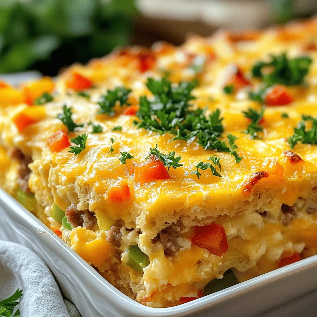 - 1 pound breakfast sausage - 6 large eggs - 2 cups shredded cheddar cheese - 1 cup milk - 1 cup diced bell peppers - 1 cup diced onion - 4 cups cubed day-old bread - 1 teaspoon garlic powder - 1 teaspoon onion powder - Salt and pepper to taste - Fresh parsley for garnish The Cheesy Sausage Breakfast Casserole has simple yet tasty ingredients. The sausage gives it a savory touch. Eggs make it fluffy and filling. Cheddar cheese brings a rich flavor that melts perfectly. The diced bell peppers and onions add color and crunch. Day-old bread soaks up all the goodness. You can swap the breakfast sausage for turkey or chicken sausage. This helps cut down on fat. For cheese, try mozzarella or pepper jack. Each cheese adds a unique twist to the flavor. If you need gluten-free, use gluten-free bread. These swaps let you enjoy this dish while keeping it light. 1. First, preheat your oven to 350°F (175°C). This helps cook the casserole evenly. 2. Next, grease a 9x13 inch baking dish. You can use non-stick spray or butter for this. 3. In a large skillet, cook 1 pound of breakfast sausage over medium heat. Break it apart with a spatula. Cook until the sausage is fully browned. Drain any extra grease and set it aside. 1. In a big mixing bowl, beat together 6 large eggs and 1 cup of milk. 2. Stir in 1 teaspoon of garlic powder, 1 teaspoon of onion powder, and salt and pepper to taste. 3. Add the cooked sausage, 1 cup of diced bell peppers, 1 cup of diced onion, and 1 cup of shredded cheddar cheese to the egg mix. Stir well to combine. 4. Gently fold in 4 cups of cubed day-old bread. Make sure all the bread pieces are coated in the egg mixture. 1. Pour the mixture into the greased baking dish. Spread it out evenly. 2. Top the casserole with the remaining 1 cup of shredded cheddar cheese. 3. Bake in the preheated oven for 30-35 minutes. Check if it's done when it is puffed, set in the center, and the cheese is golden and bubbly. 4. After baking, let the casserole cool for 5-10 minutes. This makes it easier to slice. Garnish with fresh parsley before serving. - Ensure the bread is cubed evenly: Cut the bread into 1-inch cubes. This helps it soak up the egg mix evenly. If the pieces are too large, some may stay dry after baking. - Tips for browning the sausage: Use medium heat and a non-stick skillet. Break the sausage into small pieces as it cooks. Stir it often until it turns a nice brown. This adds flavor to your dish. - Ideal sides to pair with the casserole: Fresh fruit salad or yogurt works great with this casserole. They add a light touch to your meal. You can also serve it with crispy hash browns for a hearty breakfast. - Breakfast garnishes for added flavor: Fresh parsley adds color and a hint of freshness. You might also sprinkle some red pepper flakes for a little kick. - Preparation and cooking time breakdown: It takes about 15 minutes to prep and 30-35 minutes to bake. Total time is around 50 minutes. Keep this in mind when planning breakfast. - Make-ahead tips for easy morning cooking: You can assemble the casserole the night before. Just cover it and place it in the fridge. In the morning, bake it right from the fridge. This saves time and gets everyone fed fast! {{image_2}} You can change the veggies in this dish. Try adding spinach or mushrooms. They bring new flavors and nutrition. You can also swap proteins. Use bacon or ham instead of sausage. Adjusting meats can give your casserole a fresh twist. Spices can take your casserole to the next level. Add cayenne for heat or paprika for a smokier taste. You can also mix up the cheese. Mozzarella or pepper jack can add creaminess or spice. Don’t be afraid to experiment with flavors you love. For a keto-friendly version, use low-carb bread. You can also switch to turkey or chicken sausage. If you want a vegan option, use plant-based sausage and dairy-free cheese. With a few changes, everyone can enjoy this dish. You can keep the cheesy sausage breakfast casserole in the fridge for up to three days. To keep it fresh, cover it tightly with plastic wrap or foil. When reheating, preheat your oven to 350°F (175°C). Place the casserole in an oven-safe dish and cover it with foil. Heat for about 20 minutes, or until warm. You can also microwave individual portions for a quick meal, just be careful not to overheat them. If you want to save some for later, freezing is a great option. Cut the casserole into portions and place them in freezer-safe containers. Make sure to leave a little space at the top for expansion. When you are ready to eat, take it out and let it thaw in the fridge overnight. To reheat, heat your oven to 350°F (175°C) and bake for about 30 minutes, or until it's hot all the way through. For best results, use airtight containers. Glass containers work well because they heat evenly. You can also use heavy-duty plastic containers. Remember to label each container with the date. This helps keep track of how long it has been stored. Always check for any signs of spoilage before eating. You can prepare this casserole the night before. Just follow the recipe to mix all the ingredients. Pour the mixture into the baking dish, but do not bake it yet. Cover the dish with plastic wrap and place it in the fridge. In the morning, preheat your oven and bake it straight from the fridge. This makes breakfast quick and easy! Absolutely! You can switch out cheddar for other cheeses. Monterey Jack or mozzarella work great. If you like spice, try pepper jack cheese. Each cheese brings its own taste and texture, making the dish fun and unique. For a full meal, think of fresh fruit or yogurt. You can also add crispy bacon or sausage links for extra protein. A side of mixed greens with a light dressing can balance the richness of the casserole too. Yes, you can skip the bread if you want. For a low-carb option, use cauliflower rice instead. This adds nice texture and keeps it filling. Just make sure to adjust the cooking time if needed. To check if your casserole is done, look for the cheese to be golden. The center should be puffed up and set. You can also insert a knife. If it comes out clean, your casserole is ready to enjoy! This breakfast casserole is full of great flavors and textures. You can easily change ingredients to fit your diet. Use turkey sausage, gluten-free bread, or plant-based options for healthier choices. Follow the steps closely for perfect results every time. You can prep ahead, freeze, and enjoy it later. With these tips and tricks, you'll impress your friends and family at breakfast. Celebrate with your special twist, and have fun making it! Eating well starts with simple, tasty meals like this one.